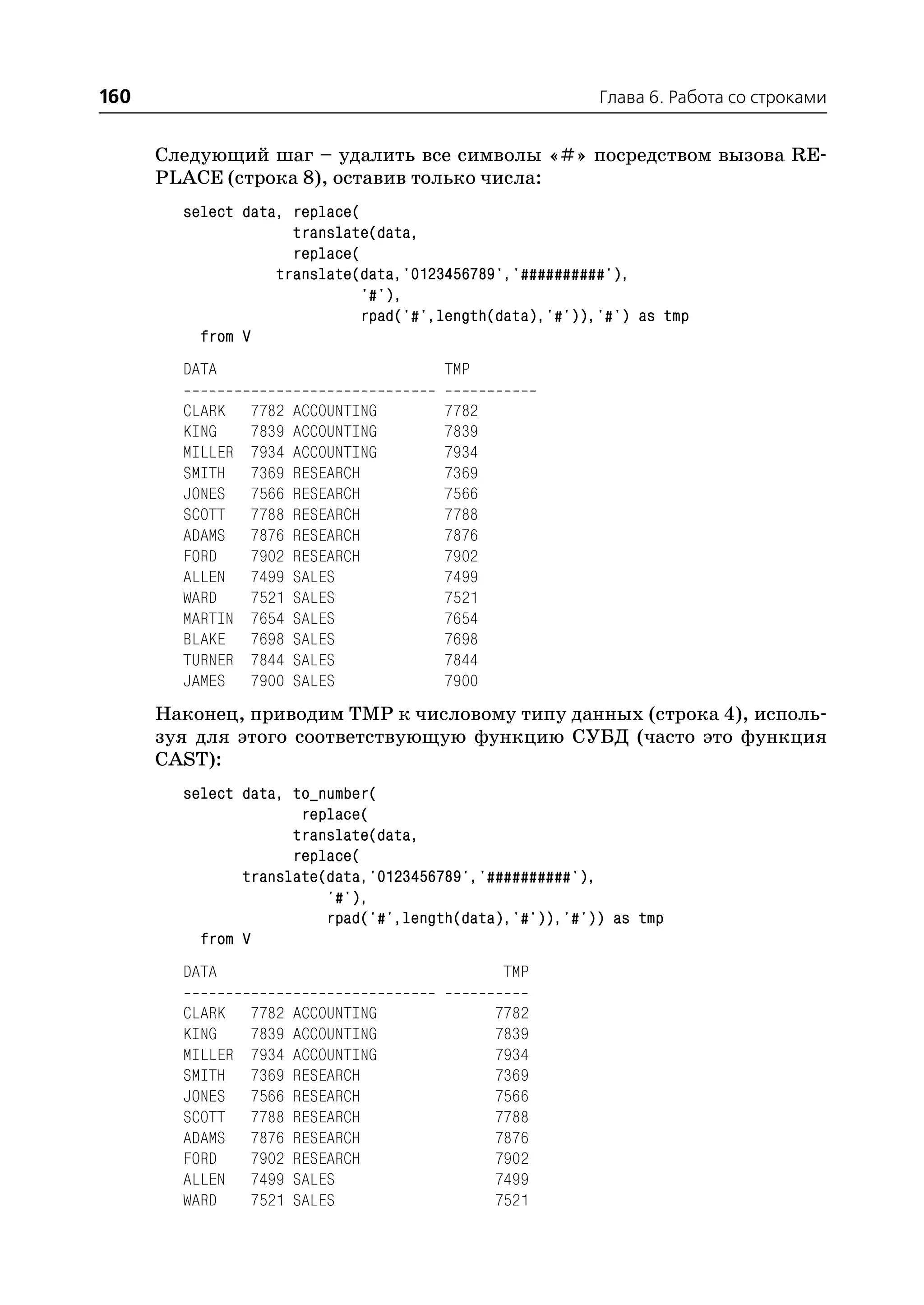 160                                                       Глава 6. Работа со строками


      Следующий шаг – удалить все символы «#» посредством вызова RE
      PLACE (строка 8), оставив только числа:
        select data, replace(
                     translate(data,
                     replace(
                   translate(data,'0123456789','##########'),
                              '#'),
                              rpad('#',length(data),'#')),'#') as tmp
          from V
        DATA                           TMP

        CLARK    7782   ACCOUNTING     7782
        KING     7839   ACCOUNTING     7839
        MILLER   7934   ACCOUNTING     7934
        SMITH    7369   RESEARCH       7369
        JONES    7566   RESEARCH       7566
        SCOTT    7788   RESEARCH       7788
        ADAMS    7876   RESEARCH       7876
        FORD     7902   RESEARCH       7902
        ALLEN    7499   SALES          7499
        WARD     7521   SALES          7521
        MARTIN   7654   SALES          7654
        BLAKE    7698   SALES          7698
        TURNER   7844   SALES          7844
        JAMES    7900   SALES          7900
      Наконец, приводим TMP к числовому типу данных (строка 4), исполь
      зуя для этого соответствующую функцию СУБД (часто это функция
      CAST):
        select data, to_number(
                      replace(
                     translate(data,
                     replace(
               translate(data,'0123456789','##########'),
                         '#'),
                         rpad('#',length(data),'#')),'#')) as tmp
          from V
        DATA                                  TMP

        CLARK    7782   ACCOUNTING            7782
        KING     7839   ACCOUNTING            7839
        MILLER   7934   ACCOUNTING            7934
        SMITH    7369   RESEARCH              7369
        JONES    7566   RESEARCH              7566
        SCOTT    7788   RESEARCH              7788
        ADAMS    7876   RESEARCH              7876
        FORD     7902   RESEARCH              7902
        ALLEN    7499   SALES                 7499
        WARD     7521   SALES                 7521
 