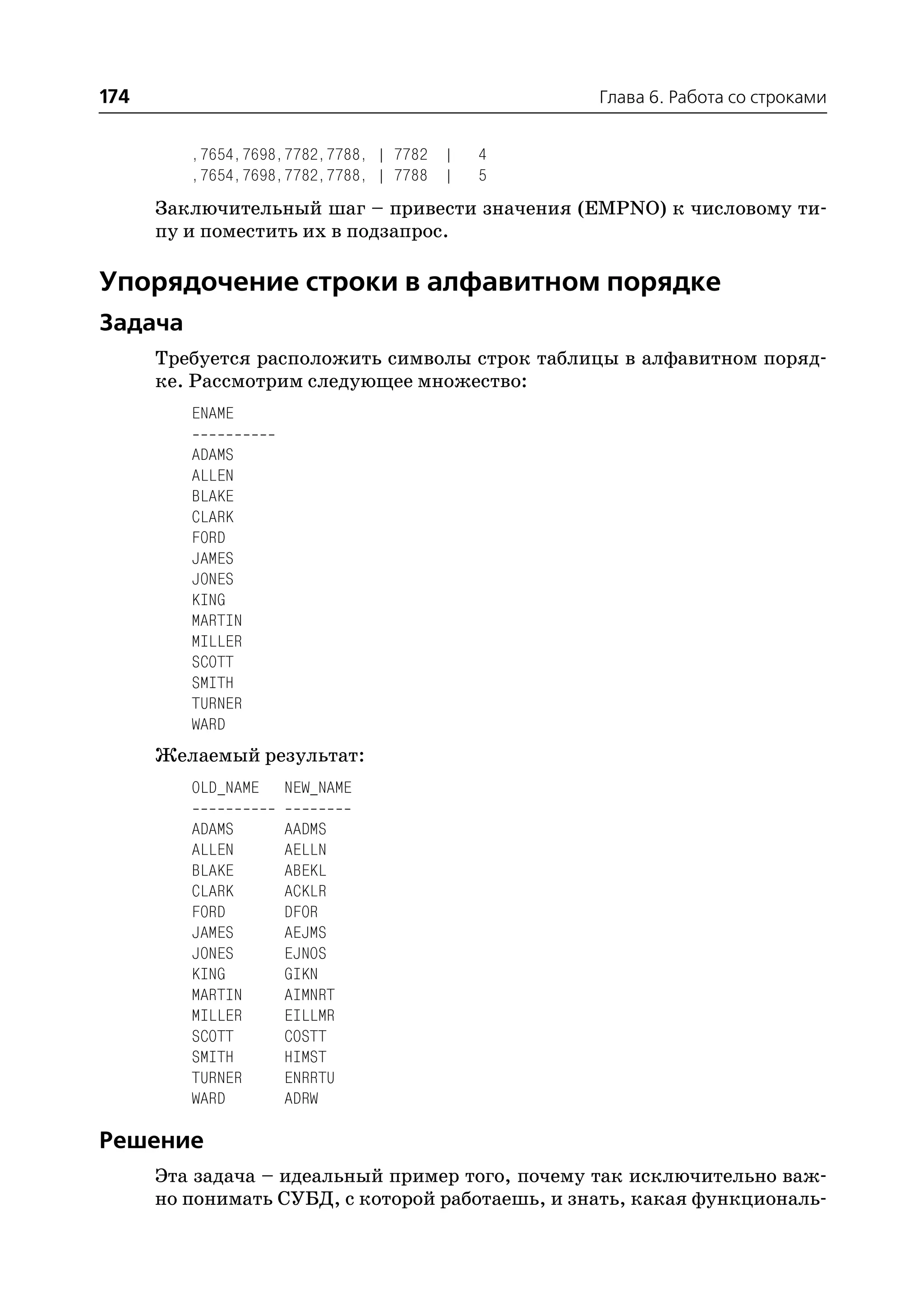 174                                              Глава 6. Работа со строками


         ,7654,7698,7782,7788, | 7782 |   4
         ,7654,7698,7782,7788, | 7788 |   5
      Заключительный шаг – привести значения (EMPNO) к числовому ти
      пу и поместить их в подзапрос.

Упорядочение строки в алфавитном порядке
Задача
      Требуется расположить символы строк таблицы в алфавитном поряд
      ке. Рассмотрим следующее множество:
         ENAME

         ADAMS
         ALLEN
         BLAKE
         CLARK
         FORD
         JAMES
         JONES
         KING
         MARTIN
         MILLER
         SCOTT
         SMITH
         TURNER
         WARD
      Желаемый результат:
         OLD_NAME   NEW_NAME

         ADAMS      AADMS
         ALLEN      AELLN
         BLAKE      ABEKL
         CLARK      ACKLR
         FORD       DFOR
         JAMES      AEJMS
         JONES      EJNOS
         KING       GIKN
         MARTIN     AIMNRT
         MILLER     EILLMR
         SCOTT      COSTT
         SMITH      HIMST
         TURNER     ENRRTU
         WARD       ADRW

Решение
      Эта задача – идеальный пример того, почему так исключительно важ
      но понимать СУБД, с которой работаешь, и знать, какая функциональ
 