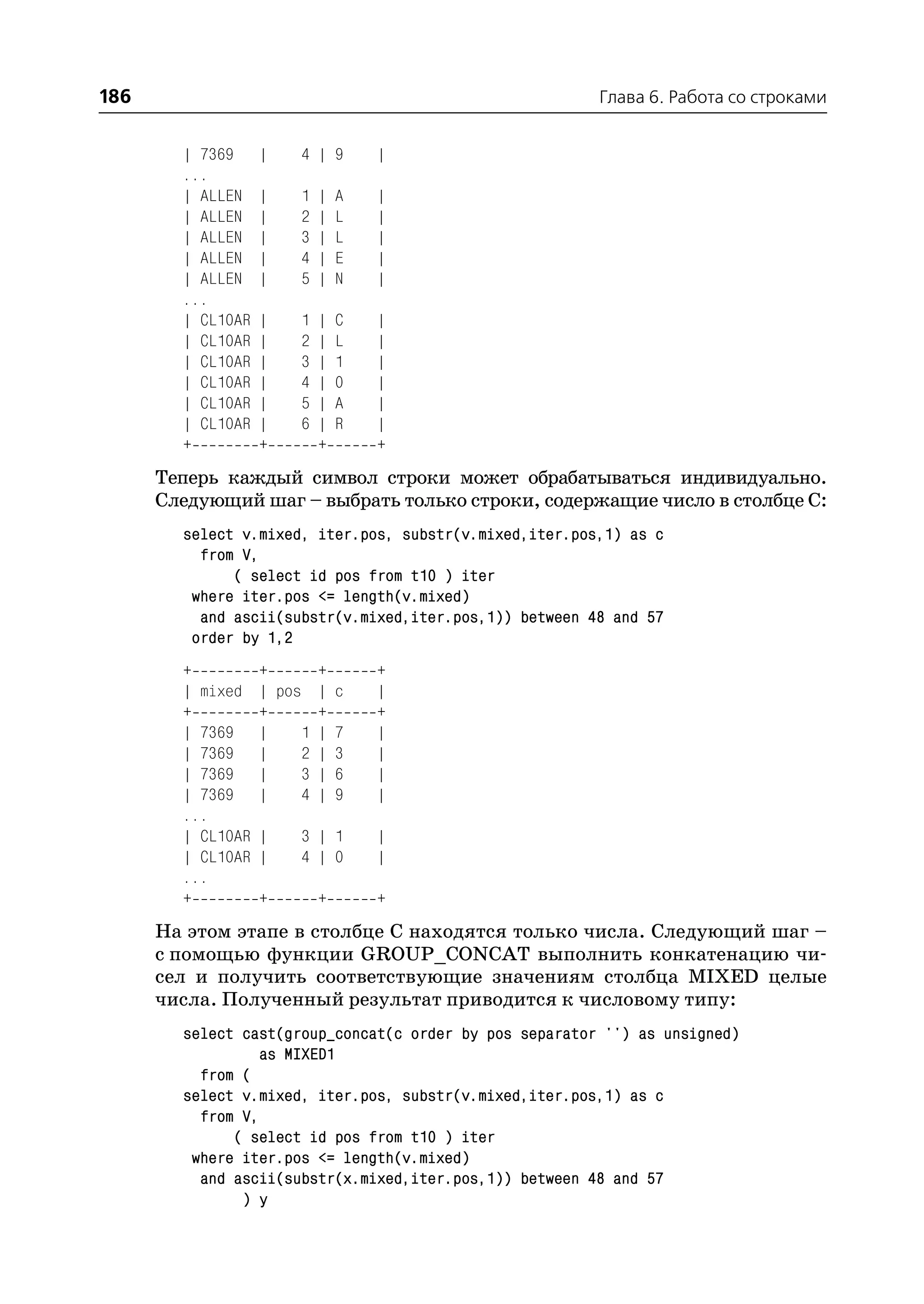 186                                                      Глава 6. Работа со строками


        | 7369     |    4 | 9       |
        ...
        | ALLEN    |    1   |   A   |
        | ALLEN    |    2   |   L   |
        | ALLEN    |    3   |   L   |
        | ALLEN    |    4   |   E   |
        | ALLEN    |    5   |   N   |
        ...
        | CL10AR   |    1   |   C   |
        | CL10AR   |    2   |   L   |
        | CL10AR   |    3   |   1   |
        | CL10AR   |    4   |   0   |
        | CL10AR   |    5   |   A   |
        | CL10AR   |    6   |   R   |
        +          +        +       +
      Теперь каждый символ строки может обрабатываться индивидуально.
      Следующий шаг – выбрать только строки, содержащие число в столбце С:
        select v.mixed, iter.pos, substr(v.mixed,iter.pos,1) as c
          from V,
              ( select id pos from t10 ) iter
         where iter.pos <= length(v.mixed)
          and ascii(substr(v.mixed,iter.pos,1)) between 48 and 57
         order by 1,2
        +          +      +         +
        | mixed    | pos | c        |
        +          +      +         +
        | 7369     |    1 | 7       |
        | 7369     |    2 | 3       |
        | 7369     |    3 | 6       |
        | 7369     |    4 | 9       |
        ...
        | CL10AR   |    3 | 1       |
        | CL10AR   |    4 | 0       |
        ...
        +          +        +       +
      На этом этапе в столбце С находятся только числа. Следующий шаг –
      с помощью функции GROUP_CONCAT выполнить конкатенацию чи
      сел и получить соответствующие значениям столбца MIXED целые
      числа. Полученный результат приводится к числовому типу:
        select cast(group_concat(c order by pos separator '') as unsigned)
                  as MIXED1
          from (
        select v.mixed, iter.pos, substr(v.mixed,iter.pos,1) as c
          from V,
              ( select id pos from t10 ) iter
         where iter.pos <= length(v.mixed)
          and ascii(substr(x.mixed,iter.pos,1)) between 48 and 57
               ) y
 