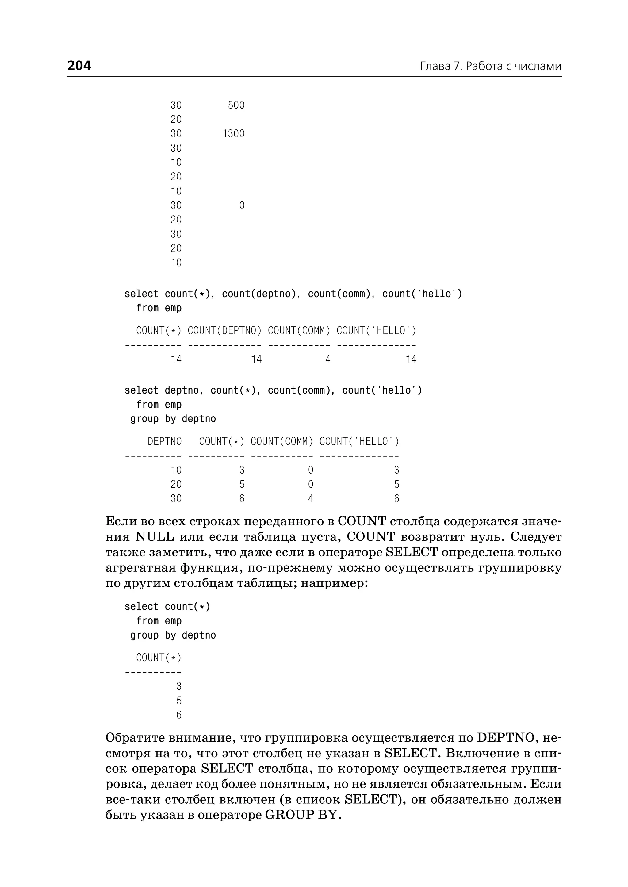204                                                             Глава 7. Работа с числами


                30          500
                20
                30         1300
                30
                10
                20
                10
                30            0
                20
                30
                20
                10

        select count(*), count(deptno), count(comm), count('hello')
          from emp
          COUNT(*) COUNT(DEPTNO) COUNT(COMM) COUNT('HELLO')

                14                14        4              14

        select deptno, count(*), count(comm), count('hello')
          from emp
         group by deptno
            DEPTNO   COUNT(*) COUNT(COMM) COUNT('HELLO')

                10            3         0              3
                20            5         0              5
                30            6         4              6
      Если во всех строках переданного в COUNT столбца содержатся значе
      ния NULL или если таблица пуста, COUNT возвратит нуль. Следует
      также заметить, что даже если в операторе SELECT определена только
      агрегатная функция, по прежнему можно осуществлять группировку
      по другим столбцам таблицы; например:
        select count(*)
          from emp
         group by deptno
          COUNT(*)

                 3
                 5
                 6
      Обратите внимание, что группировка осуществляется по DEPTNO, не
      смотря на то, что этот столбец не указан в SELECT. Включение в спи
      сок оператора SELECT столбца, по которому осуществляется группи
      ровка, делает код более понятным, но не является обязательным. Если
      все таки столбец включен (в список SELECT), он обязательно должен
      быть указан в операторе GROUP BY.
 