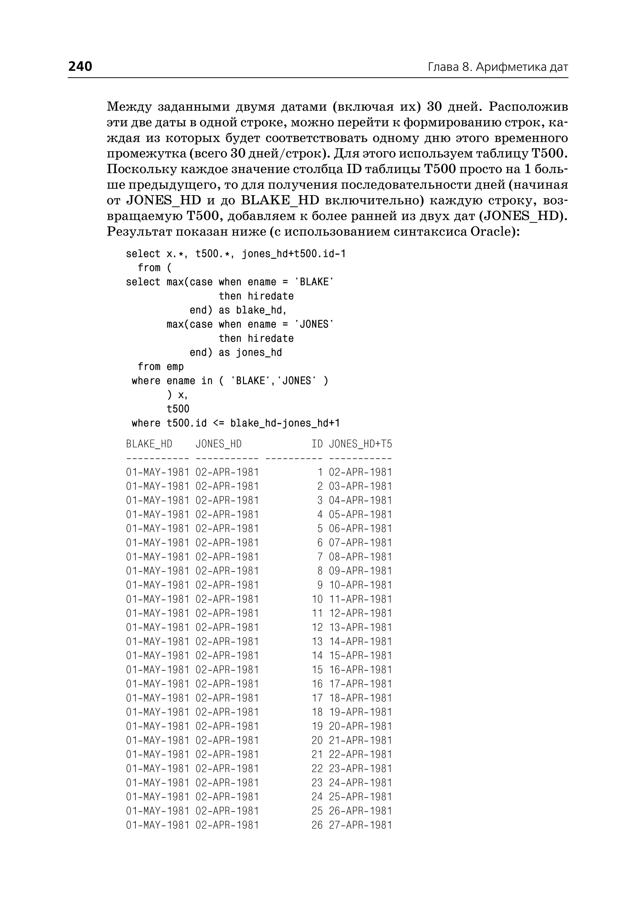 240                                                                Глава 8. Арифметика дат


      Между заданными двумя датами (включая их) 30 дней. Расположив
      эти две даты в одной строке, можно перейти к формированию строк, ка
      ждая из которых будет соответствовать одному дню этого временного
      промежутка (всего 30 дней/строк). Для этого используем таблицу T500.
      Поскольку каждое значение столбца ID таблицы T500 просто на 1 боль
      ше предыдущего, то для получения последовательности дней (начиная
      от JONES_HD и до BLAKE_HD включительно) каждую строку, воз
      вращаемую T500, добавляем к более ранней из двух дат (JONES_HD).
      Результат показан ниже (с использованием синтаксиса Oracle):
        select x.*, t500.*, jones_hd+t500.id 1
          from (
        select max(case when ename = 'BLAKE'
                         then hiredate
                    end) as blake_hd,
               max(case when ename = 'JONES'
                         then hiredate
                    end) as jones_hd
          from emp
         where ename in ( 'BLAKE','JONES' )
               ) x,
               t500
         where t500.id <= blake_hd jones_hd+1
        BLAKE_HD          JONES_HD          ID JONES_HD+T5

        01   MAY   1981   02   APR   1981    1   02   APR   1981
        01   MAY   1981   02   APR   1981    2   03   APR   1981
        01   MAY   1981   02   APR   1981    3   04   APR   1981
        01   MAY   1981   02   APR   1981    4   05   APR   1981
        01   MAY   1981   02   APR   1981    5   06   APR   1981
        01   MAY   1981   02   APR   1981    6   07   APR   1981
        01   MAY   1981   02   APR   1981    7   08   APR   1981
        01   MAY   1981   02   APR   1981    8   09   APR   1981
        01   MAY   1981   02   APR   1981    9   10   APR   1981
        01   MAY   1981   02   APR   1981   10   11   APR   1981
        01   MAY   1981   02   APR   1981   11   12   APR   1981
        01   MAY   1981   02   APR   1981   12   13   APR   1981
        01   MAY   1981   02   APR   1981   13   14   APR   1981
        01   MAY   1981   02   APR   1981   14   15   APR   1981
        01   MAY   1981   02   APR   1981   15   16   APR   1981
        01   MAY   1981   02   APR   1981   16   17   APR   1981
        01   MAY   1981   02   APR   1981   17   18   APR   1981
        01   MAY   1981   02   APR   1981   18   19   APR   1981
        01   MAY   1981   02   APR   1981   19   20   APR   1981
        01   MAY   1981   02   APR   1981   20   21   APR   1981
        01   MAY   1981   02   APR   1981   21   22   APR   1981
        01   MAY   1981   02   APR   1981   22   23   APR   1981
        01   MAY   1981   02   APR   1981   23   24   APR   1981
        01   MAY   1981   02   APR   1981   24   25   APR   1981
        01   MAY   1981   02   APR   1981   25   26   APR   1981
        01   MAY   1981   02   APR   1981   26   27   APR   1981
 