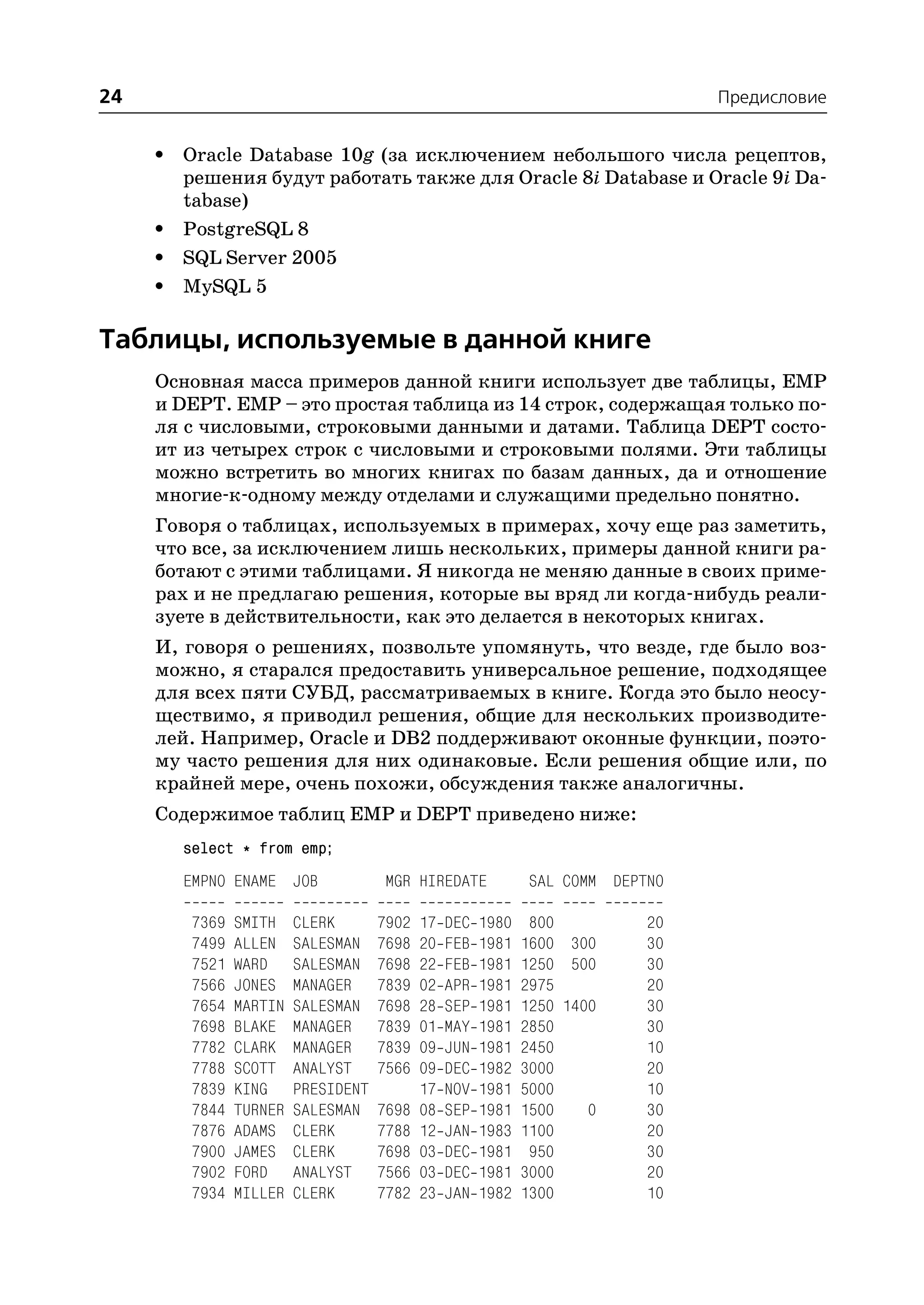 24                                                                               Предисловие


     •   Oracle Database 10g (за исключением небольшого числа рецептов,
         решения будут работать также для Oracle 8i Database и Oracle 9i Da
         tabase)
     •   PostgreSQL 8
     •   SQL Server 2005
     •   MySQL 5

Таблицы, используемые в данной книге
     Основная масса примеров данной книги использует две таблицы, EMP
     и DEPT. EMP – это простая таблица из 14 строк, содержащая только по
     ля с числовыми, строковыми данными и датами. Таблица DEPT состо
     ит из четырех строк с числовыми и строковыми полями. Эти таблицы
     можно встретить во многих книгах по базам данных, да и отношение
     многие к одному между отделами и служащими предельно понятно.
     Говоря о таблицах, используемых в примерах, хочу еще раз заметить,
     что все, за исключением лишь нескольких, примеры данной книги ра
     ботают с этими таблицами. Я никогда не меняю данные в своих приме
     рах и не предлагаю решения, которые вы вряд ли когда нибудь реали
     зуете в действительности, как это делается в некоторых книгах.
     И, говоря о решениях, позвольте упомянуть, что везде, где было воз
     можно, я старался предоставить универсальное решение, подходящее
     для всех пяти СУБД, рассматриваемых в книге. Когда это было неосу
     ществимо, я приводил решения, общие для нескольких производите
     лей. Например, Oracle и DB2 поддерживают оконные функции, поэто
     му часто решения для них одинаковые. Если решения общие или, по
     крайней мере, очень похожи, обсуждения также аналогичны.
     Содержимое таблиц EMP и DEPT приведено ниже:
         select * from emp;
         EMPNO ENAME JOB              MGR HIREDATE             SAL COMM DEPTNO

          7369   SMITH    CLERK       7902   17   DEC   1980    800         20
          7499   ALLEN    SALESMAN    7698   20   FEB   1981   1600 300     30
          7521   WARD     SALESMAN    7698   22   FEB   1981   1250 500     30
          7566   JONES    MANAGER     7839   02   APR   1981   2975         20
          7654   MARTIN   SALESMAN    7698   28   SEP   1981   1250 1400    30
          7698   BLAKE    MANAGER     7839   01   MAY   1981   2850         30
          7782   CLARK    MANAGER     7839   09   JUN   1981   2450         10
          7788   SCOTT    ANALYST     7566   09   DEC   1982   3000         20
          7839   KING     PRESIDENT          17   NOV   1981   5000         10
          7844   TURNER   SALESMAN    7698   08   SEP   1981   1500    0    30
          7876   ADAMS    CLERK       7788   12   JAN   1983   1100         20
          7900   JAMES    CLERK       7698   03   DEC   1981    950         30
          7902   FORD     ANALYST     7566   03   DEC   1981   3000         20
          7934   MILLER   CLERK       7782   23   JAN   1982   1300         10
 