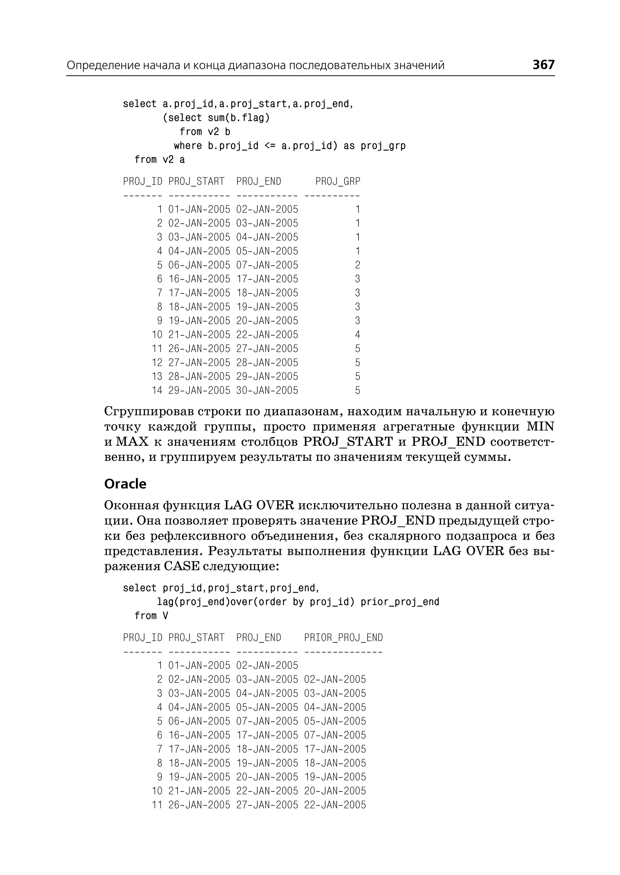 Определение начала и конца диапазона последовательных значений            367

         select a.proj_id,a.proj_start,a.proj_end,
                (select sum(b.flag)
                   from v2 b
                  where b.proj_id <= a.proj_id) as proj_grp
           from v2 a
         PROJ_ID PROJ_START PROJ_END                     PROJ_GRP

                1   01   JAN   2005   02   JAN   2005               1
                2   02   JAN   2005   03   JAN   2005               1
                3   03   JAN   2005   04   JAN   2005               1
                4   04   JAN   2005   05   JAN   2005               1
                5   06   JAN   2005   07   JAN   2005               2
                6   16   JAN   2005   17   JAN   2005               3
                7   17   JAN   2005   18   JAN   2005               3
                8   18   JAN   2005   19   JAN   2005               3
                9   19   JAN   2005   20   JAN   2005               3
               10   21   JAN   2005   22   JAN   2005               4
               11   26   JAN   2005   27   JAN   2005               5
               12   27   JAN   2005   28   JAN   2005               5
               13   28   JAN   2005   29   JAN   2005               5
               14   29   JAN   2005   30   JAN   2005               5
      Сгруппировав строки по диапазонам, находим начальную и конечную
      точку каждой группы, просто применяя агрегатные функции MIN
      и MAX к значениям столбцов PROJ_START и PROJ_END соответст
      венно, и группируем результаты по значениям текущей суммы.

      Oracle
      Оконная функция LAG OVER исключительно полезна в данной ситуа
      ции. Она позволяет проверять значение PROJ_END предыдущей стро
      ки без рефлексивного объединения, без скалярного подзапроса и без
      представления. Результаты выполнения функции LAG OVER без вы
      ражения CASE следующие:
         select proj_id,proj_start,proj_end,
               lag(proj_end)over(order by proj_id) prior_proj_end
           from V
         PROJ_ID PROJ_START PROJ_END                    PRIOR_PROJ_END

                1   01   JAN   2005   02   JAN   2005
                2   02   JAN   2005   03   JAN   2005   02   JAN   2005
                3   03   JAN   2005   04   JAN   2005   03   JAN   2005
                4   04   JAN   2005   05   JAN   2005   04   JAN   2005
                5   06   JAN   2005   07   JAN   2005   05   JAN   2005
                6   16   JAN   2005   17   JAN   2005   07   JAN   2005
                7   17   JAN   2005   18   JAN   2005   17   JAN   2005
                8   18   JAN   2005   19   JAN   2005   18   JAN   2005
                9   19   JAN   2005   20   JAN   2005   19   JAN   2005
               10   21   JAN   2005   22   JAN   2005   20   JAN   2005
               11   26   JAN   2005   27   JAN   2005   22   JAN   2005
 