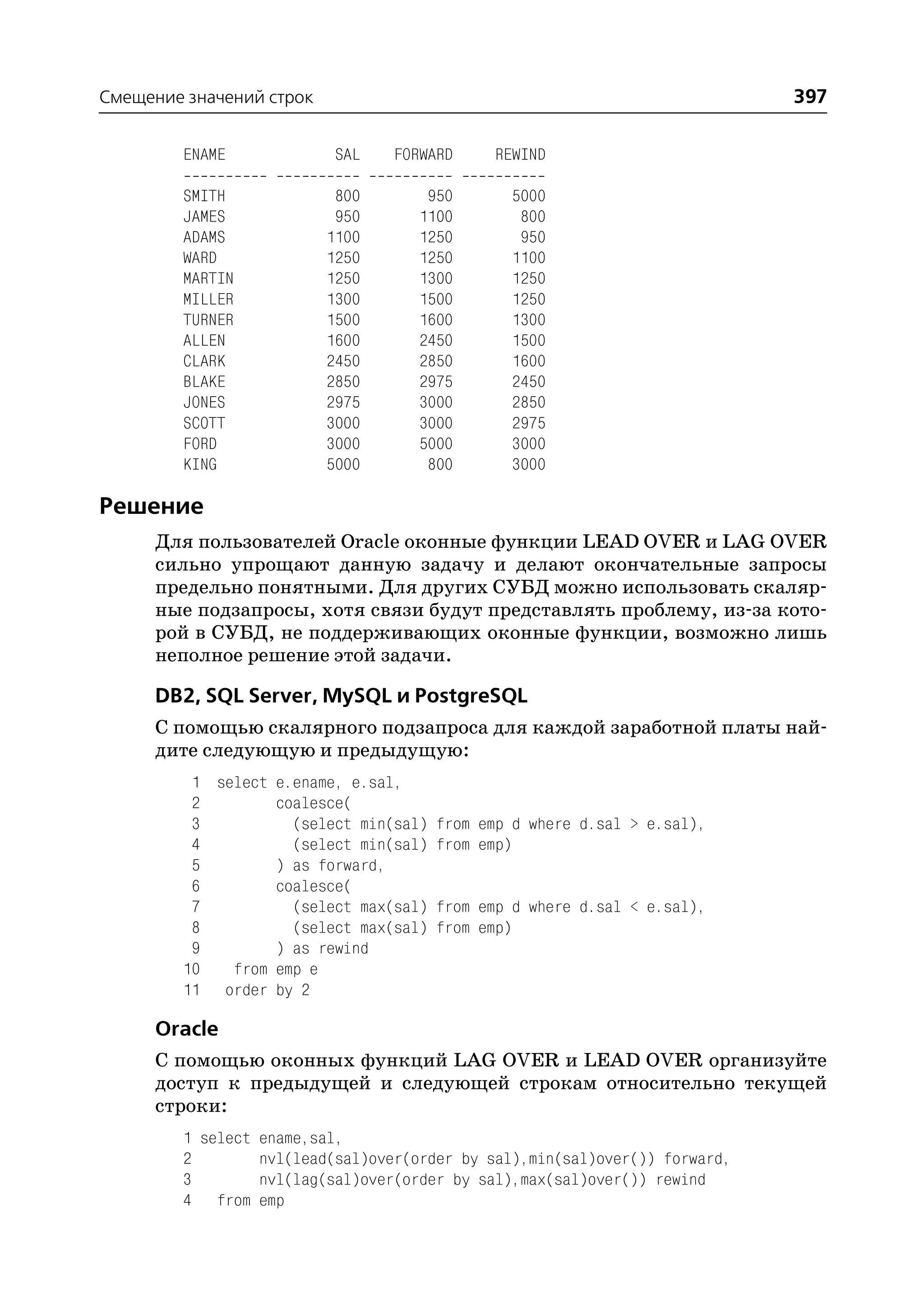 Смещение значений строк                                                      397

         ENAME             SAL    FORWARD     REWIND

         SMITH             800        950       5000
         JAMES             950       1100        800
         ADAMS            1100       1250        950
         WARD             1250       1250       1100
         MARTIN           1250       1300       1250
         MILLER           1300       1500       1250
         TURNER           1500       1600       1300
         ALLEN            1600       2450       1500
         CLARK            2450       2850       1600
         BLAKE            2850       2975       2450
         JONES            2975       3000       2850
         SCOTT            3000       3000       2975
         FORD             3000       5000       3000
         KING             5000        800       3000

Решение
      Для пользователей Oracle оконные функции LEAD OVER и LAG OVER
      сильно упрощают данную задачу и делают окончательные запросы
      предельно понятными. Для других СУБД можно использовать скаляр
      ные подзапросы, хотя связи будут представлять проблему, из за кото
      рой в СУБД, не поддерживающих оконные функции, возможно лишь
      неполное решение этой задачи.

      DB2, SQL Server, MySQL и PostgreSQL
      С помощью скалярного подзапроса для каждой заработной платы най
      дите следующую и предыдущую:
          1 select e.ename, e.sal,
          2        coalesce(
          3          (select min(sal) from emp d where d.sal > e.sal),
          4          (select min(sal) from emp)
          5        ) as forward,
          6        coalesce(
          7          (select max(sal) from emp d where d.sal < e.sal),
          8          (select max(sal) from emp)
          9        ) as rewind
         10   from emp e
         11 order by 2

      Oracle
      С помощью оконных функций LAG OVER и LEAD OVER организуйте
      доступ к предыдущей и следующей строкам относительно текущей
      строки:
         1 select ename,sal,
         2        nvl(lead(sal)over(order by sal),min(sal)over()) forward,
         3        nvl(lag(sal)over(order by sal),max(sal)over()) rewind
         4 from emp
 