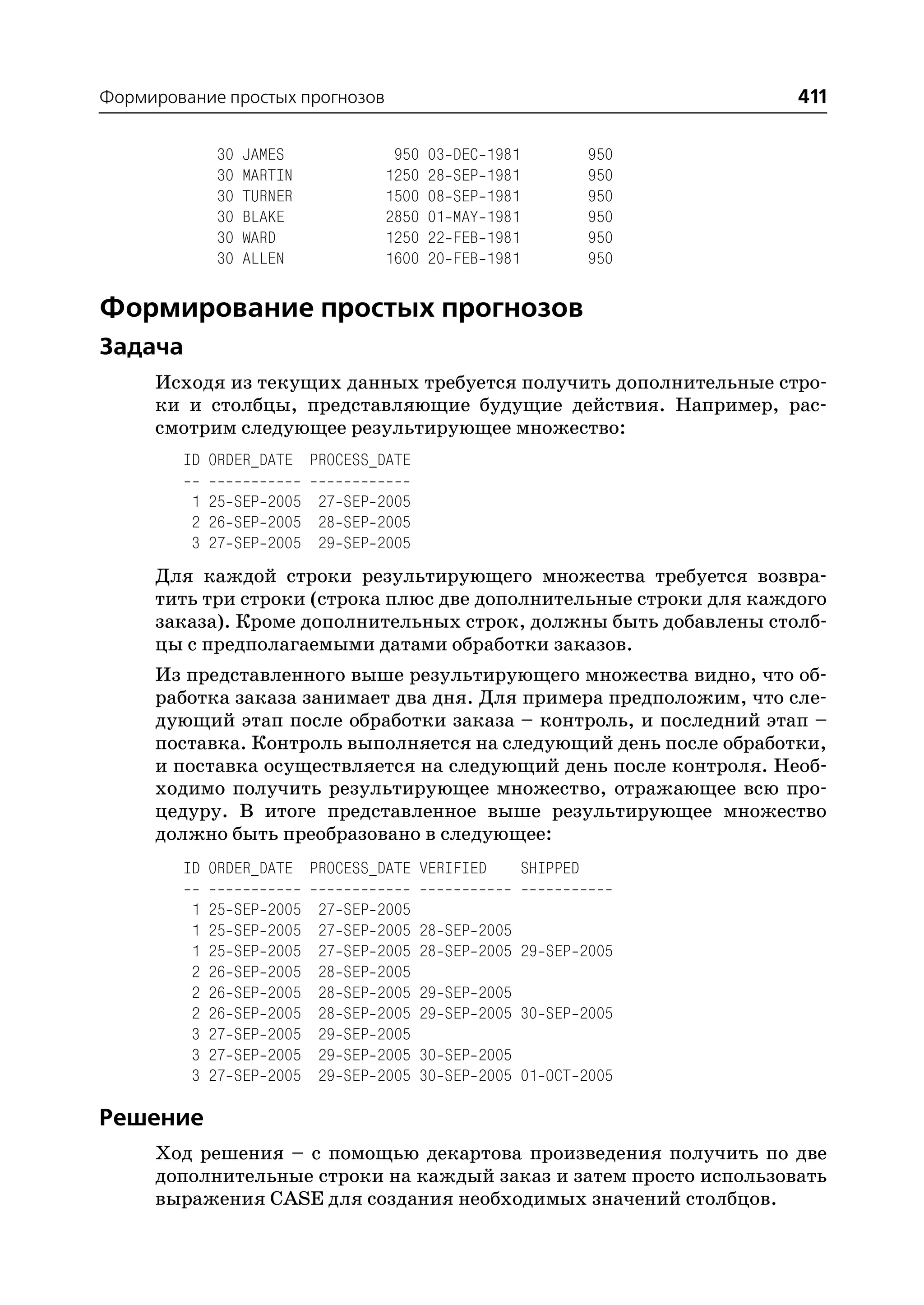 Формирование простых прогнозов                                                      411

              30    JAMES                   950   03   DEC   1981             950
              30    MARTIN                 1250   28   SEP   1981             950
              30    TURNER                 1500   08   SEP   1981             950
              30    BLAKE                  2850   01   MAY   1981             950
              30    WARD                   1250   22   FEB   1981             950
              30    ALLEN                  1600   20   FEB   1981             950

Формирование простых прогнозов
Задача
     Исходя из текущих данных требуется получить дополнительные стро
     ки и столбцы, представляющие будущие действия. Например, рас
     смотрим следующее результирующее множество:
        ID ORDER_DATE PROCESS_DATE

         1 25 SEP 2005 27 SEP 2005
         2 26 SEP 2005 28 SEP 2005
         3 27 SEP 2005 29 SEP 2005
     Для каждой строки результирующего множества требуется возвра
     тить три строки (строка плюс две дополнительные строки для каждого
     заказа). Кроме дополнительных строк, должны быть добавлены столб
     цы с предполагаемыми датами обработки заказов.
     Из представленного выше результирующего множества видно, что об
     работка заказа занимает два дня. Для примера предположим, что сле
     дующий этап после обработки заказа – контроль, и последний этап –
     поставка. Контроль выполняется на следующий день после обработки,
     и поставка осуществляется на следующий день после контроля. Необ
     ходимо получить результирующее множество, отражающее всю про
     цедуру. В итоге представленное выше результирующее множество
     должно быть преобразовано в следующее:
        ID ORDER_DATE PROCESS_DATE VERIFIED                         SHIPPED

         1   25    SEP   2005   27   SEP   2005
         1   25    SEP   2005   27   SEP   2005   28 SEP 2005
         1   25    SEP   2005   27   SEP   2005   28 SEP 2005 29 SEP 2005
         2   26    SEP   2005   28   SEP   2005
         2   26    SEP   2005   28   SEP   2005   29 SEP 2005
         2   26    SEP   2005   28   SEP   2005   29 SEP 2005 30 SEP 2005
         3   27    SEP   2005   29   SEP   2005
         3   27    SEP   2005   29   SEP   2005   30 SEP 2005
         3   27    SEP   2005   29   SEP   2005   30 SEP 2005 01 OCT 2005

Решение
     Ход решения – с помощью декартова произведения получить по две
     дополнительные строки на каждый заказ и затем просто использовать
     выражения CASE для создания необходимых значений столбцов.
 
