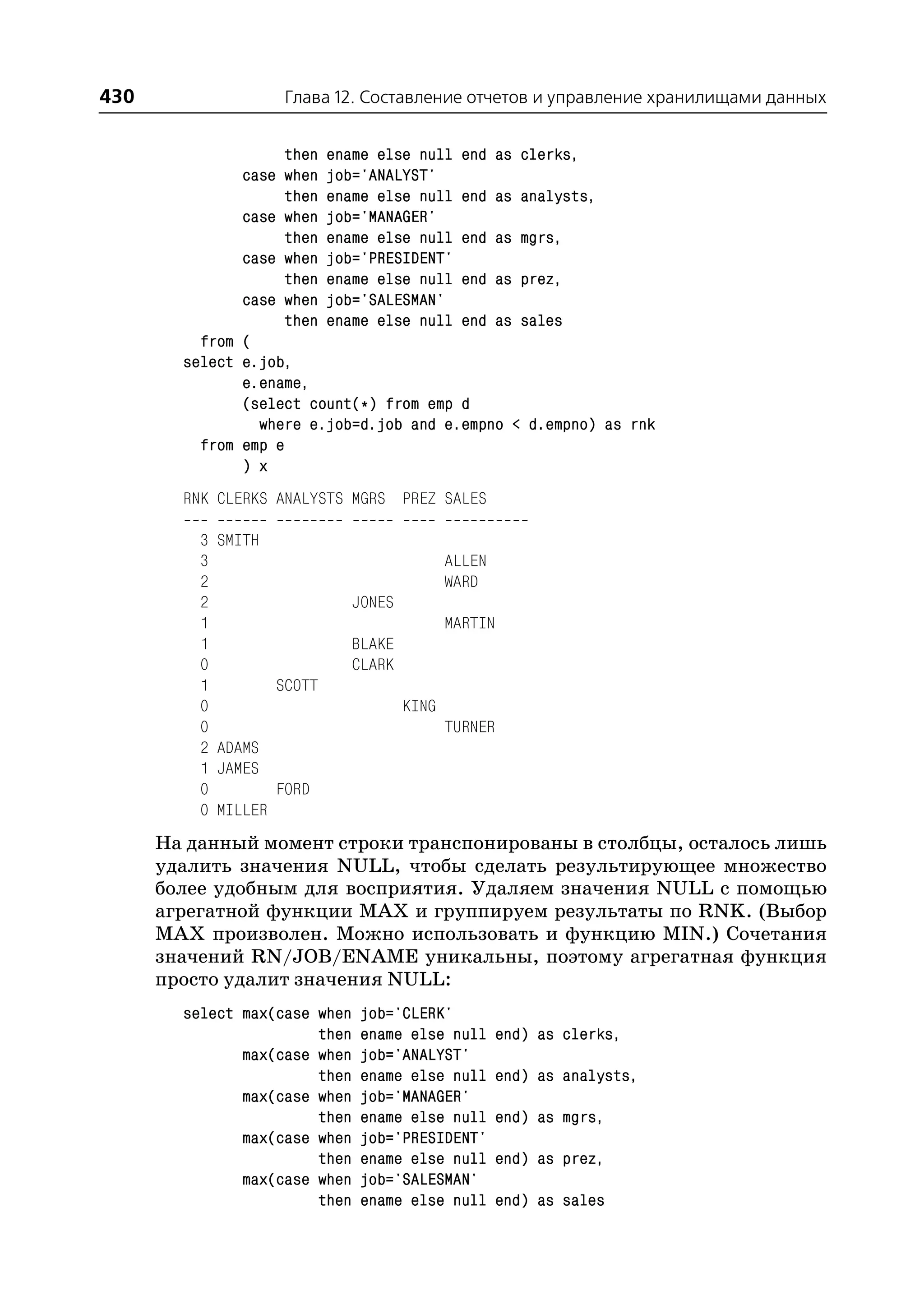430                     Глава 12. Составление отчетов и управление хранилищами данных


                    then ename else null end as clerks,
               case when job='ANALYST'
                    then ename else null end as analysts,
               case when job='MANAGER'
                    then ename else null end as mgrs,
               case when job='PRESIDENT'
                    then ename else null end as prez,
               case when job='SALESMAN'
                    then ename else null end as sales
          from (
        select e.job,
               e.ename,
               (select count(*) from emp d
                 where e.job=d.job and e.empno < d.empno) as rnk
          from emp e
               ) x
        RNK CLERKS ANALYSTS MGRS PREZ SALES

          3   SMITH
          3                                   ALLEN
          2                                   WARD
          2                    JONES
          1                                   MARTIN
          1                    BLAKE
          0                    CLARK
          1            SCOTT
          0                            KING
          0                                   TURNER
          2   ADAMS
          1   JAMES
          0            FORD
          0   MILLER
      На данный момент строки транспонированы в столбцы, осталось лишь
      удалить значения NULL, чтобы сделать результирующее множество
      более удобным для восприятия. Удаляем значения NULL с помощью
      агрегатной функции MAX и группируем результаты по RNK. (Выбор
      MAX произволен. Можно использовать и функцию MIN.) Сочетания
      значений RN/JOB/ENAME уникальны, поэтому агрегатная функция
      просто удалит значения NULL:
        select max(case when    job='CLERK'
                        then    ename else null        end) as clerks,
               max(case when    job='ANALYST'
                        then    ename else null        end) as analysts,
               max(case when    job='MANAGER'
                        then    ename else null        end) as mgrs,
               max(case when    job='PRESIDENT'
                        then    ename else null        end) as prez,
               max(case when    job='SALESMAN'
                        then    ename else null        end) as sales
 