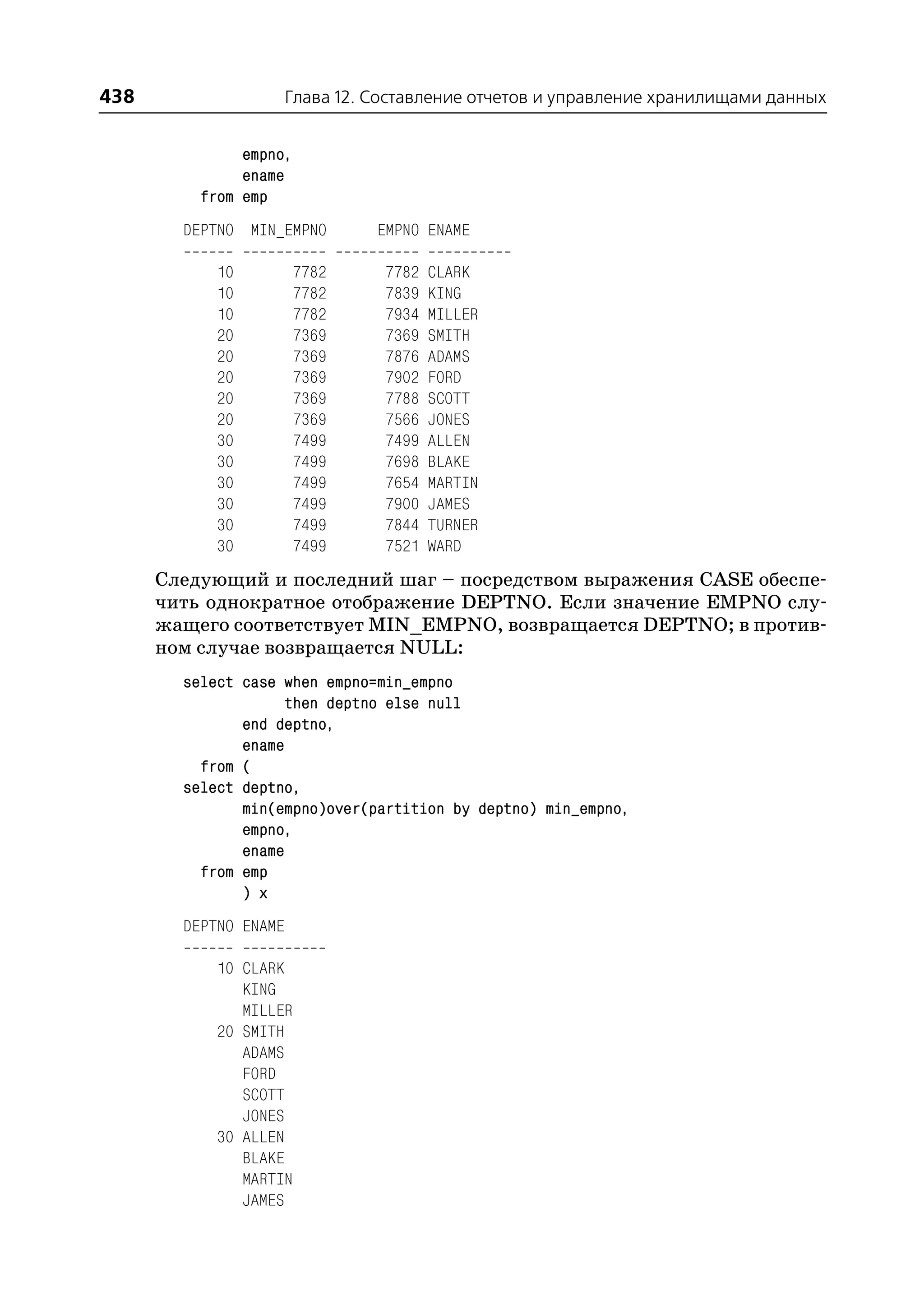 438                    Глава 12. Составление отчетов и управление хранилищами данных


               empno,
               ename
          from emp
        DEPTNO MIN_EMPNO         EMPNO ENAME

            10          7782      7782   CLARK
            10          7782      7839   KING
            10          7782      7934   MILLER
            20          7369      7369   SMITH
            20          7369      7876   ADAMS
            20          7369      7902   FORD
            20          7369      7788   SCOTT
            20          7369      7566   JONES
            30          7499      7499   ALLEN
            30          7499      7698   BLAKE
            30          7499      7654   MARTIN
            30          7499      7900   JAMES
            30          7499      7844   TURNER
            30          7499      7521   WARD
      Следующий и последний шаг – посредством выражения CASE обеспе
      чить однократное отображение DEPTNO. Если значение EMPNO слу
      жащего соответствует MIN_EMPNO, возвращается DEPTNO; в против
      ном случае возвращается NULL:
        select case when empno=min_empno
                    then deptno else null
               end deptno,
               ename
          from (
        select deptno,
               min(empno)over(partition by deptno) min_empno,
               empno,
               ename
          from emp
               ) x
        DEPTNO ENAME

            10 CLARK
               KING
               MILLER
            20 SMITH
               ADAMS
               FORD
               SCOTT
               JONES
            30 ALLEN
               BLAKE
               MARTIN
               JAMES
 