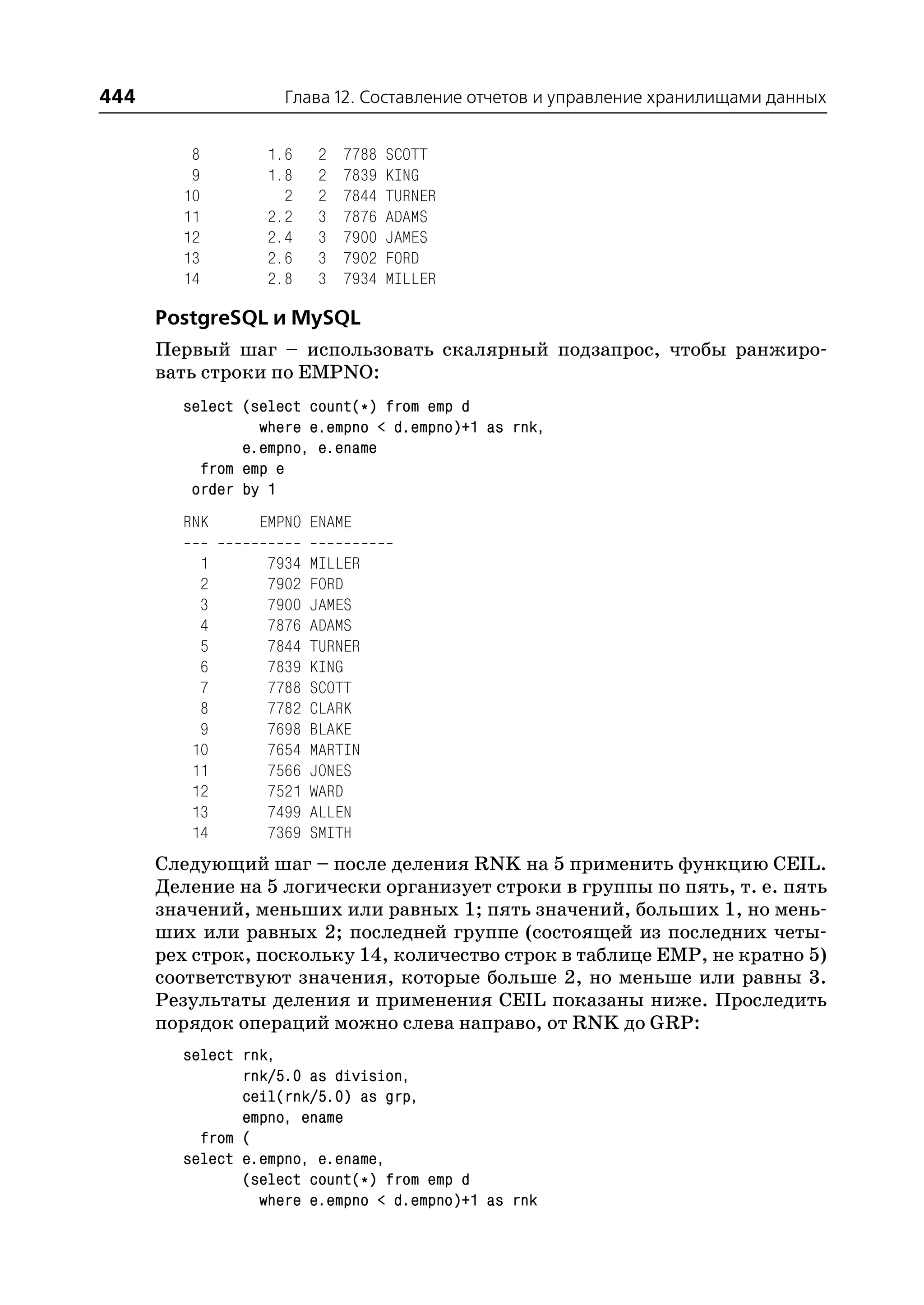 444                 Глава 12. Составление отчетов и управление хранилищами данных


         8        1.6     2   7788   SCOTT
         9        1.8     2   7839   KING
        10          2     2   7844   TURNER
        11        2.2     3   7876   ADAMS
        12        2.4     3   7900   JAMES
        13        2.6     3   7902   FORD
        14        2.8     3   7934   MILLER

      PostgreSQL и MySQL
      Первый шаг – использовать скалярный подзапрос, чтобы ранжиро
      вать строки по EMPNO:
        select (select count(*) from emp d
                 where e.empno < d.empno)+1 as rnk,
               e.empno, e.ename
          from emp e
         order by 1
        RNK      EMPNO ENAME

          1       7934   MILLER
          2       7902   FORD
          3       7900   JAMES
          4       7876   ADAMS
          5       7844   TURNER
          6       7839   KING
          7       7788   SCOTT
          8       7782   CLARK
          9       7698   BLAKE
         10       7654   MARTIN
         11       7566   JONES
         12       7521   WARD
         13       7499   ALLEN
         14       7369   SMITH
      Следующий шаг – после деления RNK на 5 применить функцию CEIL.
      Деление на 5 логически организует строки в группы по пять, т. е. пять
      значений, меньших или равных 1; пять значений, больших 1, но мень
      ших или равных 2; последней группе (состоящей из последних четы
      рех строк, поскольку 14, количество строк в таблице EMP, не кратно 5)
      соответствуют значения, которые больше 2, но меньше или равны 3.
      Результаты деления и применения CEIL показаны ниже. Проследить
      порядок операций можно слева направо, от RNK до GRP:
        select rnk,
               rnk/5.0 as division,
               ceil(rnk/5.0) as grp,
               empno, ename
          from (
        select e.empno, e.ename,
               (select count(*) from emp d
                 where e.empno < d.empno)+1 as rnk
 