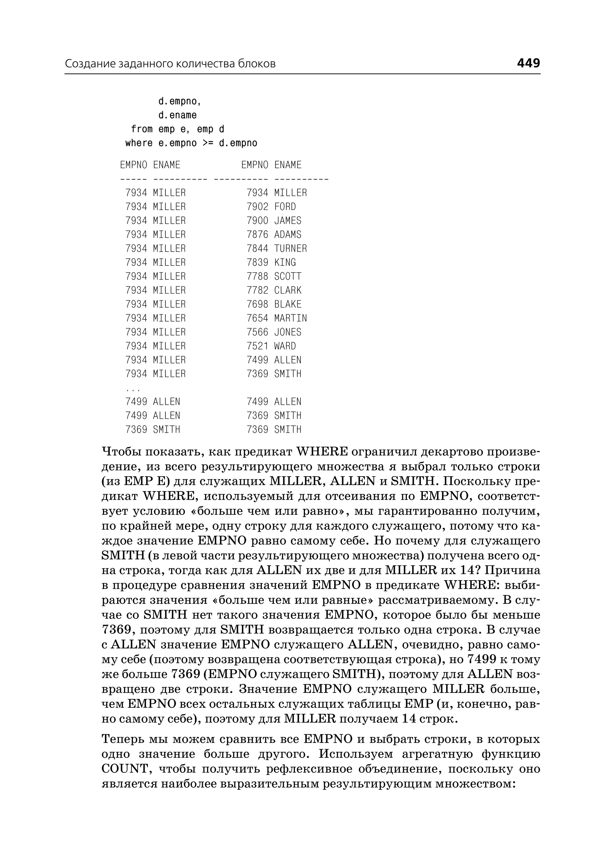 Создание заданного количества блоков                                 449

                d.empno,
                d.ename
           from emp e, emp d
          where e.empno >= d.empno
         EMPNO ENAME           EMPNO ENAME

          7934   MILLER         7934   MILLER
          7934   MILLER         7902   FORD
          7934   MILLER         7900   JAMES
          7934   MILLER         7876   ADAMS
          7934   MILLER         7844   TURNER
          7934   MILLER         7839   KING
          7934   MILLER         7788   SCOTT
          7934   MILLER         7782   CLARK
          7934   MILLER         7698   BLAKE
          7934   MILLER         7654   MARTIN
          7934   MILLER         7566   JONES
          7934   MILLER         7521   WARD
          7934   MILLER         7499   ALLEN
          7934   MILLER         7369   SMITH
          ...
          7499   ALLEN          7499 ALLEN
          7499   ALLEN          7369 SMITH
          7369   SMITH          7369 SMITH
      Чтобы показать, как предикат WHERE ограничил декартово произве
      дение, из всего результирующего множества я выбрал только строки
      (из EMP E) для служащих MILLER, ALLEN и SMITH. Поскольку пре
      дикат WHERE, используемый для отсеивания по EMPNO, соответст
      вует условию «больше чем или равно», мы гарантированно получим,
      по крайней мере, одну строку для каждого служащего, потому что ка
      ждое значение EMPNO равно самому себе. Но почему для служащего
      SMITH (в левой части результирующего множества) получена всего од
      на строка, тогда как для ALLEN их две и для MILLER их 14? Причина
      в процедуре сравнения значений EMPNO в предикате WHERE: выби
      раются значения «больше чем или равные» рассматриваемому. В слу
      чае со SMITH нет такого значения EMPNO, которое было бы меньше
      7369, поэтому для SMITH возвращается только одна строка. В случае
      с ALLEN значение EMPNO служащего ALLEN, очевидно, равно само
      му себе (поэтому возвращена соответствующая строка), но 7499 к тому
      же больше 7369 (EMPNO служащего SMITH), поэтому для ALLEN воз
      вращено две строки. Значение EMPNO служащего MILLER больше,
      чем EMPNO всех остальных служащих таблицы EMP (и, конечно, рав
      но самому себе), поэтому для MILLER получаем 14 строк.
      Теперь мы можем сравнить все EMPNO и выбрать строки, в которых
      одно значение больше другого. Используем агрегатную функцию
      COUNT, чтобы получить рефлексивное объединение, поскольку оно
      является наиболее выразительным результирующим множеством:
 