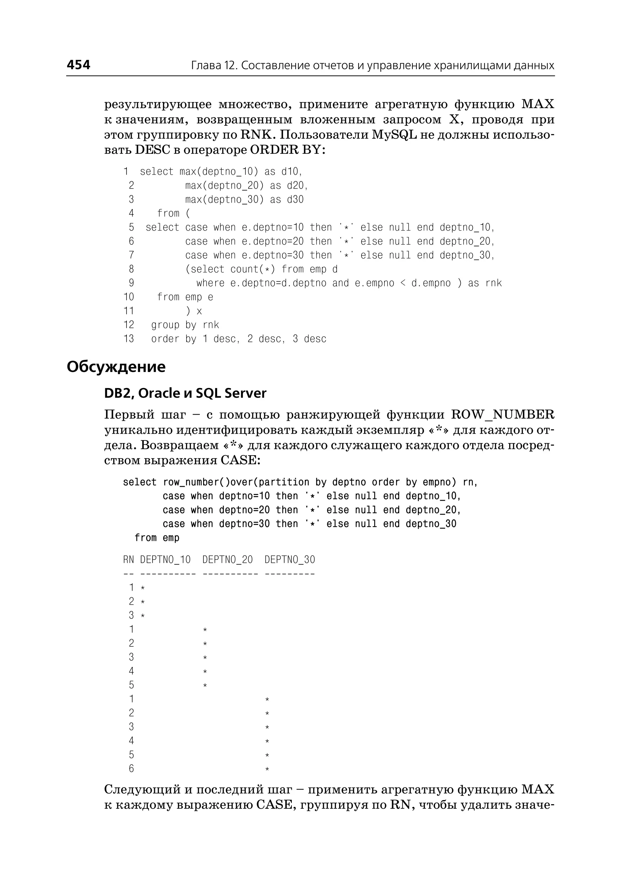 454                 Глава 12. Составление отчетов и управление хранилищами данных


      результирующее множество, примените агрегатную функцию MAX
      к значениям, возвращенным вложенным запросом Х, проводя при
      этом группировку по RNK. Пользователи MySQL не должны использо
      вать DESC в операторе ORDER BY:
        1 select max(deptno_10) as d10,
         2        max(deptno_20) as d20,
         3        max(deptno_30) as d30
         4   from (
         5 select case when e.deptno=10 then '*' else null end deptno_10,
         6        case when e.deptno=20 then '*' else null end deptno_20,
         7        case when e.deptno=30 then '*' else null end deptno_30,
         8        (select count(*) from emp d
         9          where e.deptno=d.deptno and e.empno < d.empno ) as rnk
        10   from emp e
        11        ) x
        12 group by rnk
        13 order by 1 desc, 2 desc, 3 desc

Обсуждение
      DB2, Oracle и SQL Server
      Первый шаг – с помощью ранжирующей функции ROW_NUMBER
      уникально идентифицировать каждый экземпляр «*» для каждого от
      дела. Возвращаем «*» для каждого служащего каждого отдела посред
      ством выражения CASE:
        select row_number()over(partition by deptno order   by empno) rn,
               case when deptno=10 then '*' else null end   deptno_10,
               case when deptno=20 then '*' else null end   deptno_20,
               case when deptno=30 then '*' else null end   deptno_30
          from emp
        RN DEPTNO_10 DEPTNO_20 DEPTNO_30

         1 *
         2 *
         3 *
         1            *
         2            *
         3            *
         4            *
         5            *
         1                       *
         2                       *
         3                       *
         4                       *
         5                       *
         6                       *
      Следующий и последний шаг – применить агрегатную функцию MAX
      к каждому выражению CASE, группируя по RN, чтобы удалить значе
 
