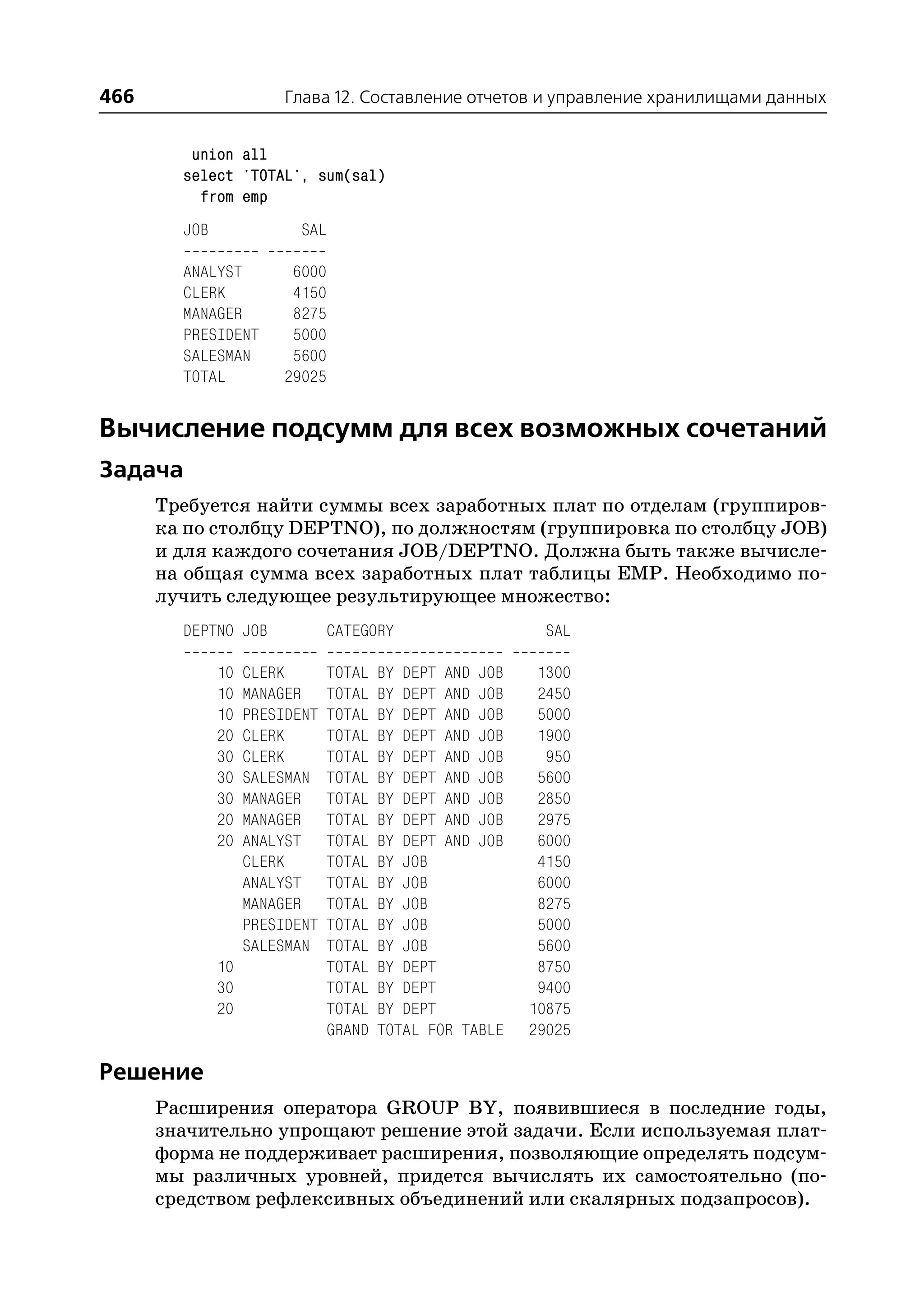 466                     Глава 12. Составление отчетов и управление хранилищами данных


         union all
        select 'TOTAL', sum(sal)
          from emp
        JOB               SAL

        ANALYST         6000
        CLERK           4150
        MANAGER         8275
        PRESIDENT       5000
        SALESMAN        5600
        TOTAL          29025


Вычисление подсумм для всех возможных сочетаний
Задача
      Требуется найти суммы всех заработных плат по отделам (группиров
      ка по столбцу DEPTNO), по должностям (группировка по столбцу JOB)
      и для каждого сочетания JOB/DEPTNO. Должна быть также вычисле
      на общая сумма всех заработных плат таблицы EMP. Необходимо по
      лучить следующее результирующее множество:
        DEPTNO JOB             CATEGORY                   SAL

              10   CLERK       TOTAL   BY DEPT AND JOB    1300
              10   MANAGER     TOTAL   BY DEPT AND JOB    2450
              10   PRESIDENT   TOTAL   BY DEPT AND JOB    5000
              20   CLERK       TOTAL   BY DEPT AND JOB    1900
              30   CLERK       TOTAL   BY DEPT AND JOB     950
              30   SALESMAN    TOTAL   BY DEPT AND JOB    5600
              30   MANAGER     TOTAL   BY DEPT AND JOB    2850
              20   MANAGER     TOTAL   BY DEPT AND JOB    2975
              20   ANALYST     TOTAL   BY DEPT AND JOB    6000
                   CLERK       TOTAL   BY JOB             4150
                   ANALYST     TOTAL   BY JOB             6000
                   MANAGER     TOTAL   BY JOB             8275
                   PRESIDENT   TOTAL   BY JOB             5000
                   SALESMAN    TOTAL   BY JOB             5600
              10               TOTAL   BY DEPT            8750
              30               TOTAL   BY DEPT            9400
              20               TOTAL   BY DEPT           10875
                               GRAND   TOTAL FOR TABLE   29025

Решение
      Расширения оператора GROUP BY, появившиеся в последние годы,
      значительно упрощают решение этой задачи. Если используемая плат
      форма не поддерживает расширения, позволяющие определять подсум
      мы различных уровней, придется вычислять их самостоятельно (по
      средством рефлексивных объединений или скалярных подзапросов).
 