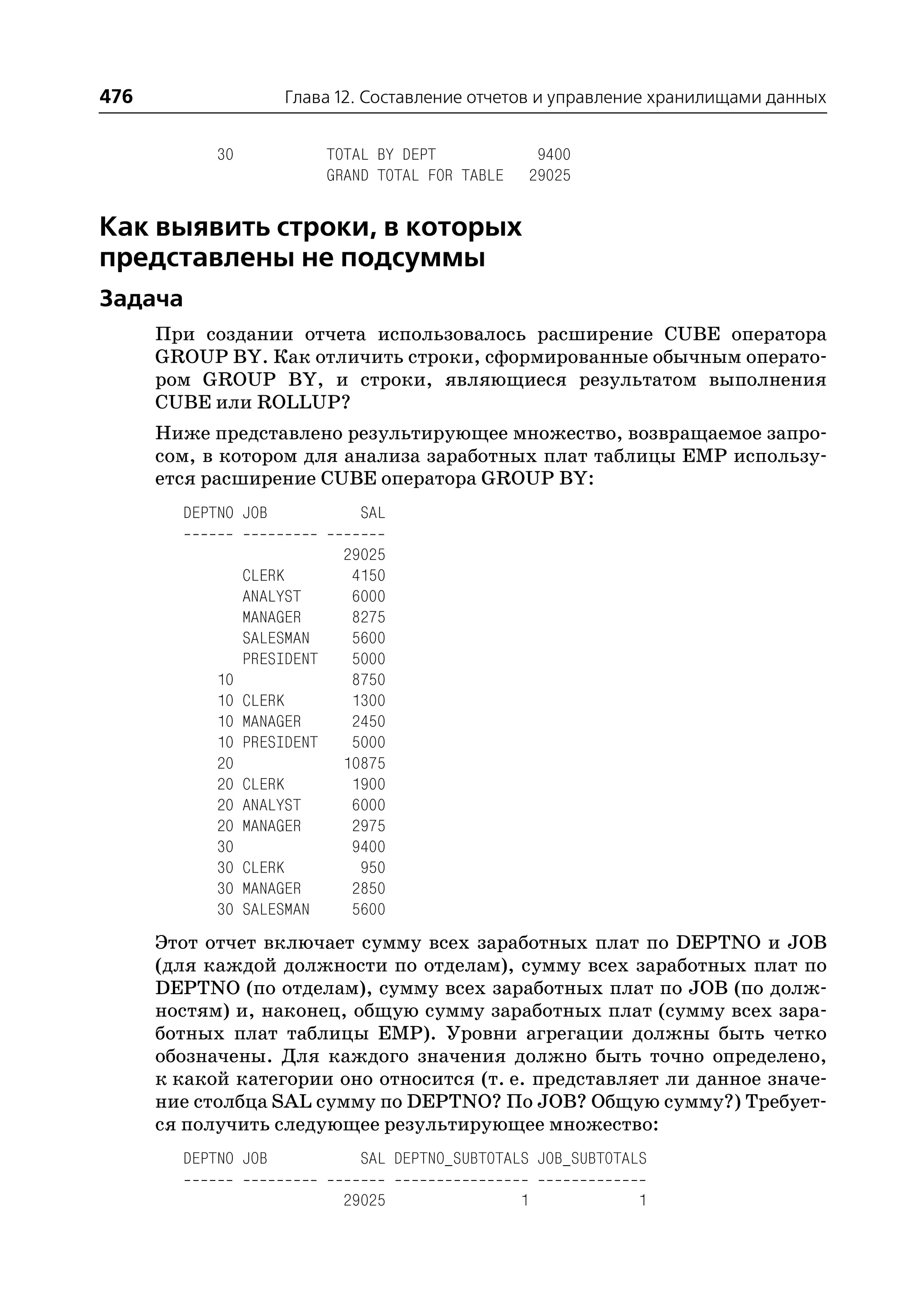 476                   Глава 12. Составление отчетов и управление хранилищами данных


            30               TOTAL BY DEPT            9400
                             GRAND TOTAL FOR TABLE   29025


Как выявить строки, в которых
представлены не подсуммы
Задача
      При создании отчета использовалось расширение CUBE оператора
      GROUP BY. Как отличить строки, сформированные обычным операто
      ром GROUP BY, и строки, являющиеся результатом выполнения
      CUBE или ROLLUP?
      Ниже представлено результирующее множество, возвращаемое запро
      сом, в котором для анализа заработных плат таблицы EMP использу
      ется расширение CUBE оператора GROUP BY:
        DEPTNO JOB               SAL

                              29025
                 CLERK         4150
                 ANALYST       6000
                 MANAGER       8275
                 SALESMAN      5600
                 PRESIDENT     5000
            10                 8750
            10   CLERK         1300
            10   MANAGER       2450
            10   PRESIDENT     5000
            20                10875
            20   CLERK         1900
            20   ANALYST       6000
            20   MANAGER       2975
            30                 9400
            30   CLERK          950
            30   MANAGER       2850
            30   SALESMAN      5600
      Этот отчет включает сумму всех заработных плат по DEPTNO и JOB
      (для каждой должности по отделам), сумму всех заработных плат по
      DEPTNO (по отделам), сумму всех заработных плат по JOB (по долж
      ностям) и, наконец, общую сумму заработных плат (сумму всех зара
      ботных плат таблицы EMP). Уровни агрегации должны быть четко
      обозначены. Для каждого значения должно быть точно определено,
      к какой категории оно относится (т. е. представляет ли данное значе
      ние столбца SAL сумму по DEPTNO? По JOB? Общую сумму?) Требует
      ся получить следующее результирующее множество:
        DEPTNO JOB               SAL DEPTNO_SUBTOTALS JOB_SUBTOTALS

                              29025                  1           1
 