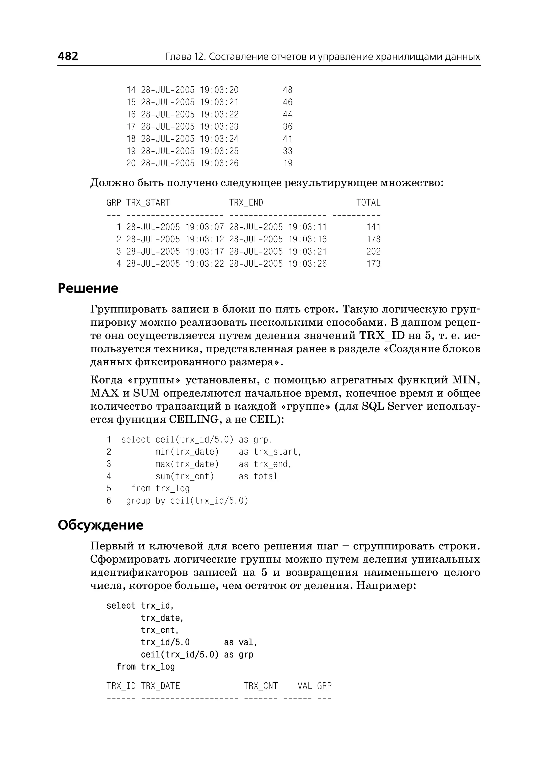 482                       Глава 12. Составление отчетов и управление хранилищами данных


              14   28   JUL   2005   19:03:20             48
              15   28   JUL   2005   19:03:21             46
              16   28   JUL   2005   19:03:22             44
              17   28   JUL   2005   19:03:23             36
              18   28   JUL   2005   19:03:24             41
              19   28   JUL   2005   19:03:25             33
              20   28   JUL   2005   19:03:26             19
      Должно быть получено следующее результирующее множество:
        GRP TRX_START                      TRX_END                       TOTAL

          1   28   JUL   2005   19:03:07   28   JUL   2005   19:03:11     141
          2   28   JUL   2005   19:03:12   28   JUL   2005   19:03:16     178
          3   28   JUL   2005   19:03:17   28   JUL   2005   19:03:21     202
          4   28   JUL   2005   19:03:22   28   JUL   2005   19:03:26     173

Решение
      Группировать записи в блоки по пять строк. Такую логическую груп
      пировку можно реализовать несколькими способами. В данном рецеп
      те она осуществляется путем деления значений TRX_ID на 5, т. е. ис
      пользуется техника, представленная ранее в разделе «Создание блоков
      данных фиксированного размера».
      Когда «группы» установлены, с помощью агрегатных функций MIN,
      MAX и SUM определяются начальное время, конечное время и общее
      количество транзакций в каждой «группе» (для SQL Server использу
      ется функция CEILING, а не CEIL):
        1 select ceil(trx_id/5.0) as             grp,
        2        min(trx_date)    as             trx_start,
        3        max(trx_date)    as             trx_end,
        4        sum(trx_cnt)     as             total
        5   from trx_log
        6 group by ceil(trx_id/5.0)

Обсуждение
      Первый и ключевой для всего решения шаг – сгруппировать строки.
      Сформировать логические группы можно путем деления уникальных
      идентификаторов записей на 5 и возвращения наименьшего целого
      числа, которое больше, чем остаток от деления. Например:
        select trx_id,
               trx_date,
               trx_cnt,
               trx_id/5.0       as val,
               ceil(trx_id/5.0) as grp
          from trx_log
        TRX_ID TRX_DATE                         TRX_CNT        VAL GRP
 