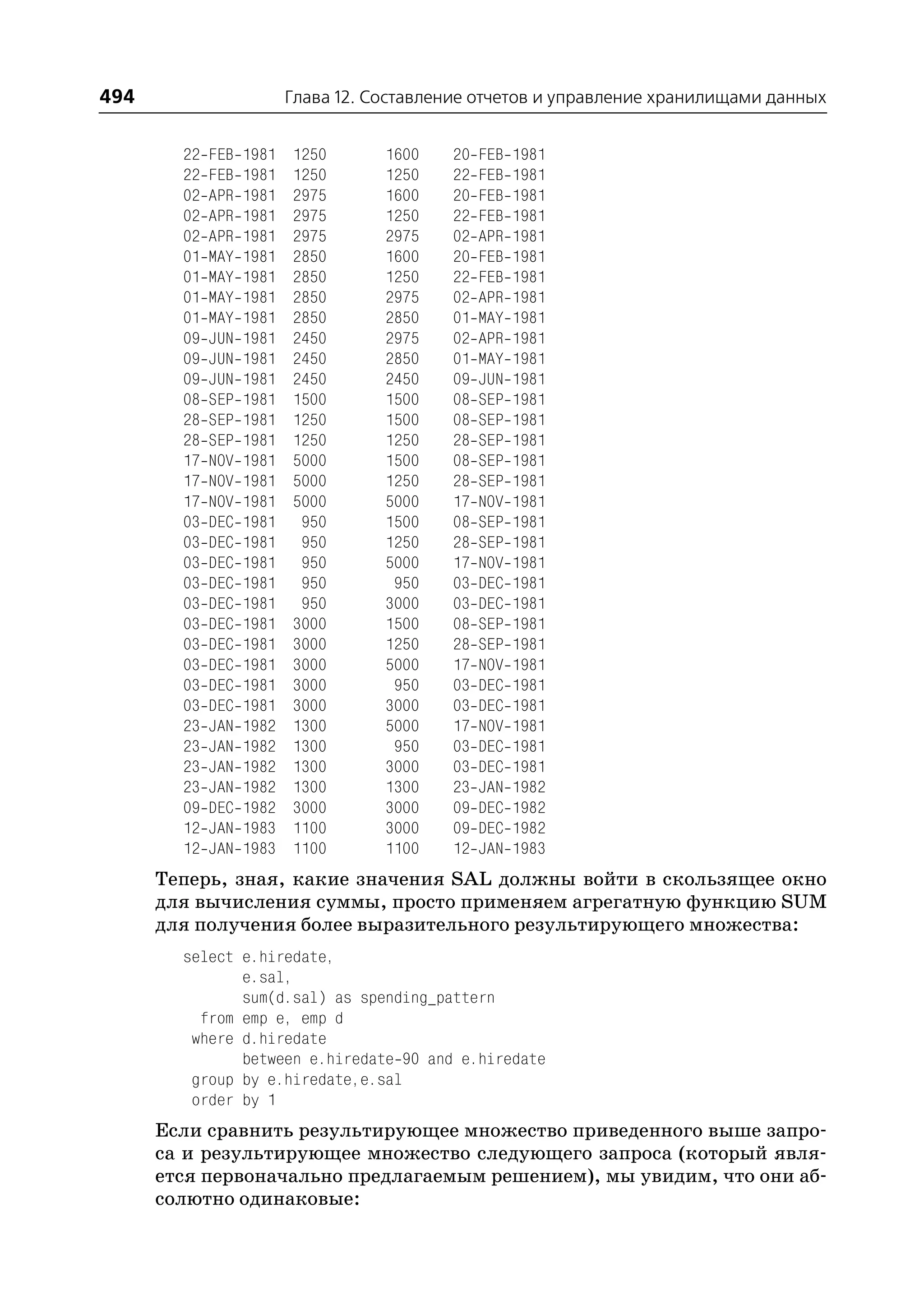 494                       Глава 12. Составление отчетов и управление хранилищами данных


        22   FEB   1981   1250       1600   20   FEB   1981
        22   FEB   1981   1250       1250   22   FEB   1981
        02   APR   1981   2975       1600   20   FEB   1981
        02   APR   1981   2975       1250   22   FEB   1981
        02   APR   1981   2975       2975   02   APR   1981
        01   MAY   1981   2850       1600   20   FEB   1981
        01   MAY   1981   2850       1250   22   FEB   1981
        01   MAY   1981   2850       2975   02   APR   1981
        01   MAY   1981   2850       2850   01   MAY   1981
        09   JUN   1981   2450       2975   02   APR   1981
        09   JUN   1981   2450       2850   01   MAY   1981
        09   JUN   1981   2450       2450   09   JUN   1981
        08   SEP   1981   1500       1500   08   SEP   1981
        28   SEP   1981   1250       1500   08   SEP   1981
        28   SEP   1981   1250       1250   28   SEP   1981
        17   NOV   1981   5000       1500   08   SEP   1981
        17   NOV   1981   5000       1250   28   SEP   1981
        17   NOV   1981   5000       5000   17   NOV   1981
        03   DEC   1981    950       1500   08   SEP   1981
        03   DEC   1981    950       1250   28   SEP   1981
        03   DEC   1981    950       5000   17   NOV   1981
        03   DEC   1981    950        950   03   DEC   1981
        03   DEC   1981    950       3000   03   DEC   1981
        03   DEC   1981   3000       1500   08   SEP   1981
        03   DEC   1981   3000       1250   28   SEP   1981
        03   DEC   1981   3000       5000   17   NOV   1981
        03   DEC   1981   3000        950   03   DEC   1981
        03   DEC   1981   3000       3000   03   DEC   1981
        23   JAN   1982   1300       5000   17   NOV   1981
        23   JAN   1982   1300        950   03   DEC   1981
        23   JAN   1982   1300       3000   03   DEC   1981
        23   JAN   1982   1300       1300   23   JAN   1982
        09   DEC   1982   3000       3000   09   DEC   1982
        12   JAN   1983   1100       3000   09   DEC   1982
        12   JAN   1983   1100       1100   12   JAN   1983
      Теперь, зная, какие значения SAL должны войти в скользящее окно
      для вычисления суммы, просто применяем агрегатную функцию SUM
      для получения более выразительного результирующего множества:
        select e.hiredate,
               e.sal,
               sum(d.sal) as spending_pattern
          from emp e, emp d
         where d.hiredate
               between e.hiredate 90 and e.hiredate
         group by e.hiredate,e.sal
         order by 1
      Если сравнить результирующее множество приведенного выше запро
      са и результирующее множество следующего запроса (который явля
      ется первоначально предлагаемым решением), мы увидим, что они аб
      солютно одинаковые:
 