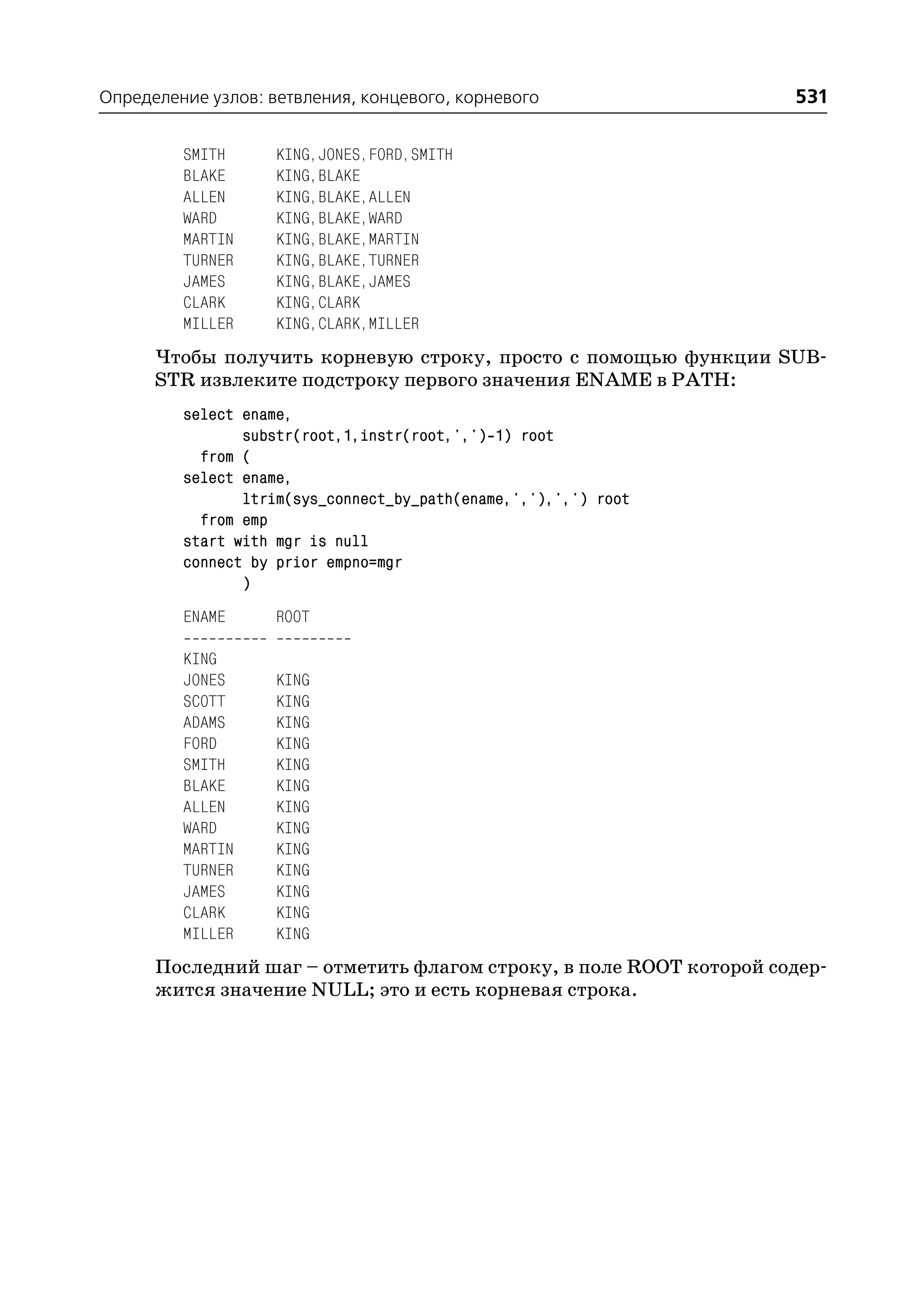 Определение узлов: ветвления, концевого, корневого                  531

         SMITH      KING,JONES,FORD,SMITH
         BLAKE      KING,BLAKE
         ALLEN      KING,BLAKE,ALLEN
         WARD       KING,BLAKE,WARD
         MARTIN     KING,BLAKE,MARTIN
         TURNER     KING,BLAKE,TURNER
         JAMES      KING,BLAKE,JAMES
         CLARK      KING,CLARK
         MILLER     KING,CLARK,MILLER
      Чтобы получить корневую строку, просто с помощью функции SUB
      STR извлеките подстроку первого значения ENAME в PATH:
         select ename,
                substr(root,1,instr(root,',') 1) root
           from (
         select ename,
                ltrim(sys_connect_by_path(ename,','),',') root
           from emp
         start with mgr is null
         connect by prior empno=mgr
                )
         ENAME      ROOT

         KING
         JONES      KING
         SCOTT      KING
         ADAMS      KING
         FORD       KING
         SMITH      KING
         BLAKE      KING
         ALLEN      KING
         WARD       KING
         MARTIN     KING
         TURNER     KING
         JAMES      KING
         CLARK      KING
         MILLER     KING
      Последний шаг – отметить флагом строку, в поле ROOT которой содер
      жится значение NULL; это и есть корневая строка.
 