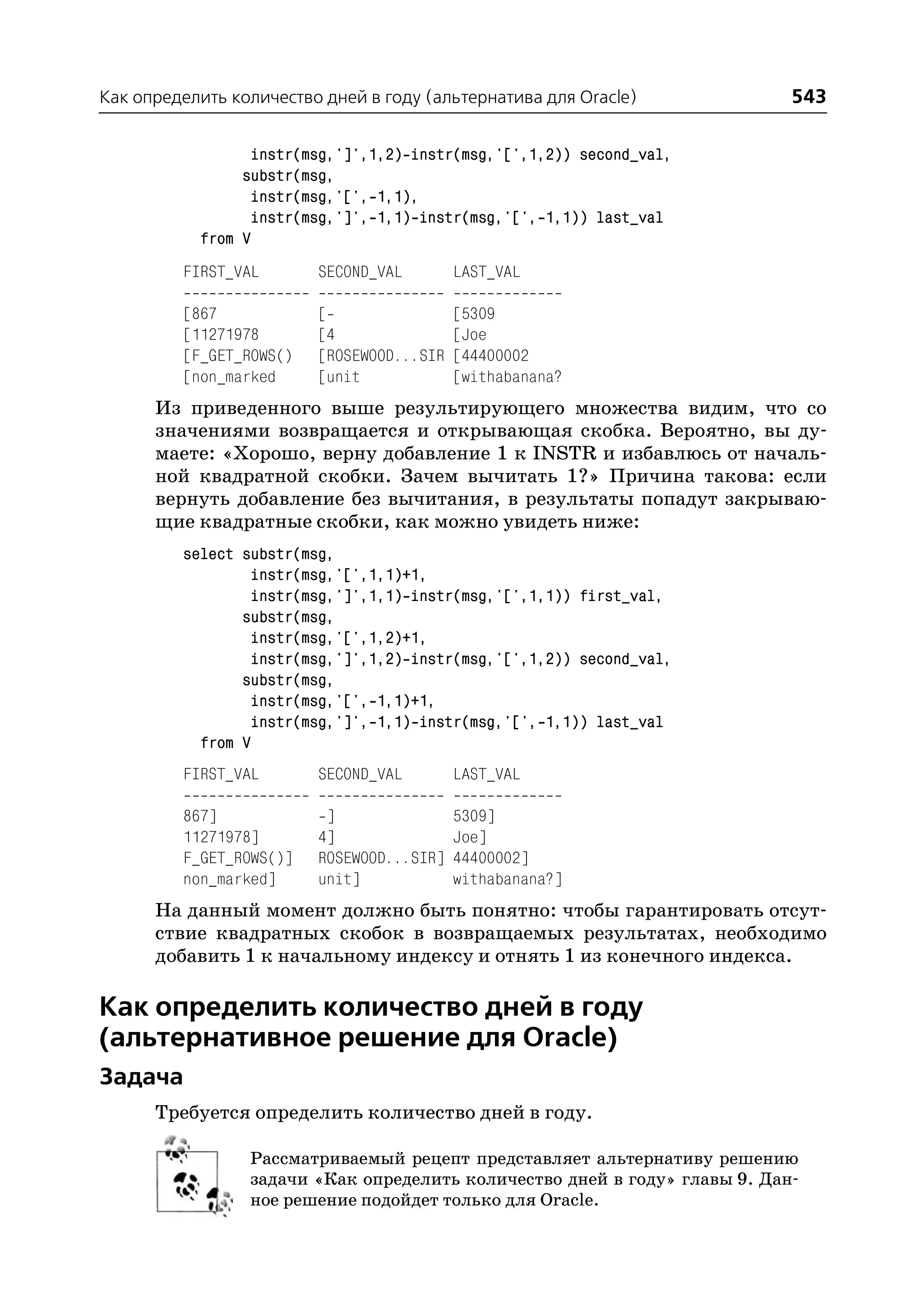 Как определить количество дней в году (альтернатива для Oracle)            543

                 instr(msg,']',1,2) instr(msg,'[',1,2)) second_val,
                substr(msg,
                 instr(msg,'[', 1,1),
                 instr(msg,']', 1,1) instr(msg,'[', 1,1)) last_val
           from V
         FIRST_VAL       SECOND_VAL        LAST_VAL

         [867            [                 [5309
         [11271978       [4                [Joe
         [F_GET_ROWS()   [ROSEWOOD...SIR   [44400002
         [non_marked     [unit             [withabanana?
      Из приведенного выше результирующего множества видим, что со
      значениями возвращается и открывающая скобка. Вероятно, вы ду
      маете: «Хорошо, верну добавление 1 к INSTR и избавлюсь от началь
      ной квадратной скобки. Зачем вычитать 1?» Причина такова: если
      вернуть добавление без вычитания, в результаты попадут закрываю
      щие квадратные скобки, как можно увидеть ниже:
         select substr(msg,
                 instr(msg,'[',1,1)+1,
                 instr(msg,']',1,1) instr(msg,'[',1,1)) first_val,
                substr(msg,
                 instr(msg,'[',1,2)+1,
                 instr(msg,']',1,2) instr(msg,'[',1,2)) second_val,
                substr(msg,
                 instr(msg,'[', 1,1)+1,
                 instr(msg,']', 1,1) instr(msg,'[', 1,1)) last_val
           from V
         FIRST_VAL       SECOND_VAL        LAST_VAL

         867]             ]                5309]
         11271978]       4]                Joe]
         F_GET_ROWS()]   ROSEWOOD...SIR]   44400002]
         non_marked]     unit]             withabanana?]
      На данный момент должно быть понятно: чтобы гарантировать отсут
      ствие квадратных скобок в возвращаемых результатах, необходимо
      добавить 1 к начальному индексу и отнять 1 из конечного индекса.

Как определить количество дней в году
(альтернативное решение для Oracle)
Задача
      Требуется определить количество дней в году.

                 Рассматриваемый рецепт представляет альтернативу решению
                 задачи «Как определить количество дней в году» главы 9. Дан
                 ное решение подойдет только для Oracle.
 