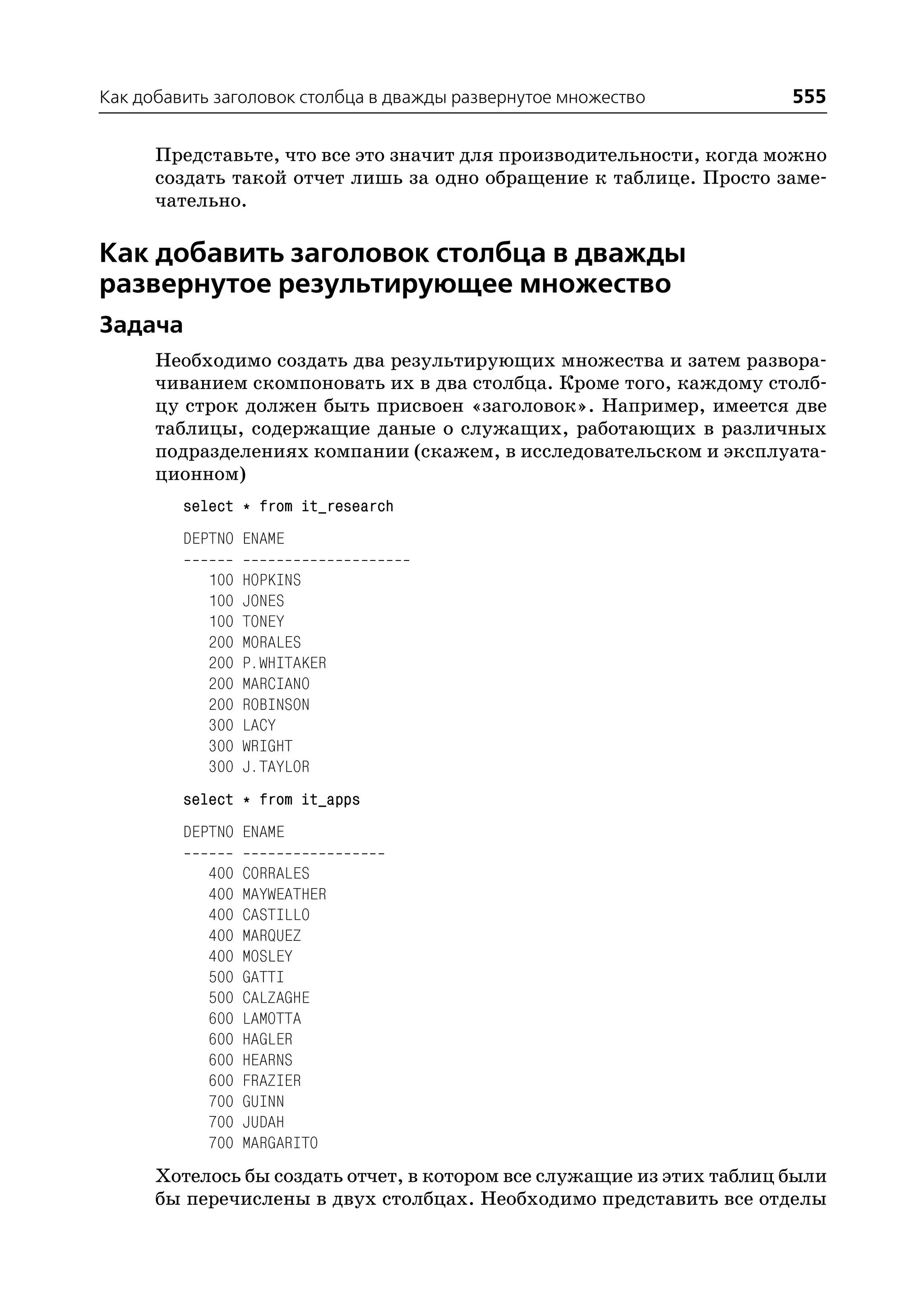 Как добавить заголовок столбца в дважды развернутое множество          555

      Представьте, что все это значит для производительности, когда можно
      создать такой отчет лишь за одно обращение к таблице. Просто заме
      чательно.

Как добавить заголовок столбца в дважды
развернутое результирующeе множество
Задача
      Необходимо создать два результирующих множества и затем развора
      чиванием скомпоновать их в два столбца. Кроме того, каждому столб
      цу строк должен быть присвоен «заголовок». Например, имеется две
      таблицы, содержащие даные о служащих, работающих в различных
      подразделениях компании (скажем, в исследовательском и эксплуата
      ционном)
         select * from it_research
         DEPTNO ENAME

            100   HOPKINS
            100   JONES
            100   TONEY
            200   MORALES
            200   P.WHITAKER
            200   MARCIANO
            200   ROBINSON
            300   LACY
            300   WRIGHT
            300   J.TAYLOR
         select * from it_apps
         DEPTNO ENAME

            400   CORRALES
            400   MAYWEATHER
            400   CASTILLO
            400   MARQUEZ
            400   MOSLEY
            500   GATTI
            500   CALZAGHE
            600   LAMOTTA
            600   HAGLER
            600   HEARNS
            600   FRAZIER
            700   GUINN
            700   JUDAH
            700   MARGARITO
      Хотелось бы создать отчет, в котором все служащие из этих таблиц были
      бы перечислены в двух столбцах. Необходимо представить все отделы
 