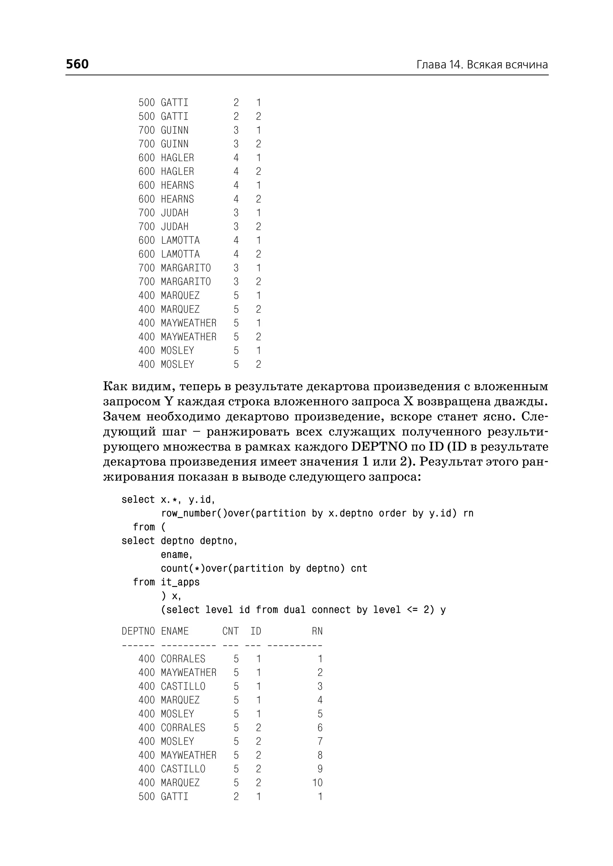 560                                                         Глава 14. Всякая всячина


           500   GATTI         2   1
           500   GATTI         2   2
           700   GUINN         3   1
           700   GUINN         3   2
           600   HAGLER        4   1
           600   HAGLER        4   2
           600   HEARNS        4   1
           600   HEARNS        4   2
           700   JUDAH         3   1
           700   JUDAH         3   2
           600   LAMOTTA       4   1
           600   LAMOTTA       4   2
           700   MARGARITO     3   1
           700   MARGARITO     3   2
           400   MARQUEZ       5   1
           400   MARQUEZ       5   2
           400   MAYWEATHER    5   1
           400   MAYWEATHER    5   2
           400   MOSLEY        5   1
           400   MOSLEY        5   2
      Как видим, теперь в результате декартова произведения с вложенным
      запросом Y каждая строка вложенного запроса Х возвращена дважды.
      Зачем необходимо декартово произведение, вскоре станет ясно. Сле
      дующий шаг – ранжировать всех служащих полученного результи
      рующего множества в рамках каждого DEPTNO по ID (ID в результате
      декартова произведения имеет значения 1 или 2). Результат этого ран
      жирования показан в выводе следующего запроса:
        select x.*, y.id,
               row_number()over(partition by x.deptno order by y.id) rn
          from (
        select deptno deptno,
               ename,
               count(*)over(partition by deptno) cnt
          from it_apps
               ) x,
               (select level id from dual connect by level <= 2) y
        DEPTNO ENAME          CNT ID      RN

           400   CORRALES      5   1       1
           400   MAYWEATHER    5   1       2
           400   CASTILLO      5   1       3
           400   MARQUEZ       5   1       4
           400   MOSLEY        5   1       5
           400   CORRALES      5   2       6
           400   MOSLEY        5   2       7
           400   MAYWEATHER    5   2       8
           400   CASTILLO      5   2       9
           400   MARQUEZ       5   2      10
           500   GATTI         2   1       1
 