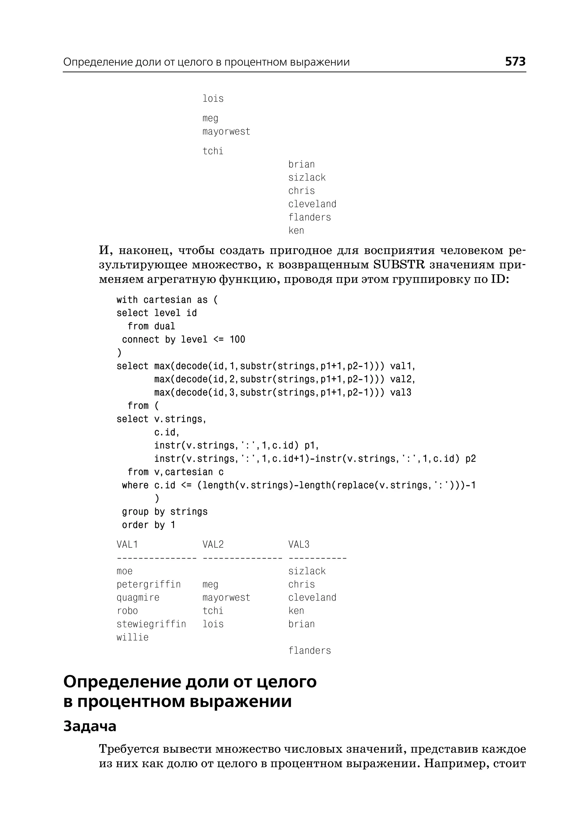 Определение доли от целого в процентном выражении                               573

                         lois
                         meg
                         mayorwest
                         tchi
                                         brian
                                         sizlack
                                         chris
                                         cleveland
                                         flanders
                                         ken
      И, наконец, чтобы создать пригодное для восприятия человеком ре
      зультирующее множество, к возвращенным SUBSTR значениям при
      меняем агрегатную функцию, проводя при этом группировку по ID:
         with cartesian as (
         select level id
            from dual
           connect by level <= 100
         )
         select max(decode(id,1,substr(strings,p1+1,p2 1))) val1,
                 max(decode(id,2,substr(strings,p1+1,p2 1))) val2,
                 max(decode(id,3,substr(strings,p1+1,p2 1))) val3
            from (
         select v.strings,
                 c.id,
                 instr(v.strings,':',1,c.id) p1,
                 instr(v.strings,':',1,c.id+1) instr(v.strings,':',1,c.id) p2
            from v,cartesian c
           where c.id <= (length(v.strings) length(replace(v.strings,':'))) 1
                 )
           group by strings
           order by 1
         VAL1            VAL2            VAL3

         moe                             sizlack
         petergriffin    meg             chris
         quagmire        mayorwest       cleveland
         robo            tchi            ken
         stewiegriffin   lois            brian
         willie
                                         flanders

Определение доли от целого
в процентном выражении
Задача
      Требуется вывести множество числовых значений, представив каждое
      из них как долю от целого в процентном выражении. Например, стоит
 