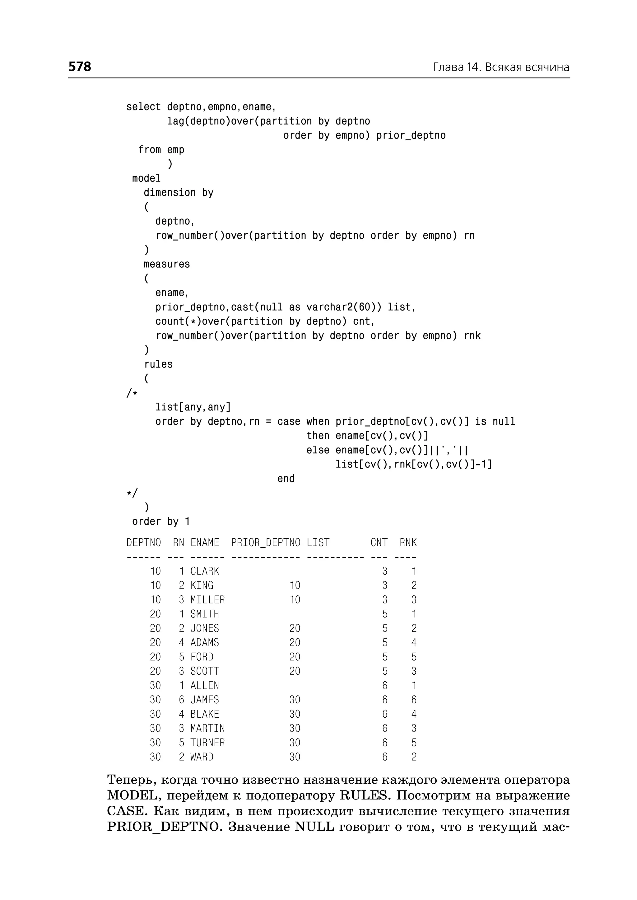 578                                                          Глава 14. Всякая всячина


        select deptno,empno,ename,
                lag(deptno)over(partition by deptno
                                    order by empno) prior_deptno
           from emp
                )
         model
            dimension by
            (
              deptno,
              row_number()over(partition by deptno order by empno) rn
            )
            measures
            (
              ename,
              prior_deptno,cast(null as varchar2(60)) list,
              count(*)over(partition by deptno) cnt,
              row_number()over(partition by deptno order by empno) rnk
            )
            rules
            (
        /*
              list[any,any]
              order by deptno,rn = case when prior_deptno[cv(),cv()] is null
                                        then ename[cv(),cv()]
                                        else ename[cv(),cv()]||','||
                                             list[cv(),rnk[cv(),cv()] 1]
                                   end
        */
            )
         order by 1
        DEPTNO RN ENAME PRIOR_DEPTNO LIST         CNT RNK

            10   1   CLARK                          3    1
            10   2   KING           10              3    2
            10   3   MILLER         10              3    3
            20   1   SMITH                          5    1
            20   2   JONES          20              5    2
            20   4   ADAMS          20              5    4
            20   5   FORD           20              5    5
            20   3   SCOTT          20              5    3
            30   1   ALLEN                          6    1
            30   6   JAMES          30              6    6
            30   4   BLAKE          30              6    4
            30   3   MARTIN         30              6    3
            30   5   TURNER         30              6    5
            30   2   WARD           30              6    2
      Теперь, когда точно известно назначение каждого элемента оператора
      MODEL, перейдем к подоператору RULES. Посмотрим на выражение
      CASE. Как видим, в нем происходит вычисление текущего значения
      PRIOR_DEPTNO. Значение NULL говорит о том, что в текущий мас
 