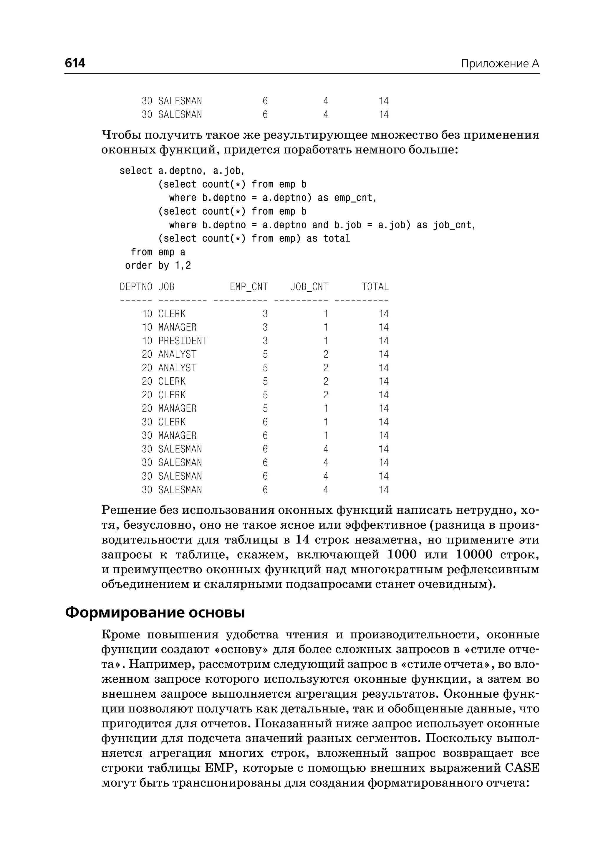 614                                                                     Приложение A


            30 SALESMAN            6           4         14
            30 SALESMAN            6           4         14
      Чтобы получить такое же результирующее множество без применения
      оконных функций, придется поработать немного больше:
        select a.deptno, a.job,
               (select count(*)   from emp b
                 where b.deptno   = a.deptno) as emp_cnt,
               (select count(*)   from emp b
                 where b.deptno   = a.deptno and b.job = a.job) as job_cnt,
               (select count(*)   from emp) as total
          from emp a
         order by 1,2
        DEPTNO JOB           EMP_CNT    JOB_CNT       TOTAL

            10   CLERK             3           1         14
            10   MANAGER           3           1         14
            10   PRESIDENT         3           1         14
            20   ANALYST           5           2         14
            20   ANALYST           5           2         14
            20   CLERK             5           2         14
            20   CLERK             5           2         14
            20   MANAGER           5           1         14
            30   CLERK             6           1         14
            30   MANAGER           6           1         14
            30   SALESMAN          6           4         14
            30   SALESMAN          6           4         14
            30   SALESMAN          6           4         14
            30   SALESMAN          6           4         14
      Решение без использования оконных функций написать нетрудно, хо
      тя, безусловно, оно не такое ясное или эффективное (разница в произ
      водительности для таблицы в 14 строк незаметна, но примените эти
      запросы к таблице, скажем, включающей 1000 или 10000 строк,
      и преимущество оконных функций над многократным рефлексивным
      объединением и скалярными подзапросами станет очевидным).

Формирование основы
      Кроме повышения удобства чтения и производительности, оконные
      функции создают «основу» для более сложных запросов в «стиле отче
      та». Например, рассмотрим следующий запрос в «стиле отчета», во вло
      женном запросе которого используются оконные функции, а затем во
      внешнем запросе выполняется агрегация результатов. Оконные функ
      ции позволяют получать как детальные, так и обобщенные данные, что
      пригодится для отчетов. Показанный ниже запрос использует оконные
      функции для подсчета значений разных сегментов. Поскольку выпол
      няется агрегация многих строк, вложенный запрос возвращает все
      строки таблицы EMP, которые с помощью внешних выражений CASE
      могут быть транспонированы для создания форматированного отчета:
 