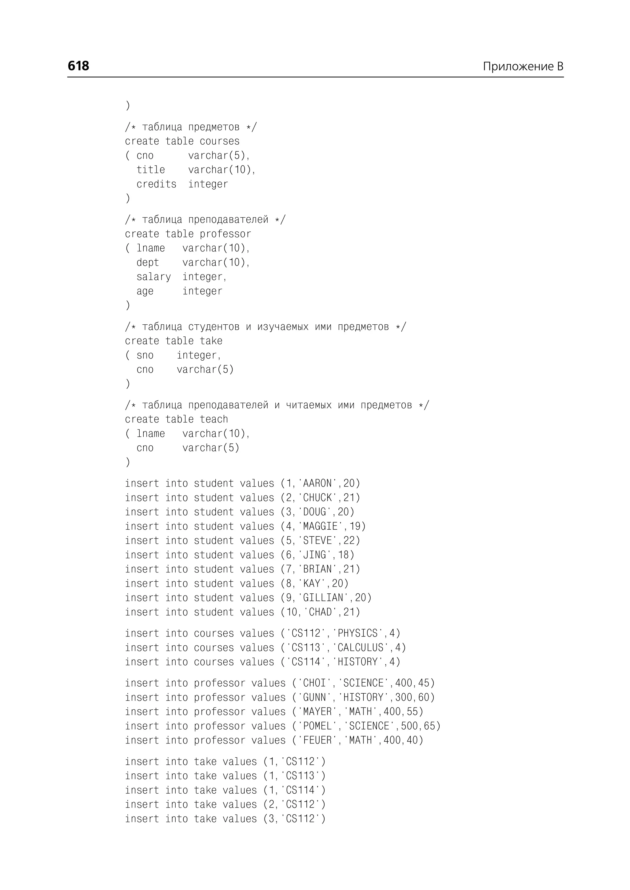 618                                                                     Приложение B


      )
      /* таблица предметов */
      create table courses
      ( cno      varchar(5),
        title    varchar(10),
        credits integer
      )
      /* таблица преподавателей */
      create table professor
      ( lname varchar(10),
        dept    varchar(10),
        salary integer,
        age     integer
      )
      /* таблица студентов и изучаемых ими предметов */
      create table take
      ( sno    integer,
        cno    varchar(5)
      )
      /* таблица преподавателей и читаемых ими предметов */
      create table teach
      ( lname varchar(10),
        cno     varchar(5)
      )
      insert   into   student   values   (1,'AARON',20)
      insert   into   student   values   (2,'CHUCK',21)
      insert   into   student   values   (3,'DOUG',20)
      insert   into   student   values   (4,'MAGGIE',19)
      insert   into   student   values   (5,'STEVE',22)
      insert   into   student   values   (6,'JING',18)
      insert   into   student   values   (7,'BRIAN',21)
      insert   into   student   values   (8,'KAY',20)
      insert   into   student   values   (9,'GILLIAN',20)
      insert   into   student   values   (10,'CHAD',21)
      insert into courses values ('CS112','PHYSICS',4)
      insert into courses values ('CS113','CALCULUS',4)
      insert into courses values ('CS114','HISTORY',4)
      insert   into   professor   values   ('CHOI','SCIENCE',400,45)
      insert   into   professor   values   ('GUNN','HISTORY',300,60)
      insert   into   professor   values   ('MAYER','MATH',400,55)
      insert   into   professor   values   ('POMEL','SCIENCE',500,65)
      insert   into   professor   values   ('FEUER','MATH',400,40)
      insert   into   take   values   (1,'CS112')
      insert   into   take   values   (1,'CS113')
      insert   into   take   values   (1,'CS114')
      insert   into   take   values   (2,'CS112')
      insert   into   take   values   (3,'CS112')
 