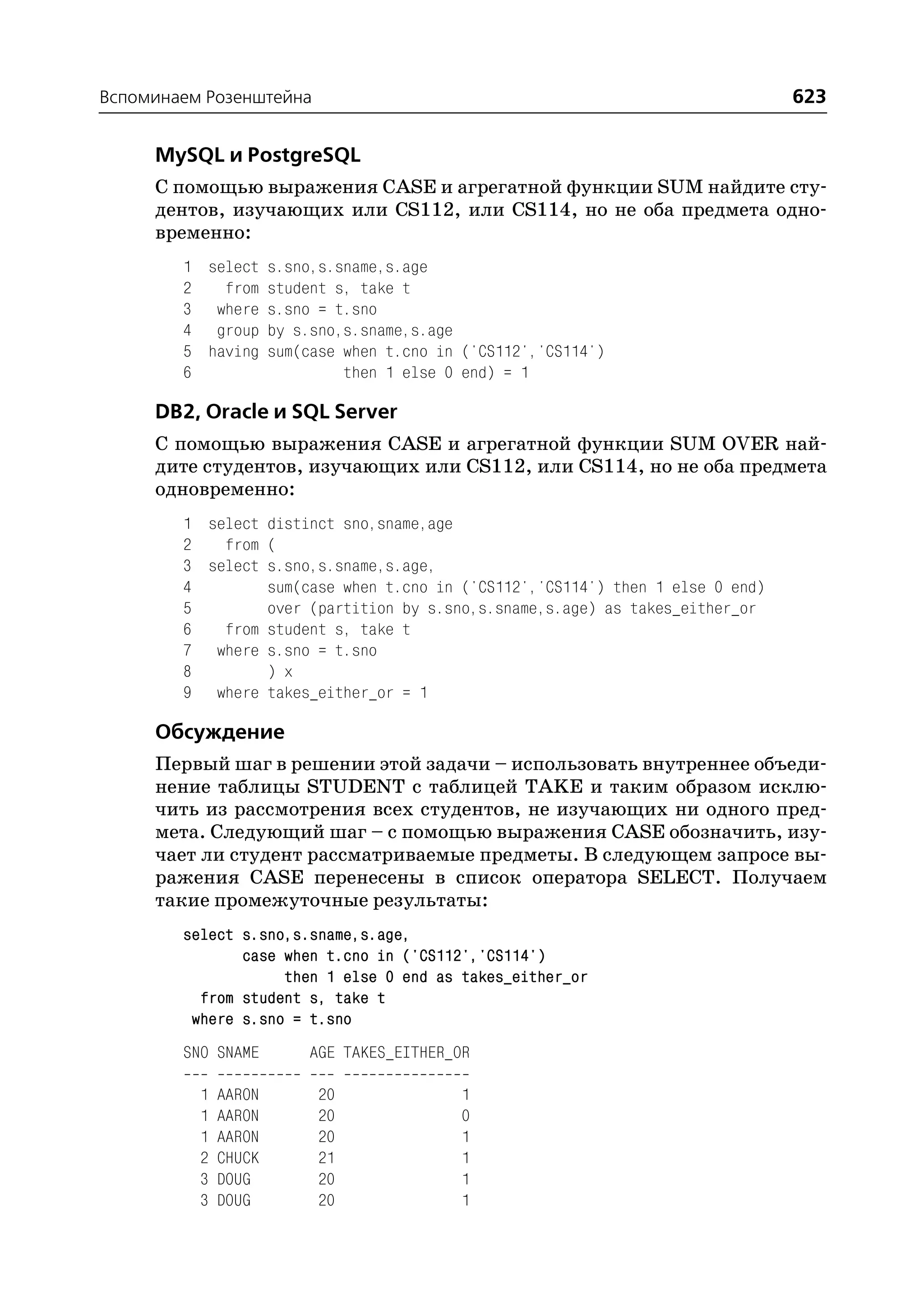 Вспоминаем Розенштейна                                                         623

     MySQL и PostgreSQL
     С помощью выражения CASE и агрегатной функции SUM найдите сту
     дентов, изучающих или CS112, или CS114, но не оба предмета одно
     временно:
        1 select s.sno,s.sname,s.age
        2   from student s, take t
        3 where s.sno = t.sno
        4 group by s.sno,s.sname,s.age
        5 having sum(case when t.cno in ('CS112','CS114')
        6                 then 1 else 0 end) = 1

     DB2, Oracle и SQL Server
     С помощью выражения CASE и агрегатной функции SUM OVER най
     дите студентов, изучающих или CS112, или CS114, но не оба предмета
     одновременно:
        1 select distinct sno,sname,age
        2   from (
        3 select s.sno,s.sname,s.age,
        4        sum(case when t.cno in ('CS112','CS114') then 1 else 0 end)
        5        over (partition by s.sno,s.sname,s.age) as takes_either_or
        6   from student s, take t
        7 where s.sno = t.sno
        8        ) x
        9 where takes_either_or = 1

     Обсуждение
     Первый шаг в решении этой задачи – использовать внутреннее объеди
     нение таблицы STUDENT с таблицей TAKE и таким образом исклю
     чить из рассмотрения всех студентов, не изучающих ни одного пред
     мета. Следующий шаг – с помощью выражения CASE обозначить, изу
     чает ли студент рассматриваемые предметы. В следующем запросе вы
     ражения CASE перенесены в список оператора SELECT. Получаем
     такие промежуточные результаты:
        select s.sno,s.sname,s.age,
               case when t.cno in ('CS112','CS114')
                    then 1 else 0 end as takes_either_or
          from student s, take t
         where s.sno = t.sno
        SNO SNAME      AGE TAKES_EITHER_OR

          1   AARON      20              1
          1   AARON      20              0
          1   AARON      20              1
          2   CHUCK      21              1
          3   DOUG       20              1
          3   DOUG       20              1
 