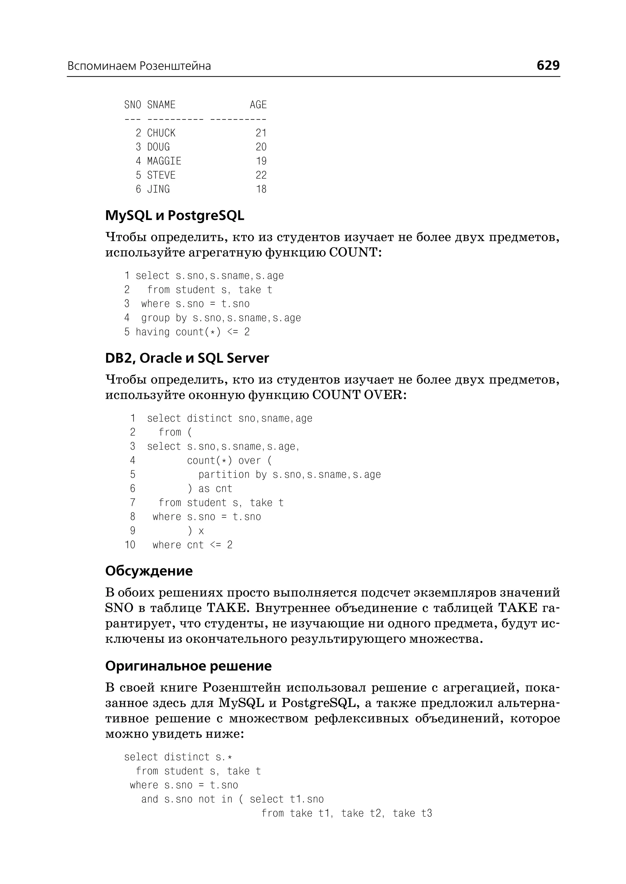 Вспоминаем Розенштейна                                               629

        SNO SNAME                AGE

            2   CHUCK             21
            3   DOUG              20
            4   MAGGIE            19
            5   STEVE             22
            6   JING              18

     MySQL и PostgreSQL
     Чтобы определить, кто из студентов изучает не более двух предметов,
     используйте агрегатную функцию COUNT:
        1   select   s.sno,s.sname,s.age
        2     from   student s, take t
        3    where   s.sno = t.sno
        4    group   by s.sno,s.sname,s.age
        5   having   count(*) <= 2

     DB2, Oracle и SQL Server
     Чтобы определить, кто из студентов изучает не более двух предметов,
     используйте оконную функцию COUNT OVER:
         1 select distinct sno,sname,age
         2   from (
         3 select s.sno,s.sname,s.age,
         4        count(*) over (
         5          partition by s.sno,s.sname,s.age
         6        ) as cnt
         7   from student s, take t
         8 where s.sno = t.sno
         9        ) x
        10 where cnt <= 2

     Обсуждение
     В обоих решениях просто выполняется подсчет экземпляров значений
     SNO в таблице TAKE. Внутреннее объединение с таблицей TAKE га
     рантирует, что студенты, не изучающие ни одного предмета, будут ис
     ключены из окончательного результирующего множества.

     Оригинальное решение
     В своей книге Розенштейн использовал решение с агрегацией, пока
     занное здесь для MySQL и PostgreSQL, а также предложил альтерна
     тивное решение с множеством рефлексивных объединений, которое
     можно увидеть ниже:
        select     distinct s.*
          from     student s, take t
         where     s.sno = t.sno
           and     s.sno not in ( select t1.sno
                                    from take t1, take t2, take t3
 