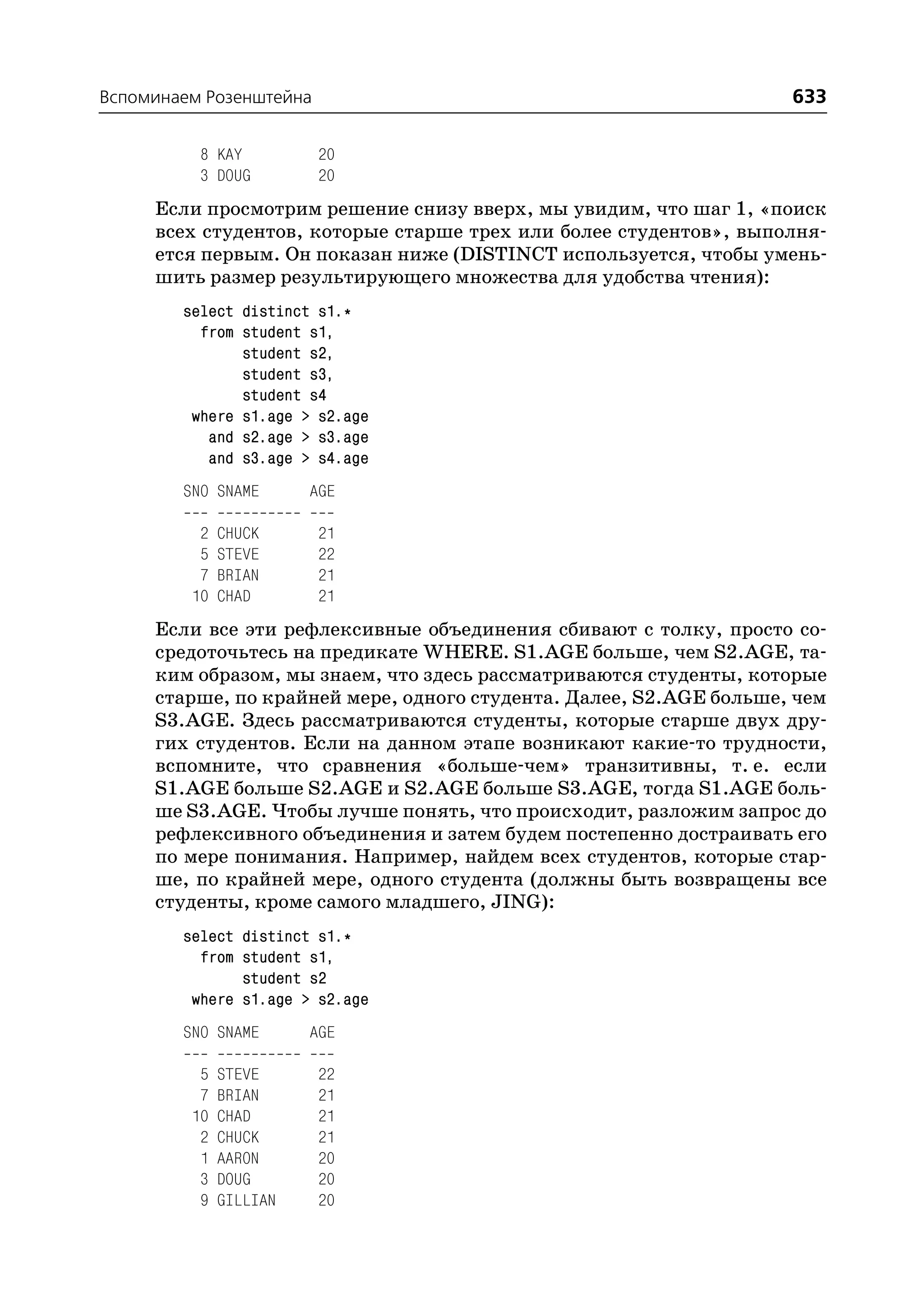 Вспоминаем Розенштейна                                              633

          8 KAY          20
          3 DOUG         20
     Если просмотрим решение снизу вверх, мы увидим, что шаг 1, «поиск
     всех студентов, которые старше трех или более студентов», выполня
     ется первым. Он показан ниже (DISTINCT используется, чтобы умень
     шить размер результирующего множества для удобства чтения):
        select distinct s1.*
          from student s1,
               student s2,
               student s3,
               student s4
         where s1.age > s2.age
           and s2.age > s3.age
           and s3.age > s4.age
        SNO SNAME       AGE

          2   CHUCK      21
          5   STEVE      22
          7   BRIAN      21
         10   CHAD       21
     Если все эти рефлексивные объединения сбивают с толку, просто со
     средоточьтесь на предикате WHERE. S1.AGE больше, чем S2.AGE, та
     ким образом, мы знаем, что здесь рассматриваются студенты, которые
     старше, по крайней мере, одного студента. Далее, S2.AGE больше, чем
     S3.AGE. Здесь рассматриваются студенты, которые старше двух дру
     гих студентов. Если на данном этапе возникают какие то трудности,
     вспомните, что сравнения «больше чем» транзитивны, т. е. если
     S1.AGE больше S2.AGE и S2.AGE больше S3.AGE, тогда S1.AGE боль
     ше S3.AGE. Чтобы лучше понять, что происходит, разложим запрос до
     рефлексивного объединения и затем будем постепенно достраивать его
     по мере понимания. Например, найдем всех студентов, которые стар
     ше, по крайней мере, одного студента (должны быть возвращены все
     студенты, кроме самого младшего, JING):
        select distinct s1.*
          from student s1,
               student s2
         where s1.age > s2.age
        SNO SNAME       AGE

          5   STEVE      22
          7   BRIAN      21
         10   CHAD       21
          2   CHUCK      21
          1   AARON      20
          3   DOUG       20
          9   GILLIAN    20
 