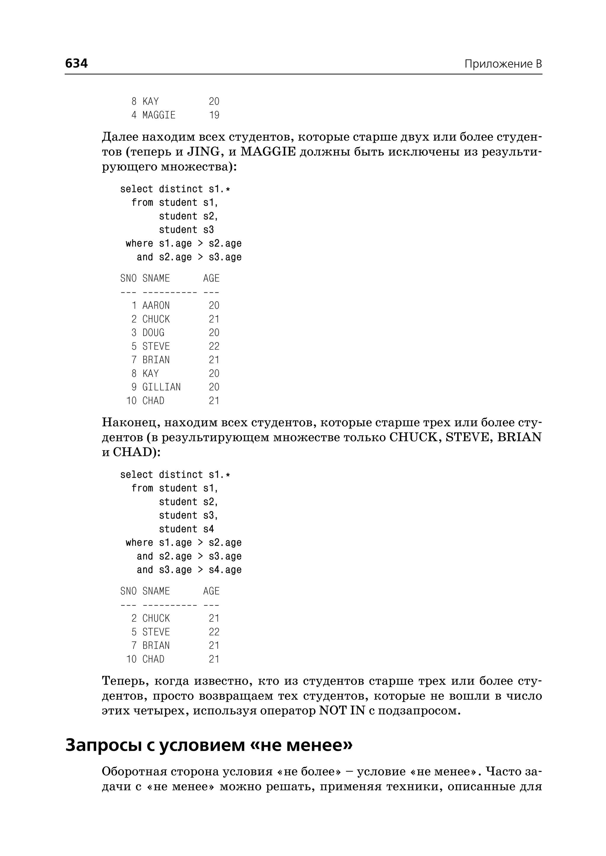634                                                          Приложение B


          8 KAY          20
          4 MAGGIE       19
      Далее находим всех студентов, которые старше двух или более студен
      тов (теперь и JING, и MAGGIE должны быть исключены из результи
      рующего множества):
        select distinct s1.*
          from student s1,
               student s2,
               student s3
         where s1.age > s2.age
           and s2.age > s3.age
        SNO SNAME       AGE

          1   AARON      20
          2   CHUCK      21
          3   DOUG       20
          5   STEVE      22
          7   BRIAN      21
          8   KAY        20
          9   GILLIAN    20
         10   CHAD       21
      Наконец, находим всех студентов, которые старше трех или более сту
      дентов (в результирующем множестве только CHUCK, STEVE, BRIAN
      и CHAD):
        select distinct s1.*
          from student s1,
               student s2,
               student s3,
               student s4
         where s1.age > s2.age
           and s2.age > s3.age
           and s3.age > s4.age
        SNO SNAME       AGE

          2   CHUCK      21
          5   STEVE      22
          7   BRIAN      21
         10   CHAD       21
      Теперь, когда известно, кто из студентов старше трех или более сту
      дентов, просто возвращаем тех студентов, которые не вошли в число
      этих четырех, используя оператор NOT IN с подзапросом.

Запросы с условием «не менее»
      Оборотная сторона условия «не более» – условие «не менее». Часто за
      дачи с «не менее» можно решать, применяя техники, описанные для
 