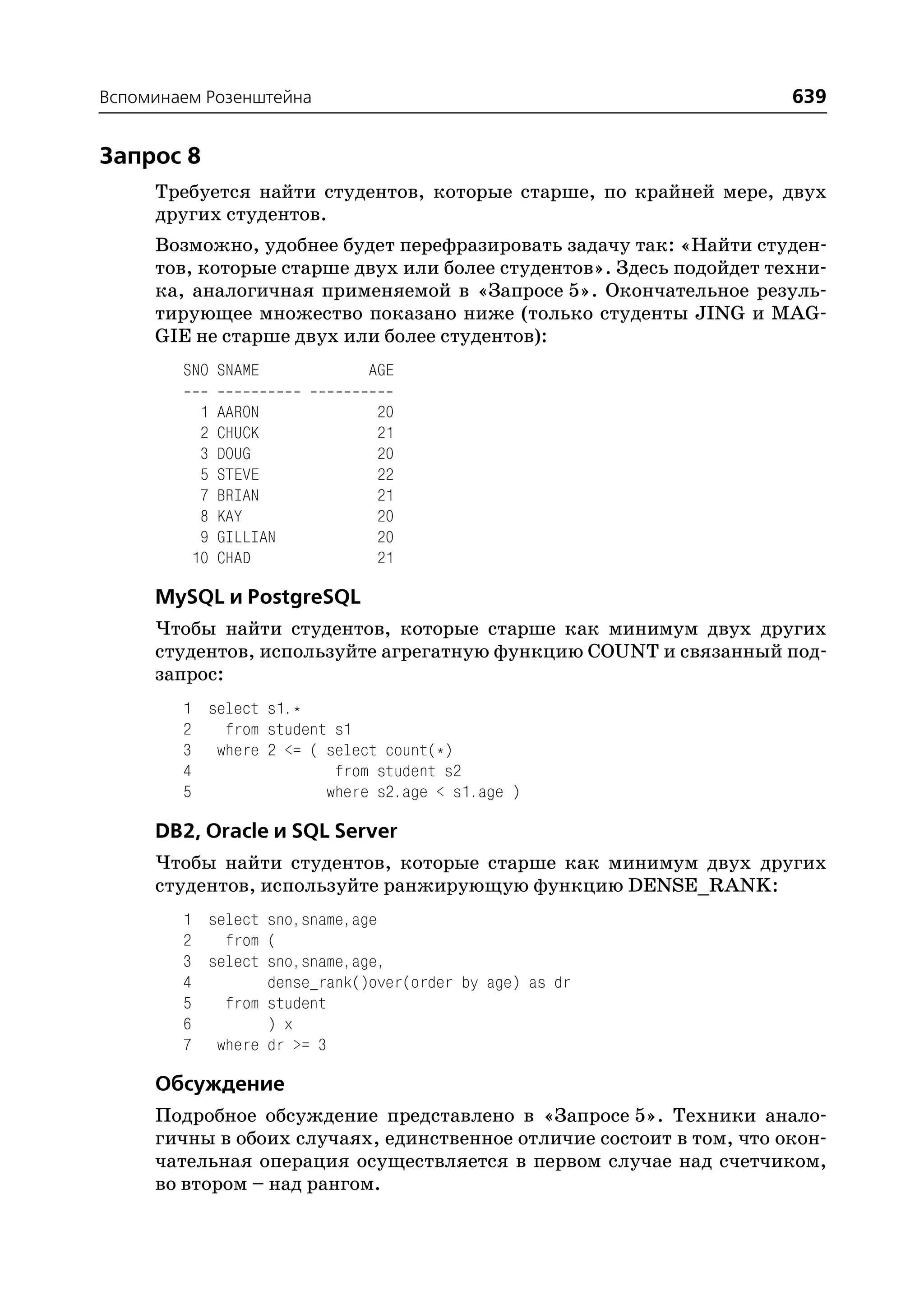 Вспоминаем Розенштейна                                               639


Запрос 8
     Требуется найти студентов, которые старше, по крайней мере, двух
     других студентов.
     Возможно, удобнее будет перефразировать задачу так: «Найти студен
     тов, которые старше двух или более студентов». Здесь подойдет техни
     ка, аналогичная применяемой в «Запросе 5». Окончательное резуль
     тирующее множество показано ниже (только студенты JING и MAG
     GIE не старше двух или более студентов):
        SNO SNAME            AGE

          1   AARON           20
          2   CHUCK           21
          3   DOUG            20
          5   STEVE           22
          7   BRIAN           21
          8   KAY             20
          9   GILLIAN         20
         10   CHAD            21

     MySQL и PostgreSQL
     Чтобы найти студентов, которые старше как минимум двух других
     студентов, используйте агрегатную функцию COUNT и связанный под
     запрос:
        1 select s1.*
        2   from student s1
        3 where 2 <= ( select count(*)
        4                from student s2
        5               where s2.age < s1.age )

     DB2, Oracle и SQL Server
     Чтобы найти студентов, которые старше как минимум двух других
     студентов, используйте ранжирующую функцию DENSE_RANK:
        1 select sno,sname,age
        2   from (
        3 select sno,sname,age,
        4        dense_rank()over(order by age) as dr
        5   from student
        6        ) x
        7 where dr >= 3

     Обсуждение
     Подробное обсуждение представлено в «Запросе 5». Техники анало
     гичны в обоих случаях, единственное отличие состоит в том, что окон
     чательная операция осуществляется в первом случае над счетчиком,
     во втором – над рангом.
 