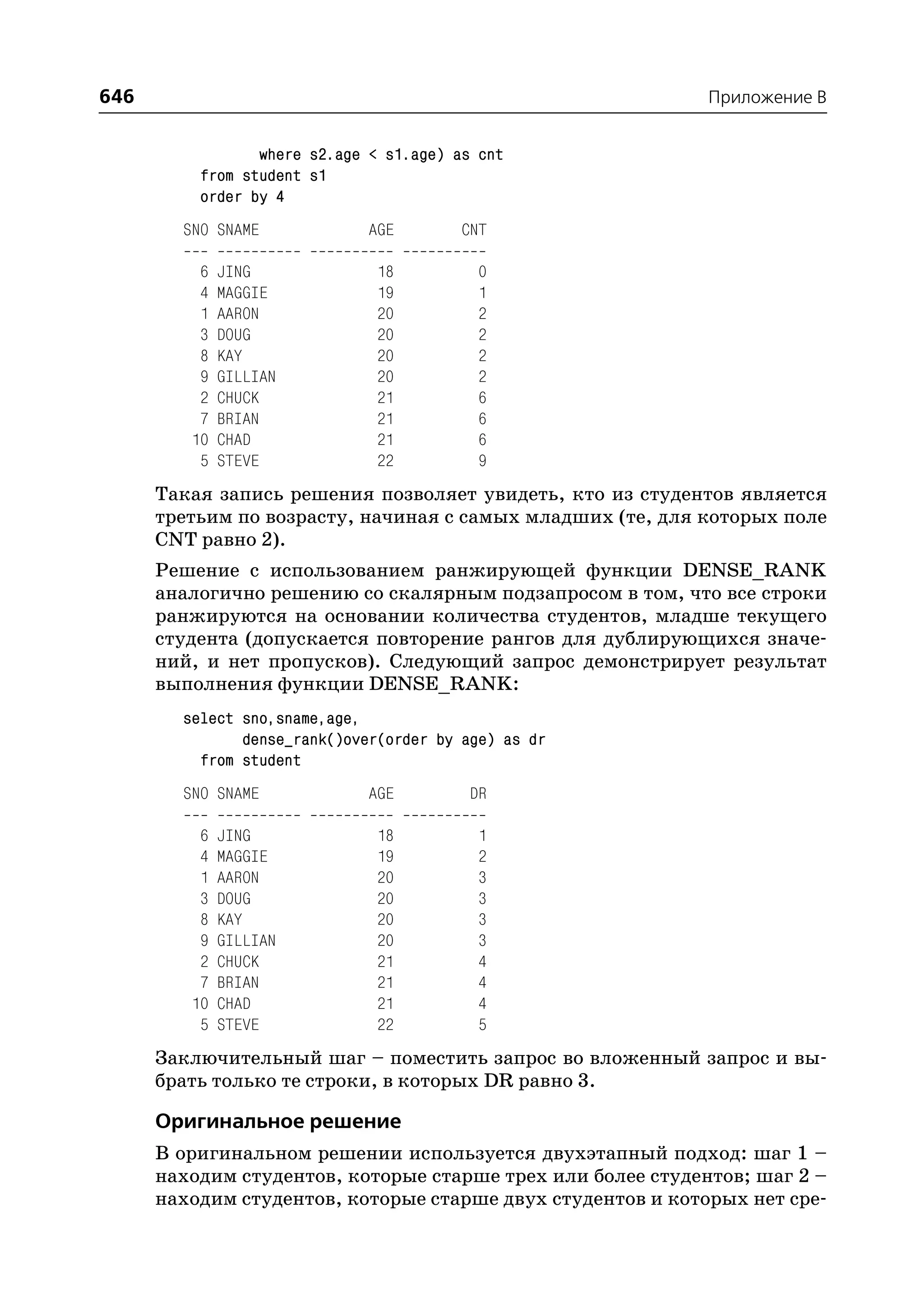 646                                                          Приложение B


                 where s2.age < s1.age) as cnt
          from student s1
          order by 4
        SNO SNAME            AGE         CNT

          6   JING             18          0
          4   MAGGIE           19          1
          1   AARON            20          2
          3   DOUG             20          2
          8   KAY              20          2
          9   GILLIAN          20          2
          2   CHUCK            21          6
          7   BRIAN            21          6
         10   CHAD             21          6
          5   STEVE            22          9
      Такая запись решения позволяет увидеть, кто из студентов является
      третьим по возрасту, начиная с самых младших (те, для которых поле
      CNT равно 2).
      Решение с использованием ранжирующей функции DENSE_RANK
      аналогично решению со скалярным подзапросом в том, что все строки
      ранжируются на основании количества студентов, младше текущего
      студента (допускается повторение рангов для дублирующихся значе
      ний, и нет пропусков). Следующий запрос демонстрирует результат
      выполнения функции DENSE_RANK:
        select sno,sname,age,
               dense_rank()over(order by age) as dr
          from student
        SNO SNAME            AGE         DR

          6   JING             18          1
          4   MAGGIE           19          2
          1   AARON            20          3
          3   DOUG             20          3
          8   KAY              20          3
          9   GILLIAN          20          3
          2   CHUCK            21          4
          7   BRIAN            21          4
         10   CHAD             21          4
          5   STEVE            22          5
      Заключительный шаг – поместить запрос во вложенный запрос и вы
      брать только те строки, в которых DR равно 3.

      Оригинальное решение
      В оригинальном решении используется двухэтапный подход: шаг 1 –
      находим студентов, которые старше трех или более студентов; шаг 2 –
      находим студентов, которые старше двух студентов и которых нет сре
 