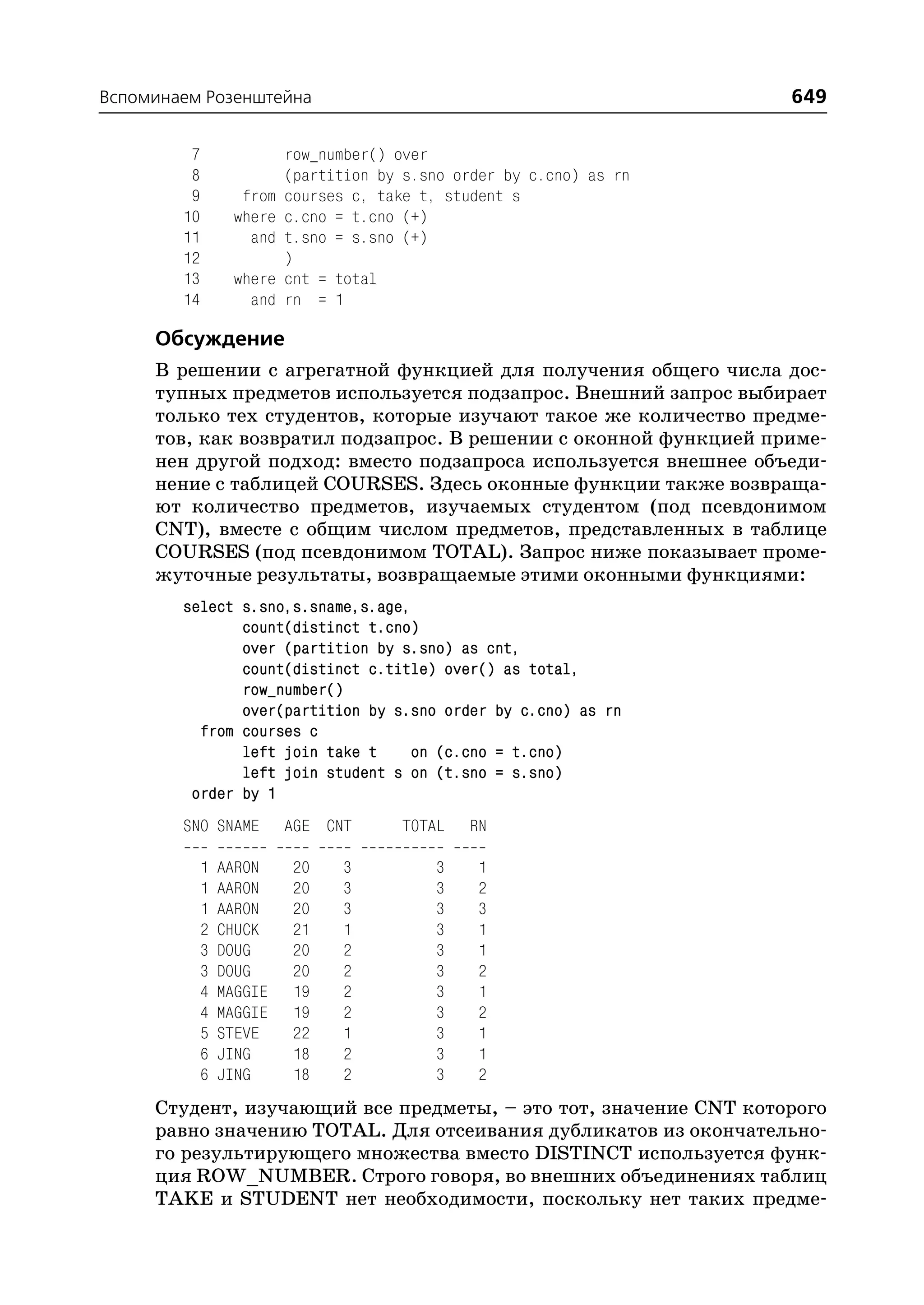 Вспоминаем Розенштейна                                                649

         7                row_number() over
         8                (partition by s.sno order by c.cno) as rn
         9         from   courses c, take t, student s
        10        where   c.cno = t.cno (+)
        11          and   t.sno = s.sno (+)
        12                )
        13        where   cnt = total
        14          and   rn = 1

     Обсуждение
     В решении с агрегатной функцией для получения общего числа дос
     тупных предметов используется подзапрос. Внешний запрос выбирает
     только тех студентов, которые изучают такое же количество предме
     тов, как возвратил подзапрос. В решении с оконной функцией приме
     нен другой подход: вместо подзапроса используется внешнее объеди
     нение с таблицей COURSES. Здесь оконные функции также возвраща
     ют количество предметов, изучаемых студентом (под псевдонимом
     CNT), вместе с общим числом предметов, представленных в таблице
     COURSES (под псевдонимом TOTAL). Запрос ниже показывает проме
     жуточные результаты, возвращаемые этими оконными функциями:
        select s.sno,s.sname,s.age,
               count(distinct t.cno)
               over (partition by s.sno) as cnt,
               count(distinct c.title) over() as total,
               row_number()
               over(partition by s.sno order by c.cno) as rn
          from courses c
               left join take t     on (c.cno = t.cno)
               left join student s on (t.sno = s.sno)
         order by 1
        SNO SNAME         AGE CNT      TOTAL    RN

             1   AARON     20   3           3    1
             1   AARON     20   3           3    2
             1   AARON     20   3           3    3
             2   CHUCK     21   1           3    1
             3   DOUG      20   2           3    1
             3   DOUG      20   2           3    2
             4   MAGGIE    19   2           3    1
             4   MAGGIE    19   2           3    2
             5   STEVE     22   1           3    1
             6   JING      18   2           3    1
             6   JING      18   2           3    2
     Студент, изучающий все предметы, – это тот, значение CNT которого
     равно значению TOTAL. Для отсеивания дубликатов из окончательно
     го результирующего множества вместо DISTINCT используется функ
     ция ROW_NUMBER. Строго говоря, во внешних объединениях таблиц
     TAKE и STUDENT нет необходимости, поскольку нет таких предме
 