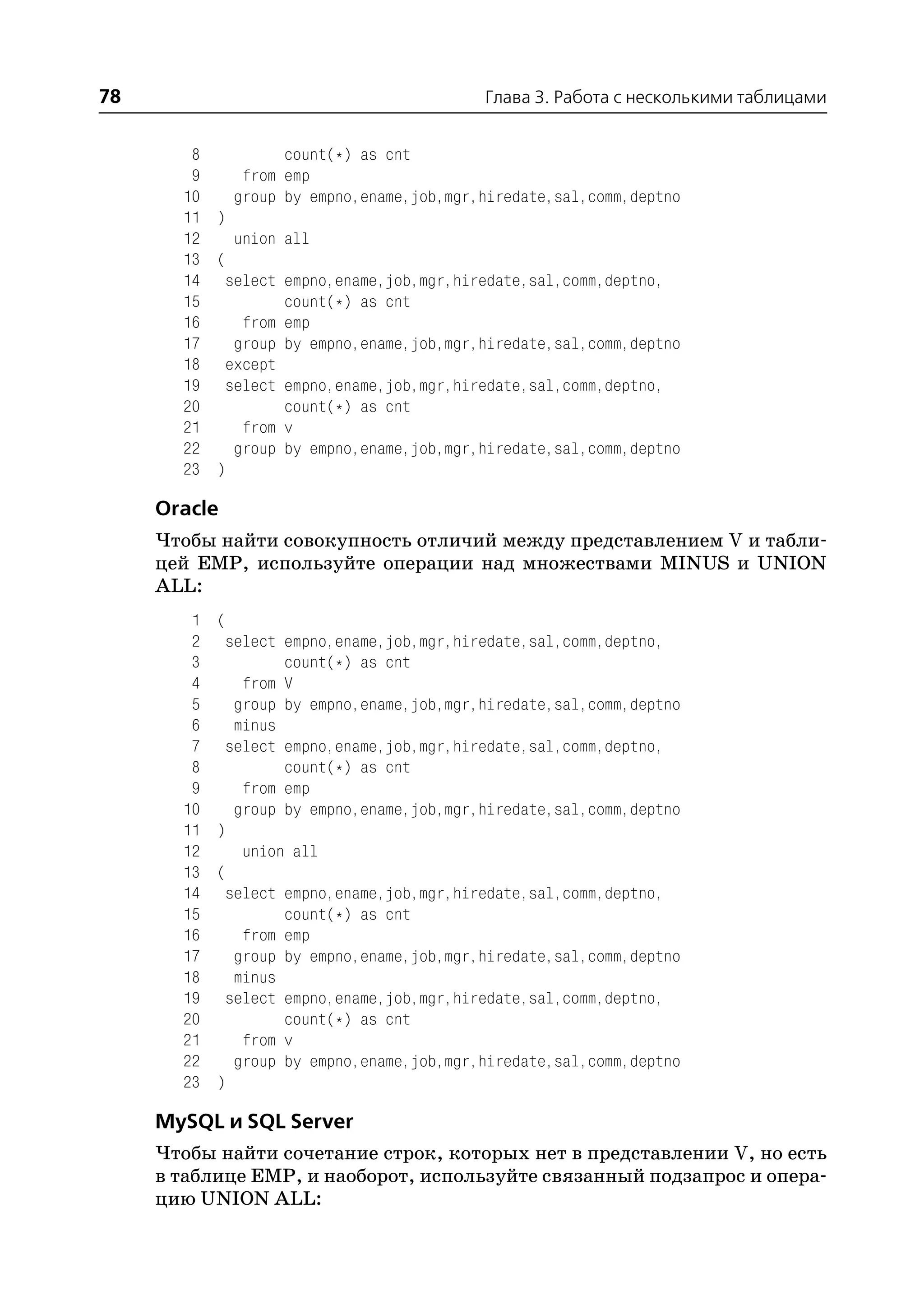 78                                         Глава 3. Работа с несколькими таблицами


        8         count(*) as cnt
        9    from emp
       10   group by empno,ename,job,mgr,hiredate,sal,comm,deptno
       11 )
       12   union all
       13 (
       14 select empno,ename,job,mgr,hiredate,sal,comm,deptno,
       15         count(*) as cnt
       16    from emp
       17   group by empno,ename,job,mgr,hiredate,sal,comm,deptno
       18 except
       19 select empno,ename,job,mgr,hiredate,sal,comm,deptno,
       20         count(*) as cnt
       21    from v
       22   group by empno,ename,job,mgr,hiredate,sal,comm,deptno
       23 )

     Oracle
     Чтобы найти совокупность отличий между представлением V и табли
     цей EMP, используйте операции над множествами MINUS и UNION
     ALL:
        1   (
        2    select empno,ename,job,mgr,hiredate,sal,comm,deptno,
        3           count(*) as cnt
        4      from V
        5     group by empno,ename,job,mgr,hiredate,sal,comm,deptno
        6     minus
        7    select empno,ename,job,mgr,hiredate,sal,comm,deptno,
        8           count(*) as cnt
        9      from emp
       10     group by empno,ename,job,mgr,hiredate,sal,comm,deptno
       11   )
       12      union all
       13   (
       14    select empno,ename,job,mgr,hiredate,sal,comm,deptno,
       15           count(*) as cnt
       16      from emp
       17     group by empno,ename,job,mgr,hiredate,sal,comm,deptno
       18     minus
       19    select empno,ename,job,mgr,hiredate,sal,comm,deptno,
       20           count(*) as cnt
       21      from v
       22     group by empno,ename,job,mgr,hiredate,sal,comm,deptno
       23   )

     MySQL и SQL Server
     Чтобы найти сочетание строк, которых нет в представлении V, но есть
     в таблице EMP, и наоборот, используйте связанный подзапрос и опера
     цию UNION ALL:
 