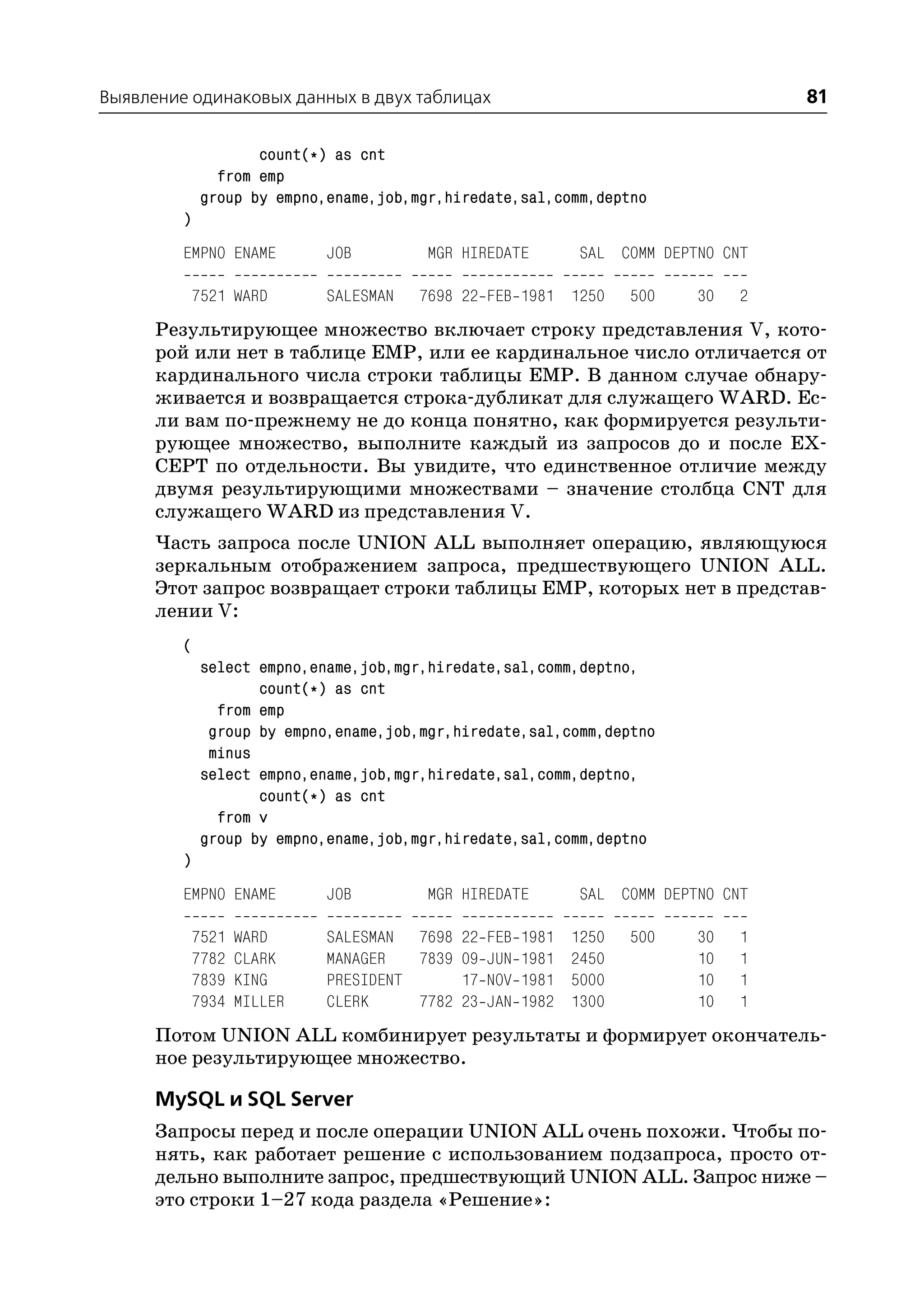 Выявление одинаковых данных в двух таблицах                                      81

                     count(*) as cnt
                from emp
              group by empno,ename,job,mgr,hiredate,sal,comm,deptno
         )
         EMPNO ENAME         JOB        MGR HIREDATE       SAL COMM DEPTNO CNT

             7521 WARD       SALESMAN   7698 22 FEB 1981 1250    500    30   2
      Результирующее множество включает строку представления V, кото
      рой или нет в таблице EMP, или ее кардинальное число отличается от
      кардинального числа строки таблицы EMP. В данном случае обнару
      живается и возвращается строка дубликат для служащего WARD. Ес
      ли вам по прежнему не до конца понятно, как формируется результи
      рующее множество, выполните каждый из запросов до и после EX
      CEPT по отдельности. Вы увидите, что единственное отличие между
      двумя результирующими множествами – значение столбца CNT для
      служащего WARD из представления V.
      Часть запроса после UNION ALL выполняет операцию, являющуюся
      зеркальным отображением запроса, предшествующего UNION ALL.
      Этот запрос возвращает строки таблицы EMP, которых нет в представ
      лении V:
         (
              select empno,ename,job,mgr,hiredate,sal,comm,deptno,
                     count(*) as cnt
                from emp
               group by empno,ename,job,mgr,hiredate,sal,comm,deptno
               minus
              select empno,ename,job,mgr,hiredate,sal,comm,deptno,
                     count(*) as cnt
                from v
              group by empno,ename,job,mgr,hiredate,sal,comm,deptno
         )
         EMPNO ENAME         JOB        MGR HIREDATE       SAL COMM DEPTNO CNT

             7521   WARD     SALESMAN 7698 22 FEB 1981    1250   500    30   1
             7782   CLARK    MANAGER   7839 09 JUN 1981   2450          10   1
             7839   KING     PRESIDENT      17 NOV 1981   5000          10   1
             7934   MILLER   CLERK     7782 23 JAN 1982   1300          10   1
      Потом UNION ALL комбинирует результаты и формирует окончатель
      ное результирующее множество.

      MySQL и SQL Server
      Запросы перед и после операции UNION ALL очень похожи. Чтобы по
      нять, как работает решение с использованием подзапроса, просто от
      дельно выполните запрос, предшествующий UNION ALL. Запрос ниже –
      это строки 1–27 кода раздела «Решение»:
 