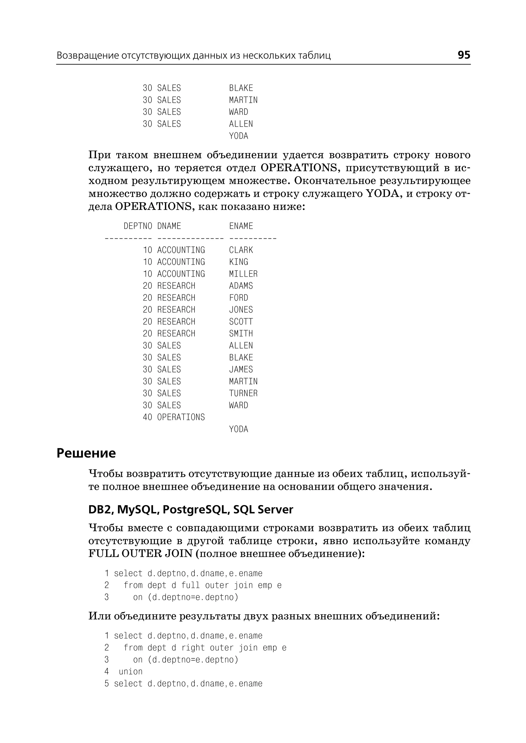 Возвращение отсутствующих данных из нескольких таблиц               95

                30   SALES        BLAKE
                30   SALES        MARTIN
                30   SALES        WARD
                30   SALES        ALLEN
                                  YODA
      При таком внешнем объединении удается возвратить строку нового
      служащего, но теряется отдел OPERATIONS, присутствующий в ис
      ходном результирующем множестве. Окончательное результирующее
      множество должно содержать и строку служащего YODA, и строку от
      дела OPERATIONS, как показано ниже:
            DEPTNO DNAME          ENAME

                10   ACCOUNTING   CLARK
                10   ACCOUNTING   KING
                10   ACCOUNTING   MILLER
                20   RESEARCH     ADAMS
                20   RESEARCH     FORD
                20   RESEARCH     JONES
                20   RESEARCH     SCOTT
                20   RESEARCH     SMITH
                30   SALES        ALLEN
                30   SALES        BLAKE
                30   SALES        JAMES
                30   SALES        MARTIN
                30   SALES        TURNER
                30   SALES        WARD
                40   OPERATIONS
                                  YODA

Решение
      Чтобы возвратить отсутствующие данные из обеих таблиц, используй
      те полное внешнее объединение на основании общего значения.

      DB2, MySQL, PostgreSQL, SQL Server
      Чтобы вместе с совпадающими строками возвратить из обеих таблиц
      отсутствующие в другой таблице строки, явно используйте команду
      FULL OUTER JOIN (полное внешнее объединение):
         1 select d.deptno,d.dname,e.ename
         2 from dept d full outer join emp e
         3     on (d.deptno=e.deptno)
      Или объедините результаты двух разных внешних объединений:
         1 select d.deptno,d.dname,e.ename
         2 from dept d right outer join emp e
         3     on (d.deptno=e.deptno)
         4 union
         5 select d.deptno,d.dname,e.ename
 