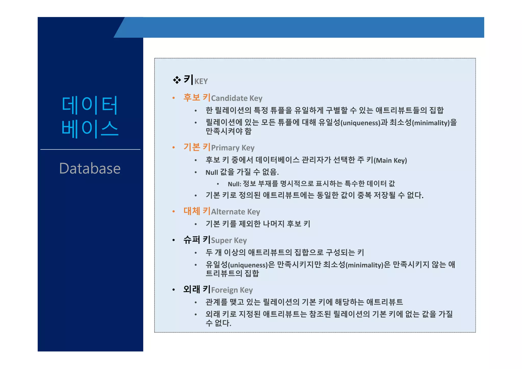 데이터
베이스
Database
v키KEY
• 후보 키Candidate Key
• 한 릴레이션의 특정 튜플을 유일하게 구별할 수 있는 애트리뷰트들의 집합
• 릴레이션에 있는 모든 튜플에 대해 유일성(uniqueness)과 최소성(minimality)을
만족시켜야 함
• 기본 키Primary Key
• 후보 키 중에서 데이터베이스 관리자가 선택한 주 키(Main Key)
• Null 값을 가질 수 없음.
• Null: 정보 부재를 명시적으로 표시하는 특수한 데이터 값
• 기본 키로 정의된 애트리뷰트에는 동일한 값이 중복 저장될 수 없다.
• 대체 키Alternate Key
• 기본 키를 제외한 나머지 후보 키
• 슈퍼 키Super Key
• 두 개 이상의 애트리뷰트의 집합으로 구성되는 키
• 유일성(uniqueness)은 만족시키지만 최소성(minimality)은 만족시키지 않는 애
트리뷰트의 집합
• 외래 키Foreign Key
• 관계를 맺고 있는 릴레이션의 기본 키에 해당하는 애트리뷰트
• 외래 키로 지정된 애트리뷰트는 참조된 릴레이션의 기본 키에 없는 값을 가질
수 없다.
v키KEY
• 후보 키Candidate Key
• 한 릴레이션의 특정 튜플을 유일하게 구별할 수 있는 애트리뷰트들의 집합
• 릴레이션에 있는 모든 튜플에 대해 유일성(uniqueness)과 최소성(minimality)을
만족시켜야 함
• 기본 키Primary Key
• 후보 키 중에서 데이터베이스 관리자가 선택한 주 키(Main Key)
• Null 값을 가질 수 없음.
• Null: 정보 부재를 명시적으로 표시하는 특수한 데이터 값
• 기본 키로 정의된 애트리뷰트에는 동일한 값이 중복 저장될 수 없다.
• 대체 키Alternate Key
• 기본 키를 제외한 나머지 후보 키
• 슈퍼 키Super Key
• 두 개 이상의 애트리뷰트의 집합으로 구성되는 키
• 유일성(uniqueness)은 만족시키지만 최소성(minimality)은 만족시키지 않는 애
트리뷰트의 집합
• 외래 키Foreign Key
• 관계를 맺고 있는 릴레이션의 기본 키에 해당하는 애트리뷰트
• 외래 키로 지정된 애트리뷰트는 참조된 릴레이션의 기본 키에 없는 값을 가질
수 없다.
 