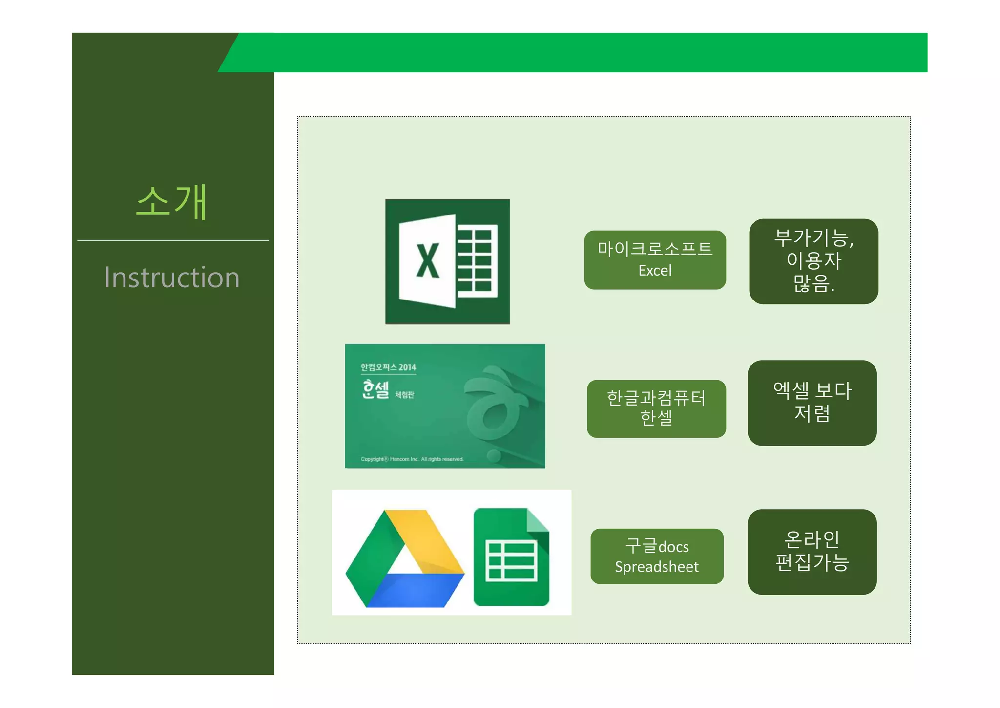 소개
Instruction
마이크로소프트
Excel
부가기능,
이용자
많음.
한글과컴퓨터
한셀
구글docs
Spreadsheet
엑셀 보다
저렴
온라인
편집가능
 