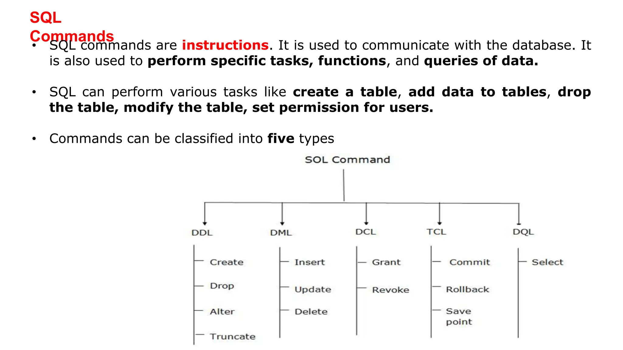 SQL Commands • SQL commands are instructions. It is used to communicate with the database. It is also used to perform specific tasks, functions, and queries of data. • SQL can perform various tasks like create a table, add data to tables, drop the table, modify the table, set permission for users. • Commands can be classified into five types 