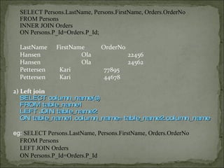 SELECT Persons.LastName, Persons.FirstName, Orders.OrderNo FROM Persons INNER JOIN Orders ON Persons.P_Id=Orders.P_Id; LastName FirstName OrderNo Hansen   Ola   22456 Hansen   Ola   24562 Pettersen   Kari   77895 Pettersen   Kari   44678 2) Left join SELECT column_name(s) FROM table_name1 LEFT JOIN table_name2 ON table_name1.column_name=table_name2.column_name eg:  SELECT Persons.LastName, Persons.FirstName, Orders.OrderNo FROM Persons LEFT JOIN Orders ON Persons.P_Id=Orders.P_Id 