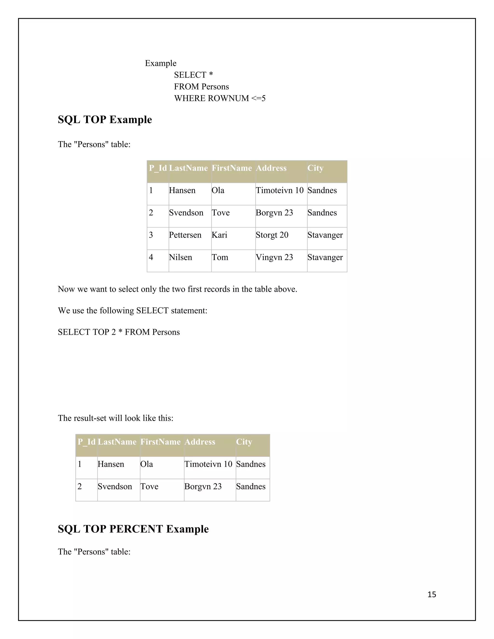 Example
                                SELECT *
                                FROM Persons
                                WHERE ROWNUM <=5

SQL TOP Example

The "Persons" table:

                           P_Id LastName FirstName Address             City

                           1     Hansen      Ola           Timoteivn 10 Sandnes

                           2     Svendson Tove             Borgvn 23   Sandnes

                           3     Pettersen   Kari          Storgt 20   Stavanger

                           4     Nilsen      Tom           Vingvn 23   Stavanger


Now we want to select only the two first records in the table above.

We use the following SELECT statement:

SELECT TOP 2 * FROM Persons




The result-set will look like this:

     P_Id LastName FirstName Address                City

     1      Hansen      Ola           Timoteivn 10 Sandnes

     2      Svendson Tove             Borgvn 23     Sandnes



SQL TOP PERCENT Example
The "Persons" table:



                                                                                   15
 