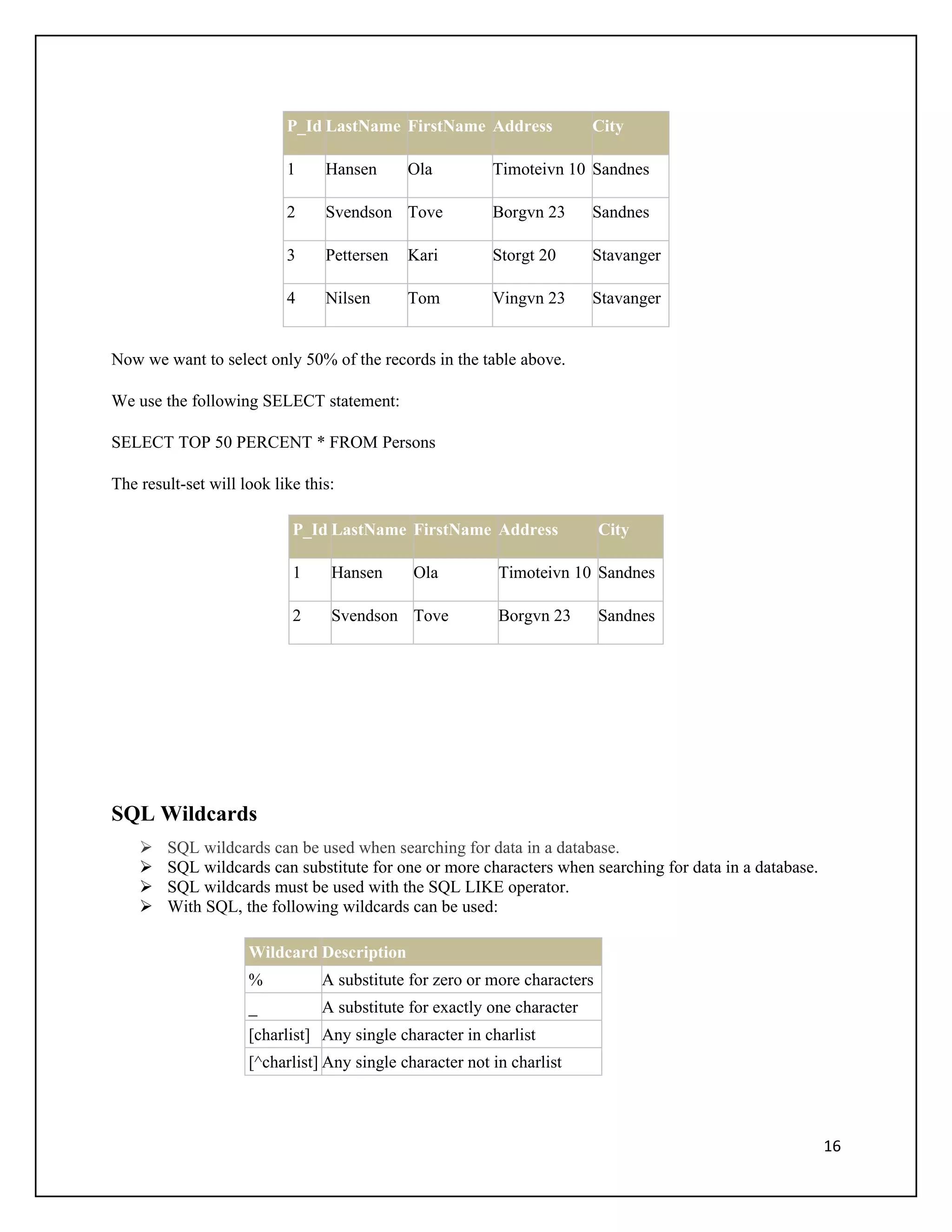 P_Id LastName FirstName Address                City

                           1     Hansen      Ola          Timoteivn 10 Sandnes

                           2     Svendson Tove            Borgvn 23       Sandnes

                           3     Pettersen   Kari         Storgt 20       Stavanger

                           4     Nilsen      Tom          Vingvn 23       Stavanger


Now we want to select only 50% of the records in the table above.

We use the following SELECT statement:

SELECT TOP 50 PERCENT * FROM Persons

The result-set will look like this:

                            P_Id LastName FirstName Address                 City

                            1     Hansen      Ola          Timoteivn 10 Sandnes

                            2     Svendson Tove            Borgvn 23        Sandnes




SQL Wildcards
       SQL wildcards can be used when searching for data in a database.
       SQL wildcards can substitute for one or more characters when searching for data in a database.
       SQL wildcards must be used with the SQL LIKE operator.
       With SQL, the following wildcards can be used:

                     Wildcard Description
                     %           A substitute for zero or more characters
                     _           A substitute for exactly one character
                     [charlist] Any single character in charlist
                     [^charlist] Any single character not in charlist



                                                                                                         16
 