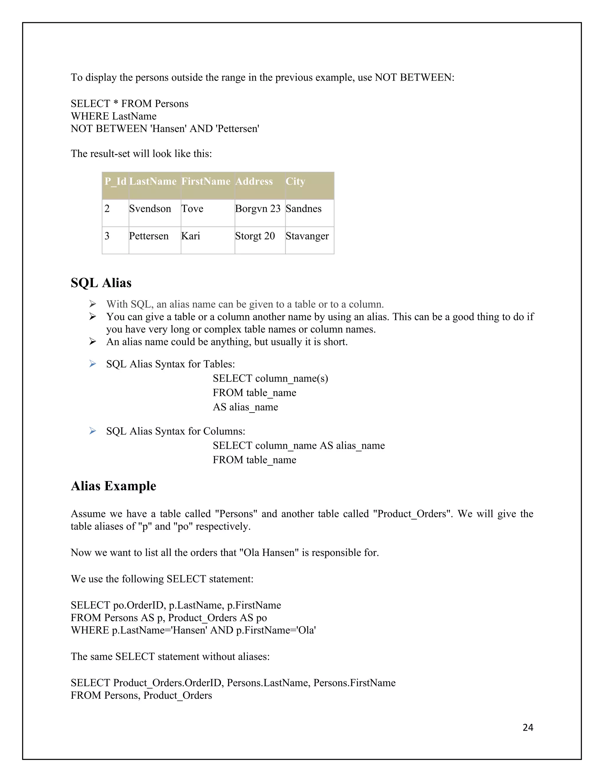 To display the persons outside the range in the previous example, use NOT BETWEEN:

SELECT * FROM Persons
WHERE LastName
NOT BETWEEN 'Hansen' AND 'Pettersen'

The result-set will look like this:

        P_Id LastName FirstName Address           City

        2     Svendson Tove           Borgvn 23 Sandnes

        3     Pettersen    Kari       Storgt 20 Stavanger



SQL Alias
     With SQL, an alias name can be given to a table or to a column.
     You can give a table or a column another name by using an alias. This can be a good thing to do if
      you have very long or complex table names or column names.
     An alias name could be anything, but usually it is short.

     SQL Alias Syntax for Tables:
                             SELECT column_name(s)
                             FROM table_name
                             AS alias_name

     SQL Alias Syntax for Columns:
                            SELECT column_name AS alias_name
                            FROM table_name

Alias Example
Assume we have a table called "Persons" and another table called "Product_Orders". We will give the
table aliases of "p" and "po" respectively.

Now we want to list all the orders that "Ola Hansen" is responsible for.

We use the following SELECT statement:

SELECT po.OrderID, p.LastName, p.FirstName
FROM Persons AS p, Product_Orders AS po
WHERE p.LastName='Hansen' AND p.FirstName='Ola'

The same SELECT statement without aliases:

SELECT Product_Orders.OrderID, Persons.LastName, Persons.FirstName
FROM Persons, Product_Orders

                                                                                                     24
 