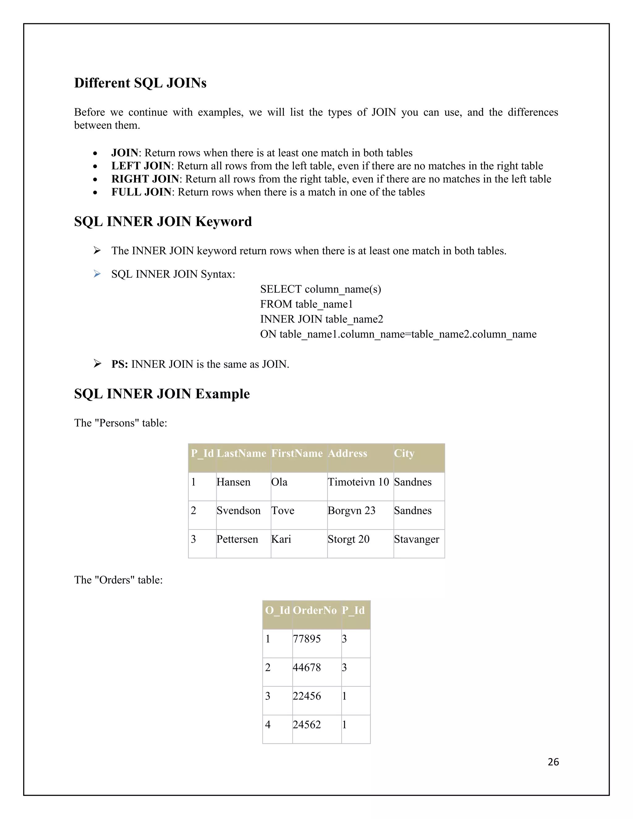 Different SQL JOINs
Before we continue with examples, we will list the types of JOIN you can use, and the differences
between them.

   •   JOIN: Return rows when there is at least one match in both tables
   •   LEFT JOIN: Return all rows from the left table, even if there are no matches in the right table
   •   RIGHT JOIN: Return all rows from the right table, even if there are no matches in the left table
   •   FULL JOIN: Return rows when there is a match in one of the tables

SQL INNER JOIN Keyword
    The INNER JOIN keyword return rows when there is at least one match in both tables.

    SQL INNER JOIN Syntax:
                                         SELECT column_name(s)
                                         FROM table_name1
                                         INNER JOIN table_name2
                                         ON table_name1.column_name=table_name2.column_name

    PS: INNER JOIN is the same as JOIN.

SQL INNER JOIN Example
The "Persons" table:

                        P_Id LastName FirstName Address                 City

                        1    Hansen          Ola            Timoteivn 10 Sandnes

                        2    Svendson Tove                  Borgvn 23   Sandnes

                        3    Pettersen       Kari           Storgt 20   Stavanger


The "Orders" table:

                                         O_Id OrderNo P_Id

                                         1          77895      3

                                         2          44678      3

                                         3          22456      1

                                         4          24562      1


                                                                                                      26
 