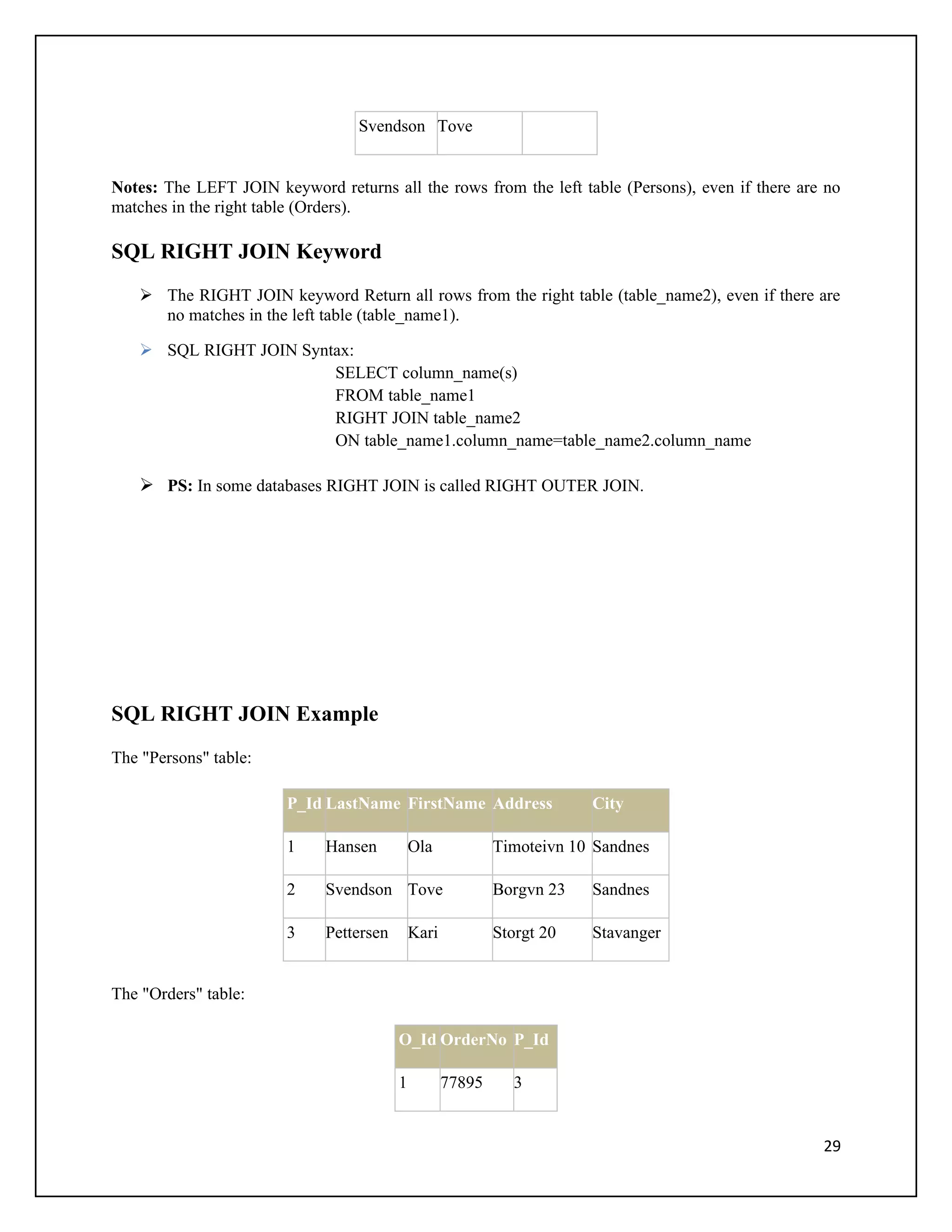 Svendson Tove


Notes: The LEFT JOIN keyword returns all the rows from the left table (Persons), even if there are no
matches in the right table (Orders).

SQL RIGHT JOIN Keyword
    The RIGHT JOIN keyword Return all rows from the right table (table_name2), even if there are
     no matches in the left table (table_name1).

    SQL RIGHT JOIN Syntax:
                        SELECT column_name(s)
                        FROM table_name1
                        RIGHT JOIN table_name2
                        ON table_name1.column_name=table_name2.column_name

    PS: In some databases RIGHT JOIN is called RIGHT OUTER JOIN.




SQL RIGHT JOIN Example
The "Persons" table:

                        P_Id LastName FirstName Address                 City

                        1    Hansen          Ola            Timoteivn 10 Sandnes

                        2    Svendson Tove                  Borgvn 23   Sandnes

                        3    Pettersen       Kari           Storgt 20   Stavanger


The "Orders" table:

                                         O_Id OrderNo P_Id

                                         1          77895      3


                                                                                                  29
 
