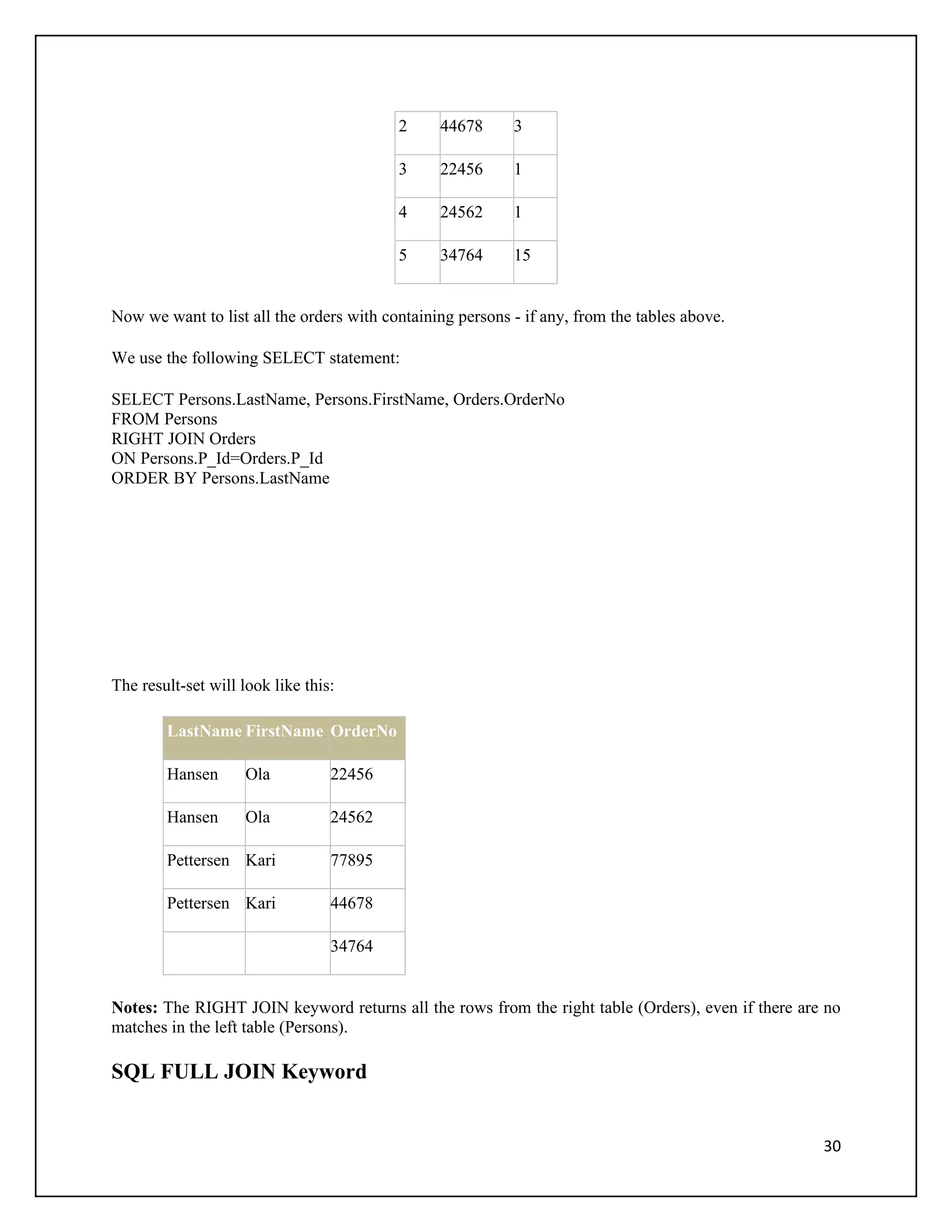 2     44678      3

                                          3     22456      1

                                          4     24562      1

                                          5     34764      15


Now we want to list all the orders with containing persons - if any, from the tables above.

We use the following SELECT statement:

SELECT Persons.LastName, Persons.FirstName, Orders.OrderNo
FROM Persons
RIGHT JOIN Orders
ON Persons.P_Id=Orders.P_Id
ORDER BY Persons.LastName




The result-set will look like this:

        LastName FirstName OrderNo

        Hansen       Ola          22456

        Hansen       Ola          24562

        Pettersen Kari            77895

        Pettersen Kari            44678

                                  34764


Notes: The RIGHT JOIN keyword returns all the rows from the right table (Orders), even if there are no
matches in the left table (Persons).

SQL FULL JOIN Keyword


                                                                                                   30
 
