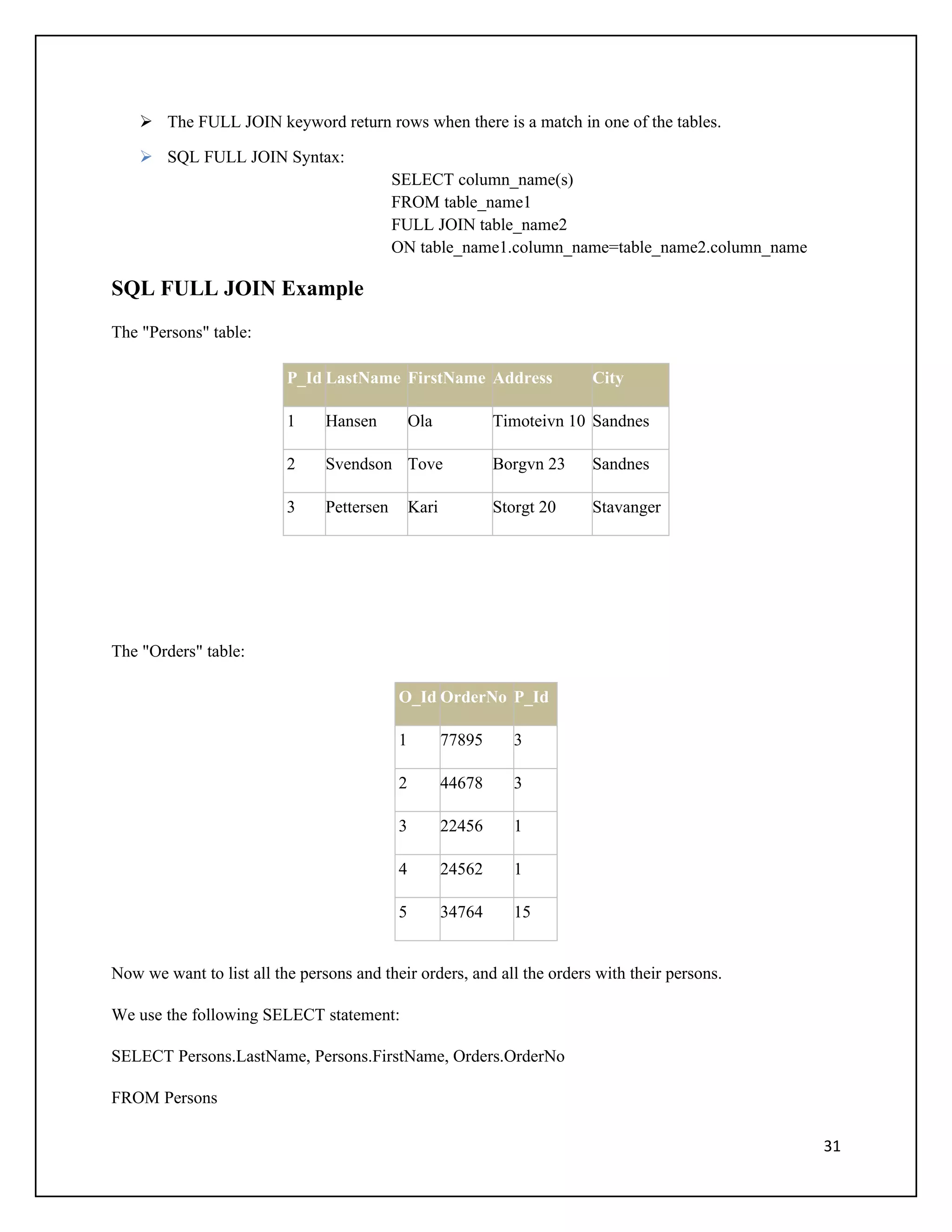  The FULL JOIN keyword return rows when there is a match in one of the tables.

     SQL FULL JOIN Syntax:
                                            SELECT column_name(s)
                                            FROM table_name1
                                            FULL JOIN table_name2
                                            ON table_name1.column_name=table_name2.column_name

SQL FULL JOIN Example
The "Persons" table:

                          P_Id LastName FirstName Address                  City

                          1     Hansen          Ola            Timoteivn 10 Sandnes

                          2     Svendson Tove                  Borgvn 23   Sandnes

                          3     Pettersen       Kari           Storgt 20   Stavanger




The "Orders" table:

                                            O_Id OrderNo P_Id

                                            1          77895      3

                                            2          44678      3

                                            3          22456      1

                                            4          24562      1

                                            5          34764      15


Now we want to list all the persons and their orders, and all the orders with their persons.

We use the following SELECT statement:

SELECT Persons.LastName, Persons.FirstName, Orders.OrderNo

FROM Persons

                                                                                                 31
 