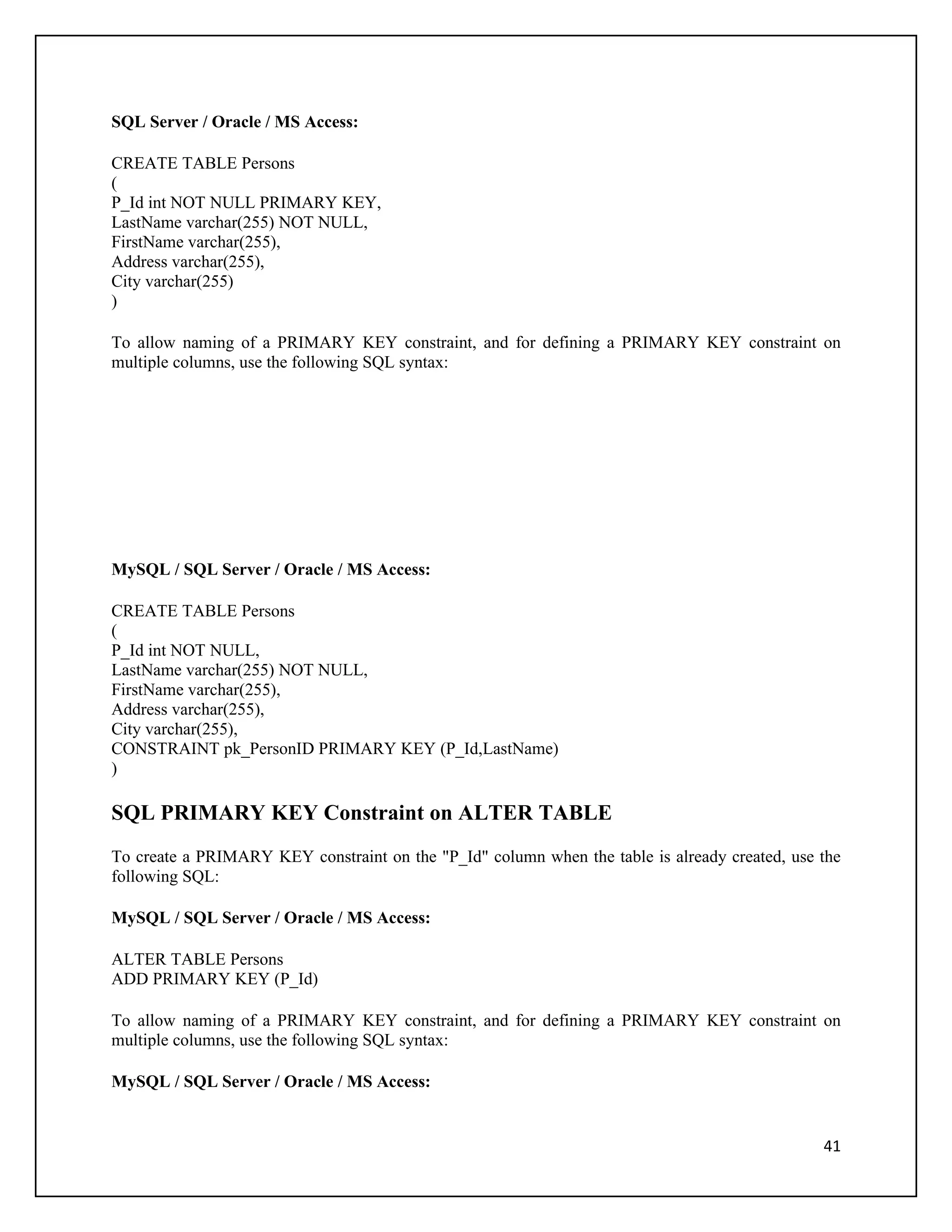 SQL Server / Oracle / MS Access:

CREATE TABLE Persons
(
P_Id int NOT NULL PRIMARY KEY,
LastName varchar(255) NOT NULL,
FirstName varchar(255),
Address varchar(255),
City varchar(255)
)

To allow naming of a PRIMARY KEY constraint, and for defining a PRIMARY KEY constraint on
multiple columns, use the following SQL syntax:




MySQL / SQL Server / Oracle / MS Access:

CREATE TABLE Persons
(
P_Id int NOT NULL,
LastName varchar(255) NOT NULL,
FirstName varchar(255),
Address varchar(255),
City varchar(255),
CONSTRAINT pk_PersonID PRIMARY KEY (P_Id,LastName)
)

SQL PRIMARY KEY Constraint on ALTER TABLE
To create a PRIMARY KEY constraint on the "P_Id" column when the table is already created, use the
following SQL:

MySQL / SQL Server / Oracle / MS Access:

ALTER TABLE Persons
ADD PRIMARY KEY (P_Id)

To allow naming of a PRIMARY KEY constraint, and for defining a PRIMARY KEY constraint on
multiple columns, use the following SQL syntax:

MySQL / SQL Server / Oracle / MS Access:


                                                                                               41
 