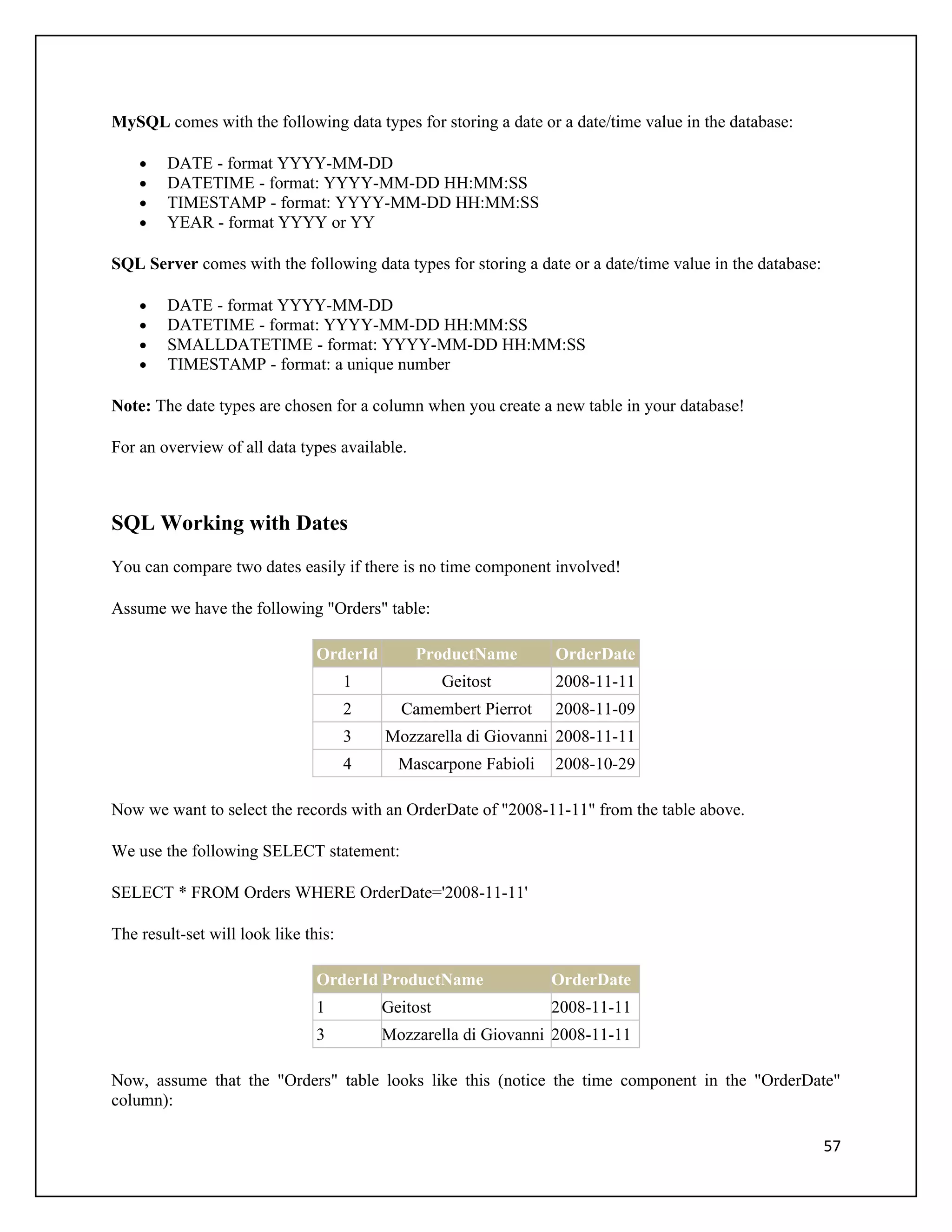 MySQL comes with the following data types for storing a date or a date/time value in the database:

    •   DATE - format YYYY-MM-DD
    •   DATETIME - format: YYYY-MM-DD HH:MM:SS
    •   TIMESTAMP - format: YYYY-MM-DD HH:MM:SS
    •   YEAR - format YYYY or YY

SQL Server comes with the following data types for storing a date or a date/time value in the database:

    •   DATE - format YYYY-MM-DD
    •   DATETIME - format: YYYY-MM-DD HH:MM:SS
    •   SMALLDATETIME - format: YYYY-MM-DD HH:MM:SS
    •   TIMESTAMP - format: a unique number

Note: The date types are chosen for a column when you create a new table in your database!

For an overview of all data types available.



SQL Working with Dates
You can compare two dates easily if there is no time component involved!

Assume we have the following "Orders" table:

                                OrderId        ProductName       OrderDate
                                      1             Geitost      2008-11-11
                                      2     Camembert Pierrot    2008-11-09
                                      3   Mozzarella di Giovanni 2008-11-11
                                      4     Mascarpone Fabioli   2008-10-29

Now we want to select the records with an OrderDate of "2008-11-11" from the table above.

We use the following SELECT statement:

SELECT * FROM Orders WHERE OrderDate='2008-11-11'

The result-set will look like this:

                                OrderId ProductName              OrderDate
                                1         Geitost                2008-11-11
                                3         Mozzarella di Giovanni 2008-11-11

Now, assume that the "Orders" table looks like this (notice the time component in the "OrderDate"
column):

                                                                                                          57
 
