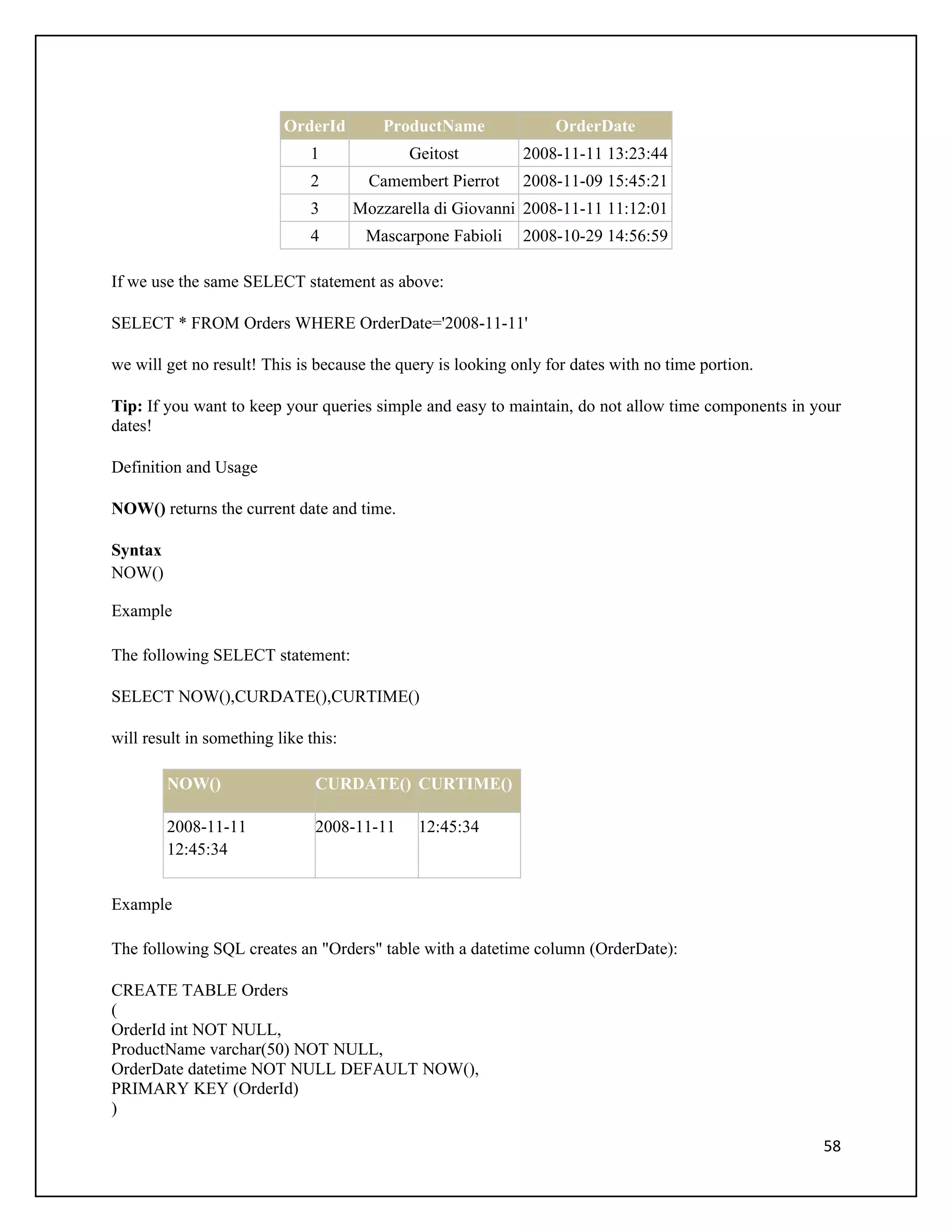 OrderId         ProductName             OrderDate
                              1              Geitost         2008-11-11 13:23:44
                              2         Camembert Pierrot    2008-11-09 15:45:21
                              3       Mozzarella di Giovanni 2008-11-11 11:12:01
                              4        Mascarpone Fabioli    2008-10-29 14:56:59

If we use the same SELECT statement as above:

SELECT * FROM Orders WHERE OrderDate='2008-11-11'

we will get no result! This is because the query is looking only for dates with no time portion.

Tip: If you want to keep your queries simple and easy to maintain, do not allow time components in your
dates!

Definition and Usage

NOW() returns the current date and time.

Syntax
NOW()

Example

The following SELECT statement:

SELECT NOW(),CURDATE(),CURTIME()

will result in something like this:

         NOW()                 CURDATE() CURTIME()

         2008-11-11            2008-11-11     12:45:34
         12:45:34


Example

The following SQL creates an "Orders" table with a datetime column (OrderDate):

CREATE TABLE Orders
(
OrderId int NOT NULL,
ProductName varchar(50) NOT NULL,
OrderDate datetime NOT NULL DEFAULT NOW(),
PRIMARY KEY (OrderId)
)

                                                                                                    58
 